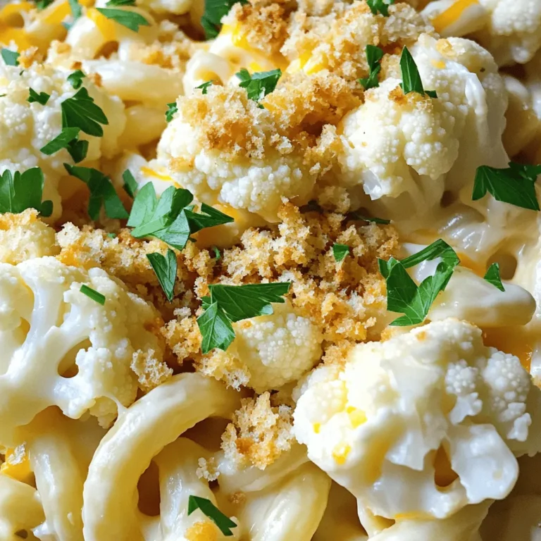- 1 medium head of cauliflower - 1 cup elbow macaroni - 2 tablespoons unsalted butter - 2 cups milk (dairy or non-dairy) - 1 ½ cups sharp cheddar cheese, shredded - ½ cup mozzarella cheese, shredded - Garlic powder, onion powder, smoked paprika - Salt and black pepper to taste - Breadcrumbs for topping - Fresh parsley for garnish To create a creamy and cheesy dish, you need these main ingredients. Start with one medium head of cauliflower, cut into small florets. This adds a nice texture. Use one cup of elbow macaroni to give you that classic pasta feel. The cheese is key. I love using one and a half cups of sharp cheddar cheese for a bold flavor. A half cup of mozzarella cheese adds creaminess. Next, you’ll want to melt two tablespoons of unsalted butter. This will help make the sauce rich. For the liquid, use two cups of milk. You can pick dairy or a non-dairy option, like almond or oat milk. Don’t forget about seasonings. Garlic powder, onion powder, and smoked paprika add depth. Use salt and black pepper to taste, as they enhance the dish. For an extra crunch, consider breadcrumbs on top. And a sprinkle of fresh parsley makes it look nice and bright! For the full recipe, check out the details on how to combine these ingredients perfectly. 1. Preheat the oven to 350°F (175°C). This step ensures your dish bakes evenly. 2. Boil salted water in a large pot. Add the macaroni and cook until al dente, then drain. 3. Steam the cauliflower florets in a steamer basket over boiling water until tender, about 5-7 minutes. Set aside. 1. In the same pot, melt 2 tablespoons of butter over medium heat. Stir in 2 tablespoons of flour to form a roux. Cook for 1-2 minutes, stirring constantly. 2. Gradually pour in 2 cups of milk while whisking. This helps create a smooth mixture. Keep whisking until the sauce thickens, about 3-5 minutes. 3. Lower the heat, then mix in 1 ½ cups of shredded sharp cheddar and ½ cup of shredded mozzarella cheese. Add garlic powder, onion powder, smoked paprika, and salt and pepper to taste. Stir until the cheese melts and the sauce is smooth. 1. Combine the drained macaroni and steamed cauliflower with the cheese sauce. Mix gently until everything is coated in that rich cheese. 2. Pour the mixture into a lightly greased baking dish. If desired, sprinkle breadcrumbs on top for added crunch. 3. Bake in the preheated oven for 20-25 minutes. Look for a golden and bubbly top. 4. Once baked, let your Cheesy Cauliflower Wonderland cool for a few minutes. Garnish with fresh parsley before serving. Enjoy your creamy comfort dish! For a complete guide, check the Full Recipe. To make your dish creamy, whisking is key. Whisking helps blend the milk and cheese. It keeps lumps from forming in your sauce. This simple step makes a big difference. You can also adjust your milk types. Full-fat milk adds richness. Non-dairy options, like almond milk, work too. Choose what you like best for creaminess. To boost flavor, try different cheese blends. Mixing cheddar and gouda can give a nice twist. You can also add spices for a kick. A pinch of cayenne or chili powder adds heat. Experiment to find what flavors you love. How you serve your dish matters. Individual portions look nice and feel special. Serving in a big dish is great for family meals. Consider garnishing with fresh parsley for color. A sprinkle of extra cheese can make it even better. Use a dish that highlights the creamy texture for more appeal. Enjoy making and sharing your Cauliflower Mac and Cheese! For the complete recipe, check the Full Recipe section. {{image_4}} You can switch out the macaroni for gluten-free pasta. Look for rice or quinoa pasta. These work well and keep the dish tasty. For dairy-free options, try nut-based cheeses. Almond or cashew cheese melts nicely. Want to boost flavor? Add cooked bacon or ham for a savory kick. These add richness that makes the dish even better. You can also toss in veggies like spinach or broccoli. They add color and nutrients, making your meal more balanced. If you're in a hurry, try making this in an Instant Pot. It cooks faster and tastes just as good. For vegan diets, use nut-based cheeses instead of dairy. You’ll still get a creamy texture and great flavor. To keep your cauliflower mac and cheese fresh, store it in an airtight container. This helps prevent drying out and keeps flavors strong. You can keep it in the fridge for about three to five days. If you notice any signs of spoilage, toss it out to stay safe. If you want to save portions for later, freezing is a great option. First, let the dish cool completely. Then, scoop it into freezer-safe containers or bags. Make sure to leave some space for expansion. You can freeze it for up to three months. To reheat, thaw it in the fridge overnight. Then, warm it in the oven at 350°F (175°C) until hot through. You can also microwave it, but keep an eye on it so it doesn't dry out. Don't let leftovers go to waste! You can use cauliflower mac and cheese in many ways. Mix it into a vegetable soup for a creamy base. You can also make a delicious casserole by adding cooked chicken or vegetables. Another fun idea is to stuff it into bell peppers, then bake until golden. These creative ways will add variety to your meals and keep things exciting! Yes, you can use different pasta types. If you want gluten-free, try rice or quinoa pasta. For a low-carb option, use spiralized zucchini or shirataki noodles. Both choices work well with the creamy cheese sauce. To add heat, include cayenne pepper or crushed red pepper flakes. You can also mix in diced jalapeños or a splash of hot sauce. These add bold flavor while keeping the dish creamy and rich. Yes, cauliflower mac is often lower in calories and carbs. Cauliflower packs vitamins and fiber. For a healthier twist, use low-fat cheese and replace some milk with broth. This keeps the taste creamy without the extra fat. For the complete recipe, check out the [Full Recipe]. Cauliflower mac and cheese is a tasty twist on a classic dish. We combined cauliflower and pasta with a creamy cheese sauce for great flavor. Remember to whisk well for a creamy texture and have fun with spices. You can even adjust for dietary needs with alternatives. Enjoy leftovers in new ways, too! Making this dish allows you to impress anyone at your table. Get creative, and have a delicious meal today!