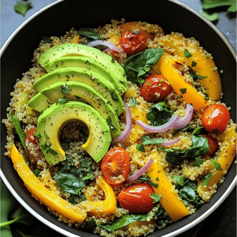 - 1 cup quinoa - 2 cups vegetable broth (or water) - 1 cup cherry tomatoes, halved - 1 bell pepper, diced (choose your favorite color) - 1 small red onion, finely chopped - 1/2 cup fresh spinach, roughly chopped - 1 perfectly ripe avocado, sliced - 1 teaspoon garlic powder - 1 teaspoon smoked paprika - Salt and black pepper, to taste - 2 tablespoons extra virgin olive oil - Fresh herbs (such as parsley or cilantro) for a vibrant garnish This recipe brings together simple, fresh ingredients to create a healthy dish. Quinoa is the star here. It is packed with protein and fiber. You can use vegetable broth or water to cook the quinoa. I prefer broth for a deeper flavor. Fresh vegetables are key to this dish. Cherry tomatoes add sweetness. Bell peppers give a nice crunch, while red onion offers a bit of sharpness. Spinach adds a bright green touch and plenty of nutrients. Seasonings like garlic powder and smoked paprika add warmth and depth. Salt and black pepper help highlight all the flavors. To finish, you can add creamy avocado slices and fresh herbs. They not only make the dish look beautiful, but they also add freshness. For the full recipe, check out the details above. Enjoy your cooking! 1. First, rinse the quinoa thoroughly under cold water. This step removes any bitter taste. 2. Next, combine the rinsed quinoa and vegetable broth in a medium saucepan. This mix adds flavor. 3. Bring this mixture to a boil over medium-high heat. Once it boils, reduce the heat to low. 4. Cover the saucepan with a lid and let it simmer for about 15 minutes. The quinoa will be fluffy and the liquid will be absorbed. 1. While the quinoa cooks, heat 2 tablespoons of extra virgin olive oil in a large skillet over medium heat. 2. Add the finely chopped red onion and diced bell pepper to the pan. Sauté these for about 5 minutes. 3. After that, add the halved cherry tomatoes to the skillet. Cook for an additional 3 minutes until they blister. 4. Stir in the roughly chopped spinach and let it cook for 1-2 minutes until it wilts. 5. Sprinkle the mix with garlic powder, smoked paprika, salt, and black pepper. Stir well to blend the flavors. 1. Once the quinoa is cooked, add it to the skillet with the sautéed vegetables. 2. Toss everything gently until combined and heated through, which takes about 2-3 minutes. 3. Serve your savory quinoa hot, topped with slices of avocado. Add fresh herbs for a lovely finish. For the complete recipe, check the [Full Recipe]. To make the best savory breakfast quinoa, always use broth instead of water. Broth adds rich flavor. You can use vegetable or chicken broth, depending on your taste. Avoid overcooking the quinoa. When cooked just right, it becomes fluffy. Watch it closely as it simmers. Quinoa usually takes about 15 minutes to cook. Once the liquid is gone, it's ready to serve. Savory breakfast quinoa pairs well with many sides. Try serving it with fresh fruit or Greek yogurt. You can also add a fried egg on top for extra protein. For a creative touch, serve it in a bowl with colorful layers. Use the vibrant veggies to create a fun look. A sprinkle of fresh herbs on top makes it even prettier. Quinoa is packed with nutrients. It has high protein and fiber content, making it filling. This grain also contains essential vitamins. You'll find magnesium, B vitamins, and iron. These nutrients help keep you energized throughout the day. Incorporating quinoa into your breakfast boosts your overall health. You can enjoy all these benefits while savoring your meal. For the full recipe, check the [Full Recipe]. {{image_4}} To make Savory Breakfast Quinoa fit dietary needs, consider vegan and gluten-free options. Quinoa is naturally gluten-free, so you can enjoy it without worry. For a vegan twist, use vegetable broth instead of chicken broth. This keeps your dish vibrant and plant-based. You can also mix in other vegetables for added flavor and nutrition. Try zucchini, kale, or mushrooms. Each brings a unique taste and texture. You can use what you have in your fridge. This makes the dish easy and fun to customize. To elevate your quinoa, add spices or cheese. A sprinkle of cumin or curry powder can add warmth. If you like cheese, try feta or goat cheese. These add creaminess and a salty kick. Incorporating beans or legumes boosts the protein level. Black beans, chickpeas, or lentils work well. They not only make the dish heartier but also enhance the flavor. You can mix them in as you sauté the veggies. For a complete experience, look at the Full Recipe for more detailed steps and variations. To keep your savory breakfast quinoa fresh, follow these tips: - Refrigeration: Place the quinoa in an airtight container. Store it in the fridge. It will stay fresh for up to 5 days. - Freezing: To freeze, let the quinoa cool completely. Place it in freezer-safe bags. Remove excess air and seal. It can last for up to 3 months. - Reheating: Thaw frozen quinoa overnight in the fridge. Reheat it in a microwave or on the stove. Add a splash of water to keep it moist. How long does savory breakfast quinoa last? When stored properly, it lasts up to 5 days in the fridge and 3 months in the freezer. What are the signs of spoilage? Watch for these signs: - Off smell or odd color. - Mold or unusual texture. - Dry or hard pieces. If you notice any of these, it’s best to discard it. Enjoy your savory breakfast quinoa fresh for the best flavor! For the full recipe, check out the earlier section. Yes, you can make Savory Breakfast Quinoa ahead of time. To do this, cook it as directed in the Full Recipe. Once it cools, store it in an airtight container. Keep it in the fridge for up to four days. When you're ready to eat, just reheat it in the microwave or on the stove. Adding a bit of water can help it stay moist. If you don’t like quinoa, there are great alternatives. Brown rice is a popular choice. It has a similar texture and nutty flavor. You can also use farro, which adds a chewy bite. Other options include bulgur or millet. Each one offers a different taste and texture, so feel free to try them. To make this recipe for meal prep, double the ingredient amounts. This gives you more servings for the week. Once cooked, let it cool, then portion it into meal prep containers. You can add toppings like avocado fresh each day to keep them tasty. This method saves time and keeps your meals exciting. Savory breakfast quinoa is easy to make and packed with nutrients. We covered the main ingredients, cooking steps, and tips for delicious flavors. You can customize this dish to fit your dietary needs. Remember to store any leftovers properly to keep them fresh. With this guide, you can enjoy a healthy and satisfying breakfast every day. I hope you feel inspired to try this recipe and make it your own!