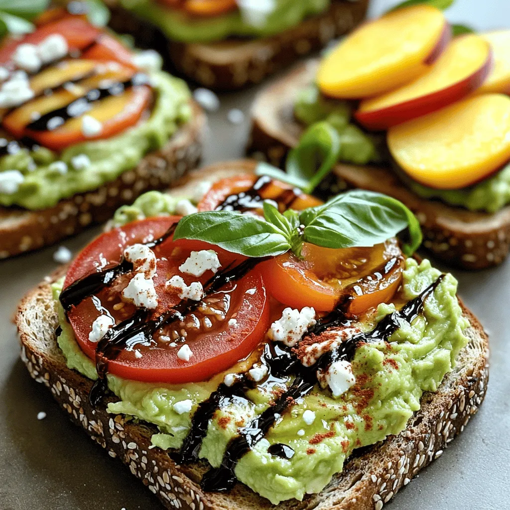 - Ripe avocados - Whole-grain bread - Optional toppings: - Feta cheese - Tomatoes - Peaches - Basil Ripe avocados are the star of this dish. They should be soft yet firm. Whole-grain bread adds a hearty touch. You can use any bread you like, but whole grain adds great flavor. Toppings can make your toast special. Feta cheese gives a salty bite. Fresh tomatoes add juicy freshness. Sweet peaches can balance the taste. Fresh basil brings a nice herbal note. - Lime juice - Salt and cracked pepper - Balsamic glaze Seasoning is key to great flavor. Lime juice adds a zesty kick. Salt and cracked pepper enhance all the tastes. Drizzling balsamic glaze offers a sweet and tangy finish. Use these ingredients to take your toast to the next level. - Serving suggestions: - Side salads - Smoothies Pairing your avocado toast with a side salad can add crunch and freshness. A smoothie can also complement it well, adding nutrition and flavor. - Beverage pairings: - Coffee - Fresh juice Coffee can bring warmth and richness to your meal. Fresh juice adds a bright note and can refresh your palate. Enjoy your meal with these tasty drinks! To start, you need to toast the bread. You can use a toaster or grill it. If grilling, use medium heat. This will give your bread a nice golden-brown color. I recommend using whole-grain bread for the best taste. It adds fiber and a nutty flavor that pairs well with the creamy avocado. Next, let’s mash the avocados. Scoop out the flesh and squeeze in lime juice. This helps keep the color bright. Season with salt and cracked pepper. For the best texture, mash gently with a fork. You want some chunks for that perfect bite. To enhance flavor, try adding spices like smoked paprika or fresh herbs like cilantro or basil. Now it’s time to assemble. Spread the mashed avocado on each slice of toast. Make sure to cover it fully for great flavor. For a savory twist, add sliced tomatoes on top. Then sprinkle crumbled feta cheese over that. Drizzle balsamic glaze to add sweetness and depth. For a sweet twist, place thin peach slices on the avocado. Garnish with fresh basil leaves for a refreshing touch. Drizzle a little balsamic glaze here too. Avoid the mistake of overloading your toast. Keep it simple for the best taste. For a complete guide, check the Full Recipe. Enjoy your tasty creations! To make great avocado toast, you need ripe avocados. Look for ones that are slightly soft when you press them gently. If they are hard, let them ripen on your counter for a few days. Once ripe, store them in the fridge to slow down browning. To prevent browning, squeeze lime juice on the mashed avocado. The acid helps keep it fresh. You can also cover the avocado with plastic wrap, pressing it against the surface. This reduces air exposure. Plating your avocado toast can make it extra special. Use a large platter and arrange the toast in a fun pattern. Stack the savory and sweet variations next to each other for contrast. For garnishing, sprinkle fresh herbs like basil or cilantro on top. You can also use colorful toppings, like sliced tomatoes or peaches. This makes your dish look fresh and appealing. One common mistake is over-mashing the avocado. You want some chunks for texture. A little creaminess is nice, but too much makes it mushy. Another mistake is using stale or unsuitable bread. Choose fresh whole-grain bread for the best taste. If the bread is dry, it won't hold the toppings well. Always toast it until it’s golden brown and crisp. {{image_4}} For a classic savory avocado toast, start with simple ingredients. You need: - 2 ripe avocados - 4 slices of whole-grain bread - 1 medium tomato, thinly sliced - 1/4 cup feta cheese, crumbled - 1 tablespoon balsamic glaze - 1 teaspoon smoked paprika - Juice of 1 lime - Salt and freshly cracked pepper to taste To make it, toast the bread until golden. Mash the avocado, adding lime juice, salt, and pepper. Spread it on the toast. Top with tomato slices and feta cheese. Drizzle with balsamic glaze and sprinkle smoked paprika for extra flavor. This toast is rich and satisfying. If you want a sweet twist, try this unique combination. Use: - 2 ripe avocados - 4 slices of whole-grain bread - 1 ripe peach, thinly sliced - Fresh basil leaves, for garnish - Juice of 1 lime - Salt and freshly cracked pepper to taste After toasting the bread, mash the avocado as before. Spread it on the toast. Then, layer thin peach slices on top. Add fresh basil for a pop of color and flavor. Drizzle with balsamic glaze to balance the sweetness. This toast is refreshing and fun. Explore global flavors for your avocado toast. Here are some ideas: - Mediterranean: Use ingredients like olives, sun-dried tomatoes, and a sprinkle of oregano. - Asian: Add sesame seeds, sliced radishes, and a drizzle of soy sauce for a unique taste. You can swap ingredients to match these themes. For example, use pita bread for Mediterranean or rice cakes for Asian flair. These variations will take your avocado toast to new heights, adding exciting flavors from around the world. For a complete guide, check out the Full Recipe. To keep your avocados fresh, store them in a cool, dry place. If you cut an avocado, sprinkle some lime juice on the flesh. This helps keep it from turning brown. Wrap it tightly in plastic wrap or place it in an airtight container. Whole-grain bread should sit in a cool, dark spot. For longer storage, keep it in the fridge. Just make sure it’s in a bag to prevent it from drying out. You can store assembled avocado toast, but it’s not ideal. The bread gets soggy from the avocado. If you must store it, place the toast in an airtight container. Try to eat it within a few hours for the best taste. For longer shelf life, keep the ingredients separate. Assemble them right before you want to eat. You can freeze avocado toast, but it takes some prep. Start by mashing the avocado and mixing it with lime juice. Spread the mixture on toasted bread. Wrap each piece in plastic wrap, then place them in a freezer bag. When you’re ready to eat, thaw in the fridge overnight. Toast again to bring back the crunch. This way, you enjoy quick meals without losing flavor. Whole-grain bread is great for avocado toast. It adds fiber and nutrients. You can also use sourdough or rye. These breads have a good texture and flavor. Choose bread that is fresh and sturdy. This way, it holds the toppings well. To keep avocado green, use lime juice. The acid slows browning. Spread the avocado right before serving. Cover the toast tightly if you need to store it. Use plastic wrap to keep air out. This will help keep it fresh longer. You can prep the toppings in advance. Store the mashed avocado in an airtight container. Add lime juice to help keep it green. Toast the bread just before serving. This way, your toast stays crispy and tasty. Avocado is full of healthy fats. It has fiber, vitamins, and minerals. These nutrients help with heart health. They also support good digestion. Eating avocado toast can keep you full for longer. It is a smart choice for breakfast or a snack. Avocado toast is simple, tasty, and versatile. You learned about key ingredients, seasonings, and ways to enhance your toast. We covered preparation methods, common mistakes, and creative variations. As a final thought, avocado toast can fit any meal. With practice, you'll master your own style. Enjoy making it fresh and fun, just how you like!