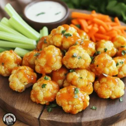 To make Buffalo Cauliflower Bites, you'll need a few simple ingredients. Here’s the list: - Cauliflower florets - Batter ingredients: - 1 cup all-purpose flour - 1 cup water - 1 teaspoon garlic powder - 1 teaspoon onion powder - 1 teaspoon paprika - 1 teaspoon cayenne pepper (adjust based on heat preference) - Salt and pepper to taste - 1 cup buffalo sauce (choose your favorite store-bought or homemade) - 2 tablespoons olive oil - Optional serving accompaniments: - Diced celery - Carrot sticks - Ranch dressing or blue cheese dressing for dipping These ingredients work together to create flavorful bites. The cauliflower gives a nice texture, while the batter adds crunch. The buffalo sauce brings that spicy kick we love. Feel free to customize the heat level by adding more or less cayenne pepper. Enjoy the process of gathering these items; it’s the first step to a delicious dish! For the full recipe, refer to the earlier section. 1. Preheat your oven to 450°F (230°C). This makes sure the bites get crispy. 2. Line a large baking sheet with parchment paper. This will help prevent sticking. 3. In a big bowl, mix together the flour, water, garlic powder, onion powder, paprika, cayenne pepper, and a pinch of salt and pepper. Whisk it until smooth. 4. Now, take each cauliflower floret and dip it in the batter. Make sure it coats every side well. 5. Place each coated floret on the baking sheet with space between them. 1. Slide the baking sheet into the oven and bake for 20-25 minutes. Look for a rich golden brown color. 2. While the cauliflower bakes, prepare the buffalo sauce. In a small bowl, mix the buffalo sauce with olive oil. Stir it well until it’s blended. 1. When the cauliflower is done baking, take it out and let it cool for about 5 minutes. 2. In a large bowl, toss the baked cauliflower with the buffalo sauce. Make sure every piece gets that spicy flavor. 3. Return the sauced cauliflower to the baking sheet and bake for another 10-15 minutes. This will caramelize the sauce for more flavor. You can find the full recipe with all details included. Enjoy your cooking! To make your Buffalo Cauliflower Bites truly shine, focus on even coating. Dip each floret in the batter and ensure all sides are covered. This step is key to getting that bold flavor in every bite. For crispiness, bake the florets for 20 to 25 minutes at 450°F (230°C). Keep an eye on them as they brown. If you want extra crunch, bake them a little longer. Serve these bites with sides like celery sticks or carrot sticks. They add a nice crunch and freshness. You can also pair them with a fresh salad for a well-rounded meal. For dipping sauces, ranch or blue cheese dressing works great. The coolness of the dressing balances the spicy buffalo sauce. You can even try a yogurt-based dip for a healthier twist. For a full recipe, check the complete guide above! {{image_4}} To make vegan Buffalo cauliflower bites, you need to swap a few items. Use plant-based milk instead of water in the batter. You can also replace the buffalo sauce with a vegan version. Many brands offer this option, or you can make your own using hot sauce and a vegan butter substitute. This keeps the flavor rich while staying true to vegan standards. If you need a gluten-free option, choose alternative flours. Almond flour or chickpea flour works well in place of all-purpose flour. Both options give a nice texture and flavor. Make sure to check that your buffalo sauce is also gluten-free. Some brands add gluten, so read the labels carefully. You can easily adjust the spice level to suit your taste. To make the bites milder, reduce the cayenne pepper in the batter. You can also use a milder buffalo sauce. If you love heat, add more cayenne or try a hotter sauce. Experiment with different levels to find what you like best. To store your Buffalo Cauliflower Bites, allow them to cool first. Once cooled, place them in an airtight container. This keeps them fresh longer. Store the bites in the fridge for up to three days. When you want to eat them again, simply reheat in an oven or toaster oven. This way, they will regain some of their crispness. If you want to keep them longer, freezing is a great option. First, let the baked cauliflower bites cool completely. Then, spread them out on a baking sheet and freeze for about an hour. This prevents them from sticking together. After that, transfer the frozen bites to a freezer-safe bag. They will stay good for up to three months. To reheat, remove the bites from the freezer and do not thaw. Preheat your oven to 400°F (200°C). Place the frozen bites on a baking sheet and bake for 15-20 minutes. This will help them get crispy again. Enjoy your tasty treat! For the full recipe, check out the details above. Buffalo Cauliflower Bites can last in the fridge for about 3 to 5 days. Store them in an airtight container to keep them fresh. If you want the best taste, enjoy them within the first few days. They might lose some crunch after sitting. Yes, you can make Buffalo Cauliflower Bites ahead of time. Prepare them as directed, but stop before the second bake. After the first bake, let them cool and store them in the fridge. When you’re ready to serve, toss them in the buffalo sauce and do the second bake. This keeps them fresh and tasty. You can serve Buffalo Cauliflower Bites with many tasty sides. Here are a few ideas: - Celery sticks - Carrot sticks - A fresh salad - French fries - Potato wedges - Drinks like soda or beer work well too. Making homemade buffalo sauce is easy. Here’s a simple recipe: - 1 cup hot sauce (like Frank's RedHot) - ½ cup melted butter - 1 tablespoon vinegar - 1 teaspoon garlic powder - Salt to taste Mix all the ingredients in a bowl until smooth. You can adjust the heat by adding more hot sauce or butter to balance it out. Use this sauce to coat your baked cauliflower for a perfect kick! For the full recipe, check the [Full Recipe]. Buffalo Cauliflower Bites are easy to make and delicious. You start with simple ingredients like cauliflower, flour, and spices. After prepping and baking, you toss them in tasty buffalo sauce. Remember to coat evenly for the best flavor. You can adjust spiciness and even make vegan or gluten-free options. Store leftovers in the fridge or freeze for later. These bites pair well with many sides and sauces. Now, go ahead and enjoy these bites; they are perfect for sharing or savoring alone.