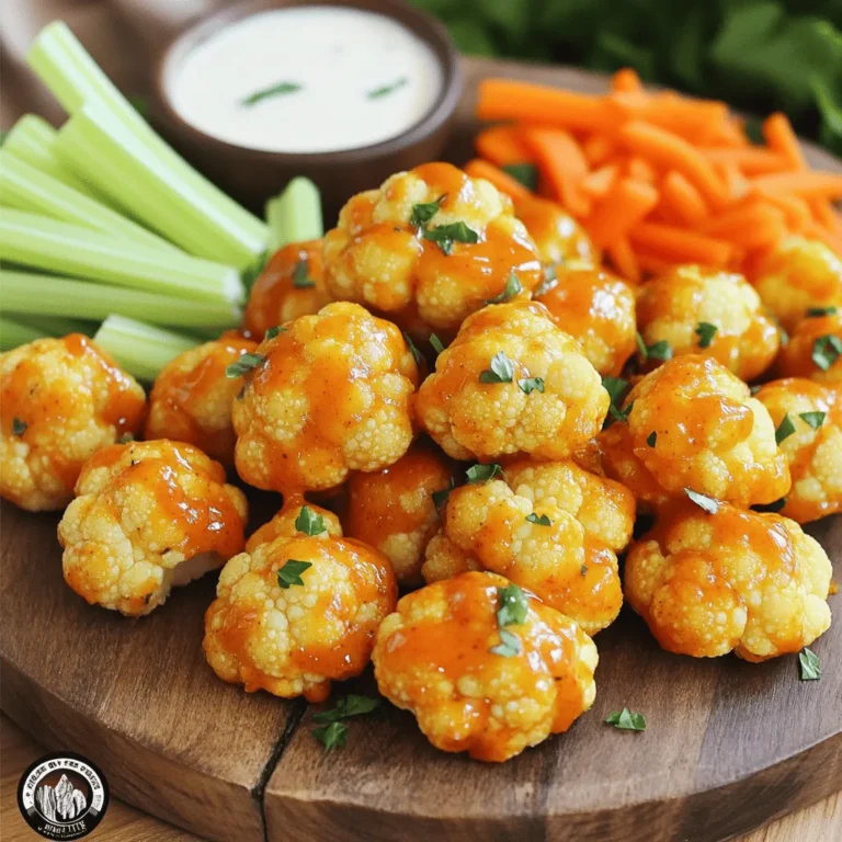 To make Buffalo Cauliflower Bites, you'll need a few simple ingredients. Here’s the list: - Cauliflower florets - Batter ingredients: - 1 cup all-purpose flour - 1 cup water - 1 teaspoon garlic powder - 1 teaspoon onion powder - 1 teaspoon paprika - 1 teaspoon cayenne pepper (adjust based on heat preference) - Salt and pepper to taste - 1 cup buffalo sauce (choose your favorite store-bought or homemade) - 2 tablespoons olive oil - Optional serving accompaniments: - Diced celery - Carrot sticks - Ranch dressing or blue cheese dressing for dipping These ingredients work together to create flavorful bites. The cauliflower gives a nice texture, while the batter adds crunch. The buffalo sauce brings that spicy kick we love. Feel free to customize the heat level by adding more or less cayenne pepper. Enjoy the process of gathering these items; it’s the first step to a delicious dish! For the full recipe, refer to the earlier section. 1. Preheat your oven to 450°F (230°C). This makes sure the bites get crispy. 2. Line a large baking sheet with parchment paper. This will help prevent sticking. 3. In a big bowl, mix together the flour, water, garlic powder, onion powder, paprika, cayenne pepper, and a pinch of salt and pepper. Whisk it until smooth. 4. Now, take each cauliflower floret and dip it in the batter. Make sure it coats every side well. 5. Place each coated floret on the baking sheet with space between them. 1. Slide the baking sheet into the oven and bake for 20-25 minutes. Look for a rich golden brown color. 2. While the cauliflower bakes, prepare the buffalo sauce. In a small bowl, mix the buffalo sauce with olive oil. Stir it well until it’s blended. 1. When the cauliflower is done baking, take it out and let it cool for about 5 minutes. 2. In a large bowl, toss the baked cauliflower with the buffalo sauce. Make sure every piece gets that spicy flavor. 3. Return the sauced cauliflower to the baking sheet and bake for another 10-15 minutes. This will caramelize the sauce for more flavor. You can find the full recipe with all details included. Enjoy your cooking! To make your Buffalo Cauliflower Bites truly shine, focus on even coating. Dip each floret in the batter and ensure all sides are covered. This step is key to getting that bold flavor in every bite. For crispiness, bake the florets for 20 to 25 minutes at 450°F (230°C). Keep an eye on them as they brown. If you want extra crunch, bake them a little longer. Serve these bites with sides like celery sticks or carrot sticks. They add a nice crunch and freshness. You can also pair them with a fresh salad for a well-rounded meal. For dipping sauces, ranch or blue cheese dressing works great. The coolness of the dressing balances the spicy buffalo sauce. You can even try a yogurt-based dip for a healthier twist. For a full recipe, check the complete guide above! {{image_4}} To make vegan Buffalo cauliflower bites, you need to swap a few items. Use plant-based milk instead of water in the batter. You can also replace the buffalo sauce with a vegan version. Many brands offer this option, or you can make your own using hot sauce and a vegan butter substitute. This keeps the flavor rich while staying true to vegan standards. If you need a gluten-free option, choose alternative flours. Almond flour or chickpea flour works well in place of all-purpose flour. Both options give a nice texture and flavor. Make sure to check that your buffalo sauce is also gluten-free. Some brands add gluten, so read the labels carefully. You can easily adjust the spice level to suit your taste. To make the bites milder, reduce the cayenne pepper in the batter. You can also use a milder buffalo sauce. If you love heat, add more cayenne or try a hotter sauce. Experiment with different levels to find what you like best. To store your Buffalo Cauliflower Bites, allow them to cool first. Once cooled, place them in an airtight container. This keeps them fresh longer. Store the bites in the fridge for up to three days. When you want to eat them again, simply reheat in an oven or toaster oven. This way, they will regain some of their crispness. If you want to keep them longer, freezing is a great option. First, let the baked cauliflower bites cool completely. Then, spread them out on a baking sheet and freeze for about an hour. This prevents them from sticking together. After that, transfer the frozen bites to a freezer-safe bag. They will stay good for up to three months. To reheat, remove the bites from the freezer and do not thaw. Preheat your oven to 400°F (200°C). Place the frozen bites on a baking sheet and bake for 15-20 minutes. This will help them get crispy again. Enjoy your tasty treat! For the full recipe, check out the details above. Buffalo Cauliflower Bites can last in the fridge for about 3 to 5 days. Store them in an airtight container to keep them fresh. If you want the best taste, enjoy them within the first few days. They might lose some crunch after sitting. Yes, you can make Buffalo Cauliflower Bites ahead of time. Prepare them as directed, but stop before the second bake. After the first bake, let them cool and store them in the fridge. When you’re ready to serve, toss them in the buffalo sauce and do the second bake. This keeps them fresh and tasty. You can serve Buffalo Cauliflower Bites with many tasty sides. Here are a few ideas: - Celery sticks - Carrot sticks - A fresh salad - French fries - Potato wedges - Drinks like soda or beer work well too. Making homemade buffalo sauce is easy. Here’s a simple recipe: - 1 cup hot sauce (like Frank's RedHot) - ½ cup melted butter - 1 tablespoon vinegar - 1 teaspoon garlic powder - Salt to taste Mix all the ingredients in a bowl until smooth. You can adjust the heat by adding more hot sauce or butter to balance it out. Use this sauce to coat your baked cauliflower for a perfect kick! For the full recipe, check the [Full Recipe]. Buffalo Cauliflower Bites are easy to make and delicious. You start with simple ingredients like cauliflower, flour, and spices. After prepping and baking, you toss them in tasty buffalo sauce. Remember to coat evenly for the best flavor. You can adjust spiciness and even make vegan or gluten-free options. Store leftovers in the fridge or freeze for later. These bites pair well with many sides and sauces. Now, go ahead and enjoy these bites; they are perfect for sharing or savoring alone.