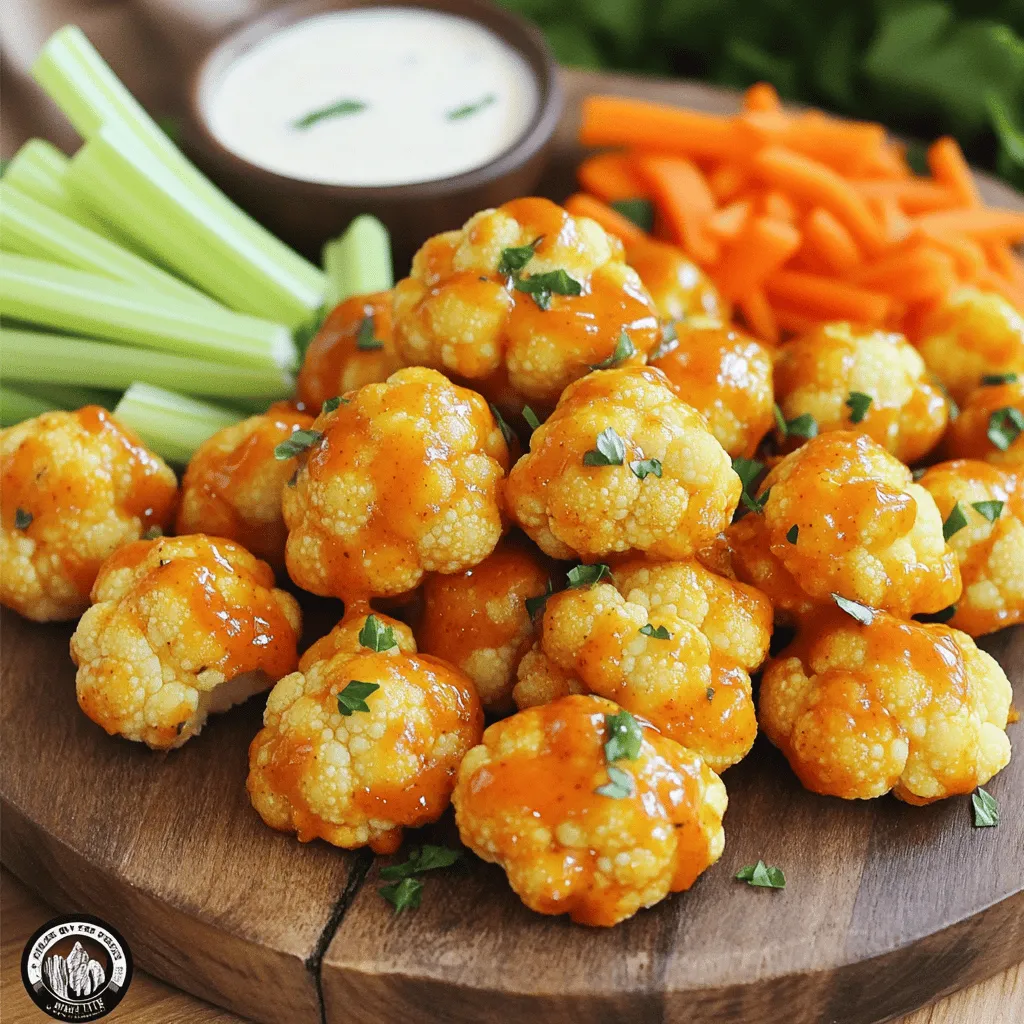 To make Buffalo Cauliflower Bites, you'll need a few simple ingredients. Here’s the list: - Cauliflower florets - Batter ingredients: - 1 cup all-purpose flour - 1 cup water - 1 teaspoon garlic powder - 1 teaspoon onion powder - 1 teaspoon paprika - 1 teaspoon cayenne pepper (adjust based on heat preference) - Salt and pepper to taste - 1 cup buffalo sauce (choose your favorite store-bought or homemade) - 2 tablespoons olive oil - Optional serving accompaniments: - Diced celery - Carrot sticks - Ranch dressing or blue cheese dressing for dipping These ingredients work together to create flavorful bites. The cauliflower gives a nice texture, while the batter adds crunch. The buffalo sauce brings that spicy kick we love. Feel free to customize the heat level by adding more or less cayenne pepper. Enjoy the process of gathering these items; it’s the first step to a delicious dish! For the full recipe, refer to the earlier section. 1. Preheat your oven to 450°F (230°C). This makes sure the bites get crispy. 2. Line a large baking sheet with parchment paper. This will help prevent sticking. 3. In a big bowl, mix together the flour, water, garlic powder, onion powder, paprika, cayenne pepper, and a pinch of salt and pepper. Whisk it until smooth. 4. Now, take each cauliflower floret and dip it in the batter. Make sure it coats every side well. 5. Place each coated floret on the baking sheet with space between them. 1. Slide the baking sheet into the oven and bake for 20-25 minutes. Look for a rich golden brown color. 2. While the cauliflower bakes, prepare the buffalo sauce. In a small bowl, mix the buffalo sauce with olive oil. Stir it well until it’s blended. 1. When the cauliflower is done baking, take it out and let it cool for about 5 minutes. 2. In a large bowl, toss the baked cauliflower with the buffalo sauce. Make sure every piece gets that spicy flavor. 3. Return the sauced cauliflower to the baking sheet and bake for another 10-15 minutes. This will caramelize the sauce for more flavor. You can find the full recipe with all details included. Enjoy your cooking! To make your Buffalo Cauliflower Bites truly shine, focus on even coating. Dip each floret in the batter and ensure all sides are covered. This step is key to getting that bold flavor in every bite. For crispiness, bake the florets for 20 to 25 minutes at 450°F (230°C). Keep an eye on them as they brown. If you want extra crunch, bake them a little longer. Serve these bites with sides like celery sticks or carrot sticks. They add a nice crunch and freshness. You can also pair them with a fresh salad for a well-rounded meal. For dipping sauces, ranch or blue cheese dressing works great. The coolness of the dressing balances the spicy buffalo sauce. You can even try a yogurt-based dip for a healthier twist. For a full recipe, check the complete guide above! {{image_4}} To make vegan Buffalo cauliflower bites, you need to swap a few items. Use plant-based milk instead of water in the batter. You can also replace the buffalo sauce with a vegan version. Many brands offer this option, or you can make your own using hot sauce and a vegan butter substitute. This keeps the flavor rich while staying true to vegan standards. If you need a gluten-free option, choose alternative flours. Almond flour or chickpea flour works well in place of all-purpose flour. Both options give a nice texture and flavor. Make sure to check that your buffalo sauce is also gluten-free. Some brands add gluten, so read the labels carefully. You can easily adjust the spice level to suit your taste. To make the bites milder, reduce the cayenne pepper in the batter. You can also use a milder buffalo sauce. If you love heat, add more cayenne or try a hotter sauce. Experiment with different levels to find what you like best. To store your Buffalo Cauliflower Bites, allow them to cool first. Once cooled, place them in an airtight container. This keeps them fresh longer. Store the bites in the fridge for up to three days. When you want to eat them again, simply reheat in an oven or toaster oven. This way, they will regain some of their crispness. If you want to keep them longer, freezing is a great option. First, let the baked cauliflower bites cool completely. Then, spread them out on a baking sheet and freeze for about an hour. This prevents them from sticking together. After that, transfer the frozen bites to a freezer-safe bag. They will stay good for up to three months. To reheat, remove the bites from the freezer and do not thaw. Preheat your oven to 400°F (200°C). Place the frozen bites on a baking sheet and bake for 15-20 minutes. This will help them get crispy again. Enjoy your tasty treat! For the full recipe, check out the details above. Buffalo Cauliflower Bites can last in the fridge for about 3 to 5 days. Store them in an airtight container to keep them fresh. If you want the best taste, enjoy them within the first few days. They might lose some crunch after sitting. Yes, you can make Buffalo Cauliflower Bites ahead of time. Prepare them as directed, but stop before the second bake. After the first bake, let them cool and store them in the fridge. When you’re ready to serve, toss them in the buffalo sauce and do the second bake. This keeps them fresh and tasty. You can serve Buffalo Cauliflower Bites with many tasty sides. Here are a few ideas: - Celery sticks - Carrot sticks - A fresh salad - French fries - Potato wedges - Drinks like soda or beer work well too. Making homemade buffalo sauce is easy. Here’s a simple recipe: - 1 cup hot sauce (like Frank's RedHot) - ½ cup melted butter - 1 tablespoon vinegar - 1 teaspoon garlic powder - Salt to taste Mix all the ingredients in a bowl until smooth. You can adjust the heat by adding more hot sauce or butter to balance it out. Use this sauce to coat your baked cauliflower for a perfect kick! For the full recipe, check the [Full Recipe]. Buffalo Cauliflower Bites are easy to make and delicious. You start with simple ingredients like cauliflower, flour, and spices. After prepping and baking, you toss them in tasty buffalo sauce. Remember to coat evenly for the best flavor. You can adjust spiciness and even make vegan or gluten-free options. Store leftovers in the fridge or freeze for later. These bites pair well with many sides and sauces. Now, go ahead and enjoy these bites; they are perfect for sharing or savoring alone.