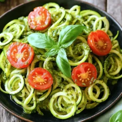 To make this dish, gather the following ingredients: - 4 medium zucchinis, spiralized - 1 cup fresh basil leaves - 1/2 cup toasted pine nuts - 1/2 cup grated Parmesan cheese (or nutritional yeast for a vegan alternative) - 2 cloves garlic, minced - 1/2 cup extra virgin olive oil - Juice of 1 lemon - Salt and freshly cracked black pepper to taste - Cherry tomatoes, halved (for garnish) - Fresh basil leaves (for garnish) This dish gives you a healthy boost. Each serving includes: - Calories: 300 - Protein: 8g - Carbohydrates: 10g - Fiber: 3g - Fats: 28g Zucchini noodles are low in calories. They help you feel full without the extra carbs. If you lack some ingredients, don’t worry! Here are some swaps you can try: - Use spinach or arugula instead of basil for the pesto. - Swap pine nuts with walnuts or almonds for a different flavor. - Use goat cheese or feta instead of Parmesan for a tangier taste. - Lemon juice can be replaced with lime juice for a twist. - If fresh zucchini is not available, try yellow squash or cucumber. These substitutions can help you make this recipe your own. Just remember to keep the flavors balanced! For the full recipe, visit the provided link. To start, grab your food processor. Add fresh basil leaves, toasted pine nuts, grated Parmesan cheese, minced garlic, and lemon juice. Season with salt and black pepper. Pulse this mix until it's finely chopped. Next, while the processor runs, slowly drizzle in the olive oil. Keep blending until your pesto is smooth and creamy. Taste the pesto and adjust the seasoning if needed. This fresh sauce brings a bright flavor to your dish. Now it’s time to prepare the zucchini. Use a spiralizer to create long, noodle-like strands from the zucchinis. If you lack a spiralizer, a julienne peeler works well. Aim for thin, even noodles for the best texture. Once you have all your zoodles, set them aside. They will absorb the pesto flavor nicely. Heat a tablespoon of olive oil in a large skillet over medium heat. Add the zucchini noodles and sauté them for 2-3 minutes. Toss gently to help them cook evenly. Be careful not to overcook; you want them to stay slightly crunchy. After they soften, remove the skillet from heat. Toss the warm zoodles with the fresh pesto until they are well-coated. Plate your zoodles creatively and garnish with halved cherry tomatoes and fresh basil leaves. Enjoy this vibrant dish right away! To keep your zucchini noodles firm, start by salting them. Place the spiralized zucchini in a colander and sprinkle with salt. Let them sit for about 10 minutes. This step draws out excess moisture. After, rinse the noodles and pat them dry with a clean towel. When cooking, use high heat for a short time. Sauté them for just 2-3 minutes. This method helps keep them crunchy. Avoid overcooking, as this leads to soggy noodles. For the best pesto, use fresh, high-quality basil. It packs the most flavor. Toast your pine nuts lightly before adding them to the food processor. This step brings out their nutty taste. Make sure to blend the ingredients while slowly adding olive oil. This creates a smooth texture. Taste your pesto as you go. Adjust the salt, pepper, or lemon juice to fit your taste. You can also swap pine nuts for walnuts or almonds if desired. When serving your zucchini noodles, get creative! Top them with halved cherry tomatoes for a burst of color. Fresh basil leaves add a nice touch. You can also sprinkle more Parmesan cheese on top. For extra protein, add grilled chicken or shrimp. This makes the dish more filling. Serve your zoodles warm for the best flavor. If you want a cold dish, try a zucchini noodle salad with pesto. For the full recipe, refer to the section above. Enjoy your healthy meal! {{image_4}} For a vegan pesto, skip the cheese. Use nutritional yeast instead of Parmesan. This adds flavor without dairy. Blend fresh basil, garlic, nuts, lemon juice, and olive oil just like in the original recipe. Nutritional yeast gives a cheesy taste. You can also add avocado for creaminess. It’s rich in healthy fats. If you want protein, add cooked chickpeas, tofu, or grilled chicken. Chickpeas are a great option for a plant-based meal. Simply toss them in with the warm zoodles. For meat lovers, grilled chicken adds a tasty touch. It pairs well with the pesto. Just slice it and mix it in. You can make the dish pop with more flavors. Try adding sun-dried tomatoes or olives for a briny taste. A squeeze of fresh lemon juice brightens up the dish. You can also sprinkle red pepper flakes for heat. Fresh herbs like parsley or mint can add freshness. Experiment with these options to find your favorite mix. For the full recipe, check out Zesty Zucchini Noodles with Pesto. If you have leftover zucchini noodles with pesto, I recommend storing them in an airtight container. Make sure the container is clean and dry. Place the noodles in the container and cover them tightly. They can stay fresh in the fridge for up to three days. For best taste, eat them sooner rather than later. You can freeze leftover pesto for later use. Start by placing it in an ice cube tray. This way, you can use just what you need. Once frozen, pop the pesto cubes into a freezer bag. Make sure to label the bag with the date. Your pesto can last up to three months in the freezer. This method keeps it fresh and tasty. When you reheat zucchini noodles, do it gently. Heat a little olive oil in a skillet over low heat. Add the noodles and stir them for a few minutes. Avoid high heat, as it can make the noodles mushy. If you want to warm up the pesto, do the same. Just pour it over the noodles and mix well. This keeps the flavors fresh and bright. Enjoy your meal! Zucchini noodles, or zoodles, are low in calories. They are gluten-free and full of nutrients. You can enjoy the taste of pasta without the extra carbs. Zoodles also add fiber to your meal, which is great for digestion. Plus, they are quick to cook, making them a perfect choice for busy days. Yes, you can use store-bought pesto. It saves time and still tastes good. However, homemade pesto often has fresher flavors. Making your own pesto lets you control the ingredients. You can adjust the salt or add extra garlic if you like. Both options work well, so choose what fits your needs. You can make zucchini noodles without a spiralizer by using a julienne peeler. A sharp knife works too; just slice the zucchini into thin strips. It takes a bit more time, but it’s easy. Just aim for long, thin pieces that resemble noodles. This method works well for making a fresh and healthy dish. For more detailed instructions, you can refer to the Full Recipe. You learned how to make zucchini noodles with pesto from this article. We covered key ingredients, steps, and tips for great dishes. You can now make tasty, healthy meals that suit your taste. Remember, try new things like vegan pesto or extra protein. Keep your noodles firm and enjoy every bite. With these tips, you’ll impress friends and family. Now, get cooking and have fun in your kitchen!