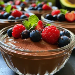 - 2 ripe avocados, thoroughly peeled and pitted - 1/2 cup unsweetened cocoa powder - 1/2 cup maple syrup (or agave syrup for vegan) - 1/4 cup almond milk (or any milk substitute) - 1 teaspoon pure vanilla extract - A pinch of fine sea salt - Fresh berries (raspberries or strawberries) - Mint leaves - Low-sugar sweeteners - Coconut cream for added richness To start, gather your main ingredients. The avocados give the mousse its creamy texture. Cocoa powder adds rich chocolate flavor. Maple syrup sweetens the dish naturally. Almond milk keeps it smooth and adds a slight nutty taste. Vanilla extract rounds out the flavors, while a pinch of salt enhances everything. For garnishing, fresh berries like raspberries or strawberries add color and freshness. Mint leaves make it look pretty and add a refreshing taste. You can also change the mousse by using low-sugar sweeteners if you prefer. Coconut cream can make the mousse richer and more decadent. You can find the full recipe along with instructions in the article. Start by taking your ripe avocados. Cut them in half and remove the pit. Scoop the green flesh into a food processor. Blend the avocados until smooth and creamy. This step is key for a great texture. Remember to scrape down the sides of the processor with a spatula. This way, you ensure everything blends evenly. Once the avocados are creamy, it is time to add the other ingredients. Add the unsweetened cocoa powder, maple syrup, almond milk, pure vanilla extract, and a pinch of fine sea salt. Blend on high until everything is velvety smooth. Make sure there are no lumps. After blending, taste the mousse. If you want it sweeter, add more maple syrup to suit your taste. Now, it is time to spoon the mousse into serving bowls. Use a spatula to help you fill each bowl evenly. After spooning the mousse, cover each bowl with plastic wrap or a lid. Place them in the refrigerator for at least 30 minutes. Chilling helps the mousse set and improves its flavor. Enjoy the wait; it will be worth it! For the full recipe, check the earlier section. To make the best chocolate avocado mousse, you need ripe avocados. They should feel soft when you press them gently. This softness helps get a very smooth texture. If your avocados are not ripe, the mousse can be chunky instead of creamy. You can also adjust the sweetness based on what you like. Try a little taste test while mixing. If you want it sweeter, just add more maple syrup. How you serve the mousse can make a big difference. I love using clear glass cups for this recipe. They show off the rich, dark color of the mousse. It looks so inviting! After you spoon the mousse in, garnish it with fresh berries and mint leaves. The berries add bright color and a nice flavor contrast. A sprig of mint gives a fresh touch to each cup. If you have leftovers, store them in the fridge. The mousse stays fresh for up to three days. Make sure to use airtight containers. This keeps the mousse from drying out or absorbing other smells in the fridge. When you want to enjoy it again, just take it out and add a fresh garnish for a lovely treat. {{image_4}} You can easily make this mousse dairy-free. Use coconut or oat milk instead of almond milk. Both options add a nice creaminess. For sweeteners, consider trying stevia. It gives a sweet taste without extra sugar. Want a low-sugar mousse? You can reduce the maple syrup. You might also try sugar-free alternatives. This helps lower the sugar without losing flavor. To balance flavors, add natural extracts. Almond or vanilla extracts work great for this. Want to spice things up? Add a dash of espresso or coffee for a mocha flavor. It pairs well with chocolate. You can also experiment with flavored extracts. Almond or peppermint flavors can add a fun twist. This gives your mousse a unique taste every time. For the full recipe, check out the complete guide. Each serving of chocolate avocado mousse has about 200 calories. This dessert packs a good mix of macronutrients. You get around 15 grams of fat, mostly from avocados. It also has about 25 grams of carbs and 3 grams of protein. Avocados offer many health benefits. They are full of healthy fats that can help your heart. They also contain vitamins like E, K, and several B vitamins. Cocoa powder is rich in antioxidants. These can help your body fight off free radicals and reduce inflammation. This mousse is both vegan and gluten-free. You can make it with maple syrup or agave syrup to keep it plant-based. If you're watching your sugar, you can reduce the syrup amount or use a sugar substitute. This recipe fits many diets without sacrificing flavor. For the full recipe, check out the link. To make this mousse vegan, swap honey for maple syrup. Maple syrup works great and keeps the sweetness. You can also use almond or coconut milk instead of regular milk. Both options add flavor and creaminess. Yes, you can freeze the mousse! To freeze, place it in an airtight container. When you want to eat it, thaw it in the fridge overnight. However, the texture may change after freezing. It might become a bit grainy, but the taste will still be good. Picking ripe avocados is simple. Look for avocados that feel slightly soft when you squeeze them. Their skin should be dark and slightly wrinkled. At home, you can test ripeness by gently pressing the skin. If it gives a little, it’s ready to use! This blog post covered a delicious chocolate avocado mousse, highlighting simple steps and ingredients. We explored the main ingredients and tips for perfect texture. You learned how to customize the mousse with various flavors and dietary options. Remember, it’s okay to adjust sweetness or try different milks. This treat is not just tasty; it’s also healthy. Enjoy making your own mousse and share it with friends! Simple recipes like this can make healthy eating fun and enjoyable.