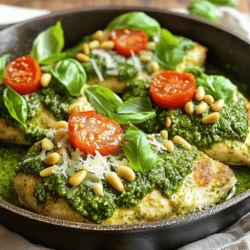 - 4 boneless, skinless chicken breasts - 1 cup fresh basil leaves, packed - 1/2 cup toasted pine nuts - 1/2 cup grated Parmesan cheese - 3 cloves garlic, peeled and minced - 1/2 cup extra virgin olive oil - Salt and freshly ground black pepper to taste - Juice of 1 lemon - 1 cup cherry tomatoes, halved (for garnish) - Additional fresh basil leaves for garnish To make Basil Pesto Chicken, gather these ingredients. You can find everything at your local grocery store. The chicken breasts are the main star, while the pesto brings rich flavor. Fresh basil gives that garden taste, while pine nuts add crunch. Grated Parmesan offers creaminess, and garlic gives it a kick. Extra virgin olive oil helps blend all the flavors. Use salt and pepper to season the chicken. Lemon juice adds brightness. Finally, you can garnish with cherry tomatoes and extra basil for a beautiful finish. For the full recipe, check the earlier section. - Combine basil, pine nuts, Parmesan, and garlic in a food processor. - Drizzle in olive oil and blend until smooth. - Season to taste with salt, pepper, and lemon juice. Making pesto is simple. You start with fresh basil, which adds bright flavor. Pine nuts give it a nice crunch. Then, you mix in Parmesan for richness and garlic for a kick. When you add olive oil, it makes everything smooth and creamy. The lemon juice brings out the flavors and balances the dish. - Preheat the oven to 375°F (190°C). - Season chicken breasts with salt and pepper. Sear in a skillet for five minutes on each side. - Coat chicken with basil pesto and transfer to the oven. Before cooking the chicken, make sure it is dry. This step helps the chicken brown nicely. Searing in a skillet adds flavor and color. Once the chicken is golden, cover it with your fresh basil pesto. Then, pop it in the oven to finish cooking. The oven will keep the chicken juicy and tender. - Let the chicken rest before serving. - Garnish with cherry tomatoes and basil. After baking, let the chicken rest for a few minutes. This helps the juices settle. When you serve, add halved cherry tomatoes on top. They add color and freshness. A few extra basil leaves as a garnish also make the dish look beautiful. For the full recipe, check the instructions above. - Use fresh ingredients for maximum flavor. Fresh basil and pine nuts shine in your dish. - Adjust oil and seasoning to your taste. Taste as you go for the best results. - Ensure chicken is patted dry for better browning. This step helps to lock in flavor. - Check for doneness with a meat thermometer. Aim for 165°F (74°C) to ensure safety. - Add a splash of lemon zest for brightness. This gives the dish a fresh pop. - Consider mixing in other herbs or spices. Oregano or thyme can add new layers of flavor. Try these tips to elevate your Basil Pesto Chicken. For the full recipe, check the details above! {{image_4}} You can easily change the protein in this dish. If you want a different taste, swap chicken for salmon or shrimp. These options bring a nice flavor and work well with pesto. If you prefer a vegetarian meal, use tofu. Tofu soaks up the pesto well and adds protein to your meal. There are several ways to cook the chicken. You can grill the chicken for a smoky flavor that adds depth. This method gives the dish a nice outdoor vibe. Another option is using a crockpot. Cooking in a crockpot makes the chicken very tender and juicy. Just set it and let it cook slowly while you do other things. Pesto is versatile; you can change it up easily. Try different nuts or cheeses to create your own twist. For example, walnuts or pecans can replace pine nuts. You can also experiment with cheeses like feta or goat cheese. Adding roasted red peppers or sun-dried tomatoes gives it an extra kick. These additions create a unique flavor that will surprise everyone. For the complete recipe, you can check the Full Recipe section. To keep your Basil Pesto Chicken fresh, place the cooked chicken in an airtight container. This helps it stay juicy and tasty. Store the basil pesto in a separate container. This way, it lasts longer and keeps its bright flavor. You can freeze the cooked chicken for up to 3 months. Just make sure it’s in a well-sealed bag or container. For the pesto, freeze it in ice cube trays. This makes it easy to grab just what you need later. The best way to reheat this dish is in the oven. This keeps the chicken tender and helps it stay crispy. If you’re in a hurry, use a microwave. Just be careful not to overheat it, as this can dry it out. Yes, you can make basil pesto ahead of time. Store it in an airtight container. Keep it in the fridge for up to a week. To prevent browning, drizzle a thin layer of olive oil on top. You can also freeze it for up to three months. Just thaw in the fridge before use. Making basil pesto ahead saves time during busy weeknights. To check if the chicken is cooked, use a meat thermometer. Insert it into the thickest part of the breast. The chicken should reach 165°F (74°C). If you don't have a thermometer, cut into the chicken. The juices should run clear, and the meat should not be pink. These tips help ensure your chicken is safe and juicy. Basil pesto chicken pairs well with many sides. You can serve it with roasted vegetables, like zucchini and bell peppers. A fresh salad with mixed greens also works great. Pasta tossed with olive oil and garlic is another option. For a simple choice, serve it with rice or quinoa. These sides enhance the meal and add color to your plate. Yes, you can use store-bought pesto for convenience. It saves time and still tastes good. However, homemade pesto has fresher flavors. If you choose store-bought, look for one with quality ingredients. Read the label to avoid added preservatives. Both options can work well in this recipe, depending on your schedule. Basil pesto chicken is a healthy option. It provides lean protein from chicken and healthy fats from olive oil. The fresh basil adds vitamins and antioxidants. One serving contains around 350 calories. You can adjust the recipe to suit your diet. For a lighter meal, use less pesto or serve with more veggies. This dish supports a balanced diet while being delicious. This article showed you how to make delicious Basil Pesto Chicken from start to finish. We covered the key ingredients, step-by-step instructions, tips for the best results, and variations to try. You learned how to store leftovers and reheat them without losing flavor. Always use fresh ingredients for the best taste. Don’t hesitate to experiment with proteins or flavors. In the end, cooking can be a fun way to enjoy healthy and tasty meals. Try these methods and share your results!