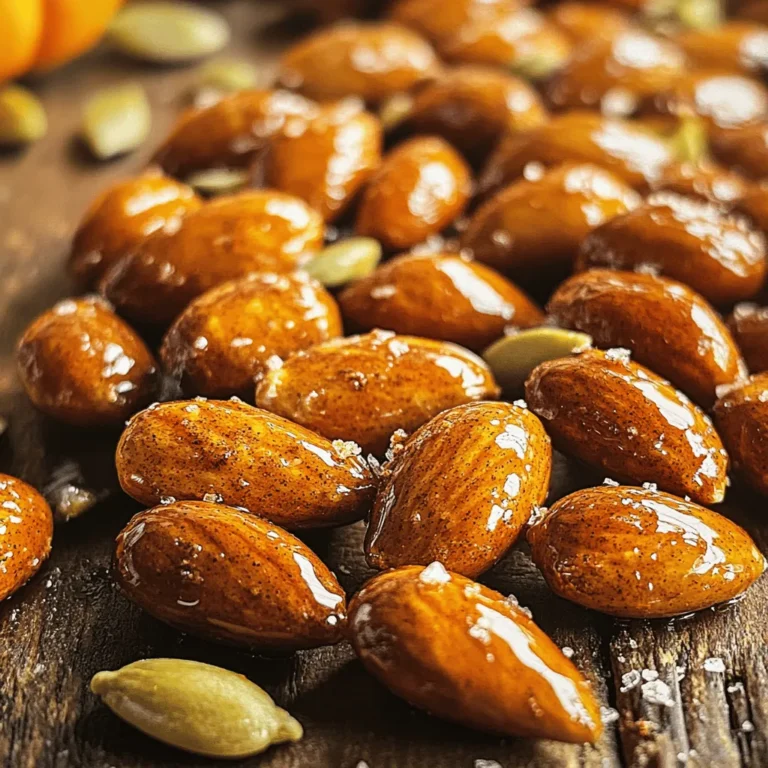 To make Pumpkin Pie Spiced Almonds, you need a few simple items. Gather these ingredients to create a delicious snack that packs a flavor punch. - 2 cups raw almonds - 2 tablespoons melted coconut oil - 3 tablespoons brown sugar - 1 teaspoon pumpkin pie spice - 1/2 teaspoon sea salt - 1/4 teaspoon vanilla extract - 1/4 teaspoon ground cinnamon - 1/4 teaspoon freshly grated nutmeg (if available) Each ingredient plays a key role. The raw almonds serve as the base. Coconut oil helps the spices stick. Brown sugar adds a sweet touch, while the pumpkin pie spice brings warmth. Sea salt balances the sweetness. Vanilla extract adds depth. Ground cinnamon and nutmeg enhance the autumn flavors. This combination makes a perfect snack for fall. You can enjoy them on their own or use them to top salads and desserts. This recipe is not only easy but also fun to make, and it tastes great. For the full recipe, check out the earlier section. 1. Preheat the oven: Start by setting your oven to 350°F (175°C). This step helps the almonds cook evenly. 2. Prepare the baking sheet: Line a baking sheet with parchment paper. This makes it easy to clean up later. 3. Mix the spiced coating: In a large bowl, combine melted coconut oil, brown sugar, pumpkin pie spice, sea salt, vanilla extract, ground cinnamon, and nutmeg. Whisk well until you have a smooth mixture. 1. Adding almonds to the mixture: Pour the raw almonds into the bowl with the spiced mixture. This is where the magic happens! 2. Ensuring even coating: Stir the almonds well. Make sure each almond is coated with the spice mix. This ensures every bite is full of flavor. 1. Spreading on the baking sheet: Once coated, spread the almonds on the prepared baking sheet in a single layer. This helps them roast nicely. 2. Baking and stirring for even browning: Bake the almonds for 15-20 minutes. Halfway through, stir them to get even browning. Keep an eye on them, as they can burn quickly! 3. Cooling the almonds: After baking, take them out and let them cool on the baking sheet. They will get crispier as they cool down. These simple steps lead to a delicious treat! For the full recipe, check the details above. To achieve optimal crispiness, ensure you bake the almonds at the right temperature. Preheat your oven to 350°F (175°C). Spread the almonds in a single layer on the baking sheet. Stir them halfway through baking to ensure even roasting. Watch them closely, as they can burn quickly. Once golden brown, let them cool completely. They will become crispier as they cool. Storing leftover spiced almonds can be easy. Place them in an airtight container after they cool. Keep them in a cool, dry place to maintain freshness. If stored properly, they can last for up to two weeks. You can present the almonds in fun and creative ways. Try using a decorative bowl to make them stand out. For a cute gift, fill a mason jar with the spiced almonds. Add a ribbon for a nice touch. Sprinkling extra spices or fresh pumpkin seeds on top can enhance the look. Pairing ideas with beverages can elevate your snack time. These spiced almonds go well with apple cider or a warm cup of tea. For a festive touch, serve them alongside holiday cocktails. You can also enjoy them with cheese or dried fruits for a tasty snack plate. {{image_4}} You can swap out brown sugar for other sweeteners. Honey and maple syrup work well. They add a nice touch of flavor. If you choose honey, use a bit less than the sugar. Honey is sweeter, so adjust accordingly. Maple syrup can give a nice earthy note. Just remember to use the same amount as the sugar. Want to mix it up? Try adding chocolate! Dark chocolate pairs great with these almonds. Melt some chocolate and drizzle it over the cooled almonds. Another option is to experiment with spices. You might like adding cayenne for a kick. Or try cardamom for a warm twist. These small changes can make your Pumpkin Pie Spiced Almonds unique and fun. For the full recipe, check out the detailed steps above. To keep your Pumpkin Pie Spiced Almonds fresh, use airtight containers. These will protect them from air and moisture. Glass jars work well, too, and they look nice on a shelf. Store the almonds in a cool, dark place. Avoid direct sunlight and heat, as these can spoil your tasty snack. These spiced almonds can last up to two weeks when stored properly. However, they taste best within the first week. Check for signs of spoilage. If you notice any strange smells or if they feel soft, it's time to toss them. Always trust your senses! To make Pumpkin Pie Spiced Almonds, you start by preheating your oven to 350°F (175°C). Next, you prepare a baking sheet by lining it with parchment paper. In a large bowl, mix melted coconut oil, brown sugar, pumpkin pie spice, sea salt, vanilla extract, ground cinnamon, and nutmeg. Stir until smooth. Add raw almonds and toss to coat each one. Spread the almonds evenly on the baking sheet. Bake for 15-20 minutes, stirring halfway. Keep an eye on them to avoid burning. Once golden, let them cool on the sheet. This makes a tasty snack or delightful gift. For the detailed steps, check the Full Recipe. You can find pre-made Pumpkin Pie Spiced Almonds at many grocery stores. Health food stores often carry them too. Look for them in the snack aisle or near the nuts section. Online retailers also sell them, making it easy to find your favorite brand. Yes, Pumpkin Pie Spiced Almonds are healthy! Almonds are rich in nutrients. They provide protein, healthy fats, and fiber. They can help with heart health and weight management. The spices add flavor without extra calories. The sugar content is low compared to many snacks, making them a better choice. Enjoy them in moderation for a healthy treat! You now know how to make pumpkin pie spiced almonds. We explored the ingredients and the step-by-step process to create them. We shared tips for perfecting your almonds and gave ideas for serving. Plus, we looked at tasty variations and storage methods. These almonds are a delicious snack or gift. Try them out, and enjoy the great flavor! Happy cooking!