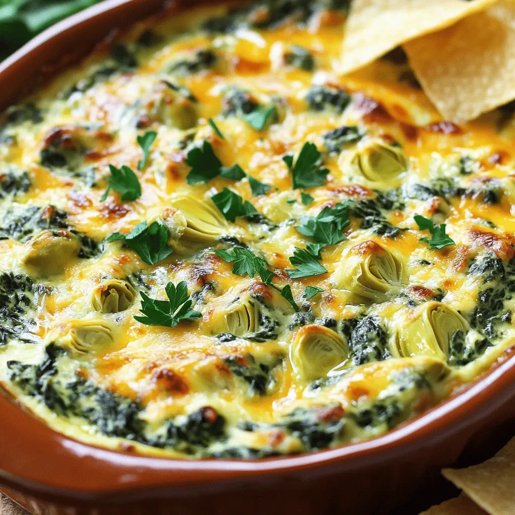 - 1 cup fresh spinach, finely chopped - 1 cup canned artichoke hearts, drained and coarsely chopped - 1/2 cup cream cheese, softened - 1/2 cup sour cream - 1/2 cup mayonnaise - 1 cup shredded mozzarella cheese - 1/4 cup grated Parmesan cheese - 2 cloves garlic, finely minced - 1/4 teaspoon red pepper flakes (optional) - Salt and freshly ground black pepper to taste - Fresh parsley for garnish When I make creamy spinach and artichoke dip, I start with fresh ingredients. The spinach brings a bright color and a slight earthy flavor. Fresh spinach adds nutrition, too. I use canned artichoke hearts because they offer a sweet and tangy taste that pairs well with our creamy base. Next, I gather my dairy components. Cream cheese is key for that rich texture. Sour cream and mayonnaise create a smooth blend that balances the flavors. I love adding shredded mozzarella for a gooey pull, while grated Parmesan brings a salty bite. For flavor, garlic is a must. It adds depth and warmth. If you enjoy a kick, you can add red pepper flakes for heat. I always season with salt and freshly ground black pepper to bring out the taste. Lastly, I sprinkle fresh parsley on top for a pop of color and freshness. These ingredients blend together to create a dip that is hard to resist. Check out the Full Recipe to see how to bring this dish to life! - Preheat the oven to 375°F (190°C). - In a large bowl, combine cream cheese, sour cream, and mayonnaise until smooth. - Fold in the spinach, artichokes, garlic, and half of the mozzarella. - Season with salt and pepper, then mix in the grated Parmesan. - Pour the mixture into a baking dish and top with the remaining mozzarella. - Bake for 20-25 minutes until the top is golden brown. I love this part! Watching it bubble and turn golden is so satisfying. You can find the full recipe at the top of the article. To get that smooth, creamy dip, start with room temperature cream cheese. Cold cream cheese is hard to mix. Room temperature cream cheese blends easily with sour cream and mayonnaise. This step is key for a silky texture. Blend all your ingredients well until they are fully combined. This helps avoid lumps and ensures a perfect dip every time. Serve this dip warm for the best taste. It pairs wonderfully with tortilla chips or warm pita bread. If you want a healthier choice, try fresh veggies like carrots, celery, or bell peppers. They add crunch and color to your plate. You can make your dip even tastier by adding spices. Try onion powder or cayenne pepper for extra zest. If you like smoky flavors, consider adding cooked, crumbled bacon. This twist adds a delicious depth to your creamy spinach and artichoke dip. For the full recipe, check out the link above. {{image_4}} To make this dip a bit healthier, you can switch out some ingredients. Here are two easy swaps: - Use Greek yogurt instead of sour cream or mayonnaise. This adds protein and cuts fat. - Swap low-fat cheese options for a lighter version. This way, you still get the cheesy goodness but with fewer calories. If you want to change the flavor, try these ideas: - Add chopped sun-dried tomatoes for an Italian twist. They give a sweet and tangy taste. - Incorporate sautéed bell peppers for extra taste and color. This adds crunch and a vibrant look. You can make a vegan version of this dip that still tastes great: - Substitute cream cheese with a plant-based alternative. Many brands offer creamy options that are dairy-free. - Use cashew cream in place of sour cream and mayonnaise. Blend soaked cashews with a bit of water for a smooth, rich texture. These variations keep the core flavors while adding your personal touch! If you want to try these options, check out the Full Recipe for details on how to make the dip. After you enjoy your creamy spinach and artichoke dip, let it cool completely. This step helps keep the dip fresh. Once cool, transfer it to an airtight container. You can store it in the refrigerator for up to 3-4 days. Keep it tightly sealed to maintain its flavor and texture. When you're ready to enjoy the dip again, you can reheat it easily. Use the oven or microwave to warm it up. If the dip seems a bit thick, add a splash of water or milk. This trick helps bring back its creamy texture. If you want to save some for later, you can freeze the dip. Place it in a freezer-safe container and freeze for up to 2 months. When you're ready to eat it, thaw it in the fridge overnight. This method keeps it tasty and fresh, making for a quick snack anytime. Yes, you can prepare the dip ahead of time. Just mix all the ingredients and store them in the fridge. When you're ready to serve, simply bake it. This saves you time and lets the flavors blend nicely. Typically, it takes 20-25 minutes at 375°F (190°C). Keep an eye on it. You want a golden brown top and bubbling edges. This shows it's hot and ready for dipping. This dip is perfect with tortilla chips, pita bread, or fresh vegetables. You can also use crackers or breadsticks. These options add great crunch and flavor. Enjoy experimenting with different dippers! For the full recipe, check out the details above. In this article, we've covered how to make a creamy spinach and artichoke dip. We discussed the fresh ingredients needed, how to mix and bake, and tips for perfect creaminess. I shared ideas for healthier swaps and variations to suit any taste. Remember, your dip can be stored or frozen for later enjoyment. Try these steps and enjoy a warm, delicious treat that everyone will love. Happy cooking!