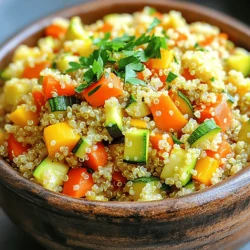To create a tasty quinoa vegetable pilaf, you need a few key ingredients. Here is the list: - 1 cup quinoa, thoroughly rinsed - 2 cups vegetable broth - 1 medium onion, finely diced - 2 garlic cloves, finely minced - 1 medium carrot, peeled and diced - 1 bell pepper (any color), diced into bite-sized pieces - 1 medium zucchini, diced - 1 cup frozen peas - 1 teaspoon ground cumin - 1 teaspoon ground turmeric - 2 tablespoons extra virgin olive oil - Salt and freshly cracked black pepper to taste - Fresh parsley, chopped, for garnish These ingredients come together to create a vibrant and satisfying dish. The quinoa acts as a great base, soaking up all the flavors. While the essential ingredients deliver great taste, you can add more to customize your pilaf. Here are some optional ingredients you might like: - Cherry tomatoes, halved - Spinach or kale, chopped - Corn, fresh or frozen - Nuts, like almonds or pistachios, for crunch - Fresh herbs, like cilantro or basil Feel free to mix and match these options based on what you have at home. The pilaf will still taste delicious. This quinoa vegetable pilaf is not just tasty; it's healthy too. Here are some benefits of the key ingredients: - Quinoa: Packed with protein, quinoa is a complete source of amino acids. It also contains fiber, which aids digestion. - Vegetables: The mix of onion, bell pepper, carrots, and zucchini adds vitamins A and C. These are great for your immune system and skin health. - Olive Oil: Extra virgin olive oil is rich in healthy fats. It helps reduce inflammation and supports heart health. - Spices: Ground cumin and turmeric add flavor and have anti-inflammatory properties. They may also boost your metabolism. By using these ingredients, you create a dish that is not only delicious but also good for your body. Each bite offers a blend of flavors and nutrients that keep you feeling great. For the full recipe, check the provided instructions. First, gather your tools. You need a medium saucepan. Pour in 2 cups of vegetable broth. Heat it until it boils. Once it’s boiling, add 1 cup of rinsed quinoa. Stir it well and lower the heat. Cover the pot tightly. Let it simmer for about 15 minutes. The quinoa should absorb all the liquid. After cooking, fluff it with a fork. Set it aside while you prepare the rest. Next, take a large skillet. Pour in 2 tablespoons of extra virgin olive oil. Heat it over medium heat. Chop 1 medium onion into small pieces. Add the onion to the hot oil. Sauté it for about 3-4 minutes. You want it to become soft and clear. Now, finely mince 2 garlic cloves. Add the garlic to the skillet. Stir it for about a minute until it smells great. Be careful not to burn it. Now it’s time to add the fun part: the veggies! Dice 1 medium carrot, 1 bell pepper, and 1 medium zucchini. Toss them into the skillet. Cook them for about 5-6 minutes. Stir occasionally. You want them to be tender but still crunchy. Sprinkle in 1 teaspoon of ground cumin and 1 teaspoon of ground turmeric. Add salt and black pepper to taste. Mix everything well. Finally, add 1 cup of frozen peas and the cooked quinoa. Stir gently to combine. Heat everything for an additional 2-3 minutes. Taste your pilaf. Adjust the seasoning if needed. Remove the skillet from the heat. Garnish with fresh parsley, and enjoy your dish! For the complete recipe, check out the Full Recipe. To cook perfect quinoa, first rinse it well. This removes the bitter coating called saponin. Use a 2:1 ratio of liquid to quinoa. For this recipe, I use vegetable broth. Bring the broth to a boil, then add the rinsed quinoa. Lower the heat, cover, and simmer for about 15 minutes. When it’s done, fluff it gently with a fork. This will keep the grains light and airy. To make your pilaf even tastier, try these tips. Use fresh herbs like basil or cilantro. They add a bright flavor. A squeeze of lemon juice can also give it a fresh kick. For a bit of heat, add some red pepper flakes or diced jalapeños. You can also swap in different spices. Try smoked paprika or curry powder for a unique twist. One common mistake is overcooking the quinoa. This can make it mushy. Always follow the cooking time and check for doneness. Another pitfall is not seasoning enough. Taste your dish before serving. Adjust the salt and pepper to your liking. Lastly, don’t skip the garnish. Fresh parsley adds color and a pop of flavor to your dish, making it more appealing. For the full recipe, check out the complete instructions above. {{image_4}} You can easily make this dish fit your diet. The base recipe is already vegetarian. To keep it vegan, skip any cheese toppings. You can add more veggies too. Try mushrooms, spinach, or kale. These add flavor and color. For a spicy kick, toss in some diced jalapeños. The options are endless! Quinoa is naturally gluten-free. This makes it great for those with gluten issues. You can enjoy this pilaf without worry. Just ensure your vegetable broth is gluten-free. Some brands add gluten, so check the label. You can also swap the broth with water if you prefer a lighter taste. Want to make this dish more filling? Add protein! Chickpeas or black beans work well. They blend nicely with the quinoa. You could also use cooked chicken or shrimp for meat lovers. If you want a plant-based option, try tofu. Just sauté it with the veggies for a delicious twist. For the full recipe, check out the Quinoa Veggie Delight Pilaf. To keep your quinoa vegetable pilaf fresh, store it in an airtight container. Make sure to let it cool before sealing. This helps prevent moisture buildup. Place the container in the fridge. It should stay good for about 3 to 5 days. If you notice any off smells or changes in color, it’s best to toss it. Freezing is a great way to save your pilaf. Divide it into smaller portions for easy meals later. Use freezer-safe bags or containers. Squeeze out as much air as possible to prevent freezer burn. Label each bag with the date. Your pilaf can last up to 3 months in the freezer. Thaw it in the fridge overnight before reheating. To reheat your pilaf, you can use a microwave or stovetop. For the microwave, place your pilaf in a bowl. Add a splash of water to help with steam. Cover it and heat for 1 to 2 minutes. Stir and check if it’s hot enough. On the stovetop, heat a skillet over low heat. Add your pilaf and a little water. Stir until warmed through. Enjoy your meal! For the full recipe, check out the [Full Recipe]. Quinoa is a tiny seed that acts like a grain. It is rich in protein and fiber. This makes it a great choice for a healthy diet. Quinoa has all nine essential amino acids. It is also gluten-free, making it safe for many people. The high fiber content helps with digestion and keeps you full. Quinoa is packed with vitamins and minerals too. It contains magnesium, iron, and antioxidants. These benefits make quinoa a smart food choice for everyone. Yes, you can make quinoa vegetable pilaf ahead of time. It stores well in the fridge for up to five days. Just let it cool before putting it in an airtight container. This makes meal prep easy. You can reheat it in the microwave or on the stove. If you want to add freshness, toss in some herbs or a splash of lemon juice before serving. Quinoa vegetable pilaf goes well with many dishes. Here are some ideas: - Grilled chicken or fish for protein. - A fresh salad for crunch and color. - Roasted vegetables for extra flavor. - Hummus or tzatziki as a dip on the side. - A light yogurt sauce to drizzle on top. These options will make your meal more filling and tasty. You can mix and match based on your mood or what you have at home. This makes quinoa vegetable pilaf a flexible dish. Enjoy trying out different pairings! This blog post covered how to make Quinoa Vegetable Pilaf. We explored key ingredients, their benefits, and cooking steps. I shared tips to cook quinoa perfectly and to enhance flavors. We also looked at variations for different diets and how to store leftovers. In closing, this dish is tasty and healthy. You can easily mix it up, too. Enjoy making your own Quinoa Vegetable Pilaf!