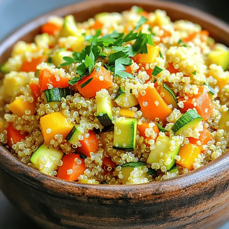To create a tasty quinoa vegetable pilaf, you need a few key ingredients. Here is the list: - 1 cup quinoa, thoroughly rinsed - 2 cups vegetable broth - 1 medium onion, finely diced - 2 garlic cloves, finely minced - 1 medium carrot, peeled and diced - 1 bell pepper (any color), diced into bite-sized pieces - 1 medium zucchini, diced - 1 cup frozen peas - 1 teaspoon ground cumin - 1 teaspoon ground turmeric - 2 tablespoons extra virgin olive oil - Salt and freshly cracked black pepper to taste - Fresh parsley, chopped, for garnish These ingredients come together to create a vibrant and satisfying dish. The quinoa acts as a great base, soaking up all the flavors. While the essential ingredients deliver great taste, you can add more to customize your pilaf. Here are some optional ingredients you might like: - Cherry tomatoes, halved - Spinach or kale, chopped - Corn, fresh or frozen - Nuts, like almonds or pistachios, for crunch - Fresh herbs, like cilantro or basil Feel free to mix and match these options based on what you have at home. The pilaf will still taste delicious. This quinoa vegetable pilaf is not just tasty; it's healthy too. Here are some benefits of the key ingredients: - Quinoa: Packed with protein, quinoa is a complete source of amino acids. It also contains fiber, which aids digestion. - Vegetables: The mix of onion, bell pepper, carrots, and zucchini adds vitamins A and C. These are great for your immune system and skin health. - Olive Oil: Extra virgin olive oil is rich in healthy fats. It helps reduce inflammation and supports heart health. - Spices: Ground cumin and turmeric add flavor and have anti-inflammatory properties. They may also boost your metabolism. By using these ingredients, you create a dish that is not only delicious but also good for your body. Each bite offers a blend of flavors and nutrients that keep you feeling great. For the full recipe, check the provided instructions. First, gather your tools. You need a medium saucepan. Pour in 2 cups of vegetable broth. Heat it until it boils. Once it’s boiling, add 1 cup of rinsed quinoa. Stir it well and lower the heat. Cover the pot tightly. Let it simmer for about 15 minutes. The quinoa should absorb all the liquid. After cooking, fluff it with a fork. Set it aside while you prepare the rest. Next, take a large skillet. Pour in 2 tablespoons of extra virgin olive oil. Heat it over medium heat. Chop 1 medium onion into small pieces. Add the onion to the hot oil. Sauté it for about 3-4 minutes. You want it to become soft and clear. Now, finely mince 2 garlic cloves. Add the garlic to the skillet. Stir it for about a minute until it smells great. Be careful not to burn it. Now it’s time to add the fun part: the veggies! Dice 1 medium carrot, 1 bell pepper, and 1 medium zucchini. Toss them into the skillet. Cook them for about 5-6 minutes. Stir occasionally. You want them to be tender but still crunchy. Sprinkle in 1 teaspoon of ground cumin and 1 teaspoon of ground turmeric. Add salt and black pepper to taste. Mix everything well. Finally, add 1 cup of frozen peas and the cooked quinoa. Stir gently to combine. Heat everything for an additional 2-3 minutes. Taste your pilaf. Adjust the seasoning if needed. Remove the skillet from the heat. Garnish with fresh parsley, and enjoy your dish! For the complete recipe, check out the Full Recipe. To cook perfect quinoa, first rinse it well. This removes the bitter coating called saponin. Use a 2:1 ratio of liquid to quinoa. For this recipe, I use vegetable broth. Bring the broth to a boil, then add the rinsed quinoa. Lower the heat, cover, and simmer for about 15 minutes. When it’s done, fluff it gently with a fork. This will keep the grains light and airy. To make your pilaf even tastier, try these tips. Use fresh herbs like basil or cilantro. They add a bright flavor. A squeeze of lemon juice can also give it a fresh kick. For a bit of heat, add some red pepper flakes or diced jalapeños. You can also swap in different spices. Try smoked paprika or curry powder for a unique twist. One common mistake is overcooking the quinoa. This can make it mushy. Always follow the cooking time and check for doneness. Another pitfall is not seasoning enough. Taste your dish before serving. Adjust the salt and pepper to your liking. Lastly, don’t skip the garnish. Fresh parsley adds color and a pop of flavor to your dish, making it more appealing. For the full recipe, check out the complete instructions above. {{image_4}} You can easily make this dish fit your diet. The base recipe is already vegetarian. To keep it vegan, skip any cheese toppings. You can add more veggies too. Try mushrooms, spinach, or kale. These add flavor and color. For a spicy kick, toss in some diced jalapeños. The options are endless! Quinoa is naturally gluten-free. This makes it great for those with gluten issues. You can enjoy this pilaf without worry. Just ensure your vegetable broth is gluten-free. Some brands add gluten, so check the label. You can also swap the broth with water if you prefer a lighter taste. Want to make this dish more filling? Add protein! Chickpeas or black beans work well. They blend nicely with the quinoa. You could also use cooked chicken or shrimp for meat lovers. If you want a plant-based option, try tofu. Just sauté it with the veggies for a delicious twist. For the full recipe, check out the Quinoa Veggie Delight Pilaf. To keep your quinoa vegetable pilaf fresh, store it in an airtight container. Make sure to let it cool before sealing. This helps prevent moisture buildup. Place the container in the fridge. It should stay good for about 3 to 5 days. If you notice any off smells or changes in color, it’s best to toss it. Freezing is a great way to save your pilaf. Divide it into smaller portions for easy meals later. Use freezer-safe bags or containers. Squeeze out as much air as possible to prevent freezer burn. Label each bag with the date. Your pilaf can last up to 3 months in the freezer. Thaw it in the fridge overnight before reheating. To reheat your pilaf, you can use a microwave or stovetop. For the microwave, place your pilaf in a bowl. Add a splash of water to help with steam. Cover it and heat for 1 to 2 minutes. Stir and check if it’s hot enough. On the stovetop, heat a skillet over low heat. Add your pilaf and a little water. Stir until warmed through. Enjoy your meal! For the full recipe, check out the [Full Recipe]. Quinoa is a tiny seed that acts like a grain. It is rich in protein and fiber. This makes it a great choice for a healthy diet. Quinoa has all nine essential amino acids. It is also gluten-free, making it safe for many people. The high fiber content helps with digestion and keeps you full. Quinoa is packed with vitamins and minerals too. It contains magnesium, iron, and antioxidants. These benefits make quinoa a smart food choice for everyone. Yes, you can make quinoa vegetable pilaf ahead of time. It stores well in the fridge for up to five days. Just let it cool before putting it in an airtight container. This makes meal prep easy. You can reheat it in the microwave or on the stove. If you want to add freshness, toss in some herbs or a splash of lemon juice before serving. Quinoa vegetable pilaf goes well with many dishes. Here are some ideas: - Grilled chicken or fish for protein. - A fresh salad for crunch and color. - Roasted vegetables for extra flavor. - Hummus or tzatziki as a dip on the side. - A light yogurt sauce to drizzle on top. These options will make your meal more filling and tasty. You can mix and match based on your mood or what you have at home. This makes quinoa vegetable pilaf a flexible dish. Enjoy trying out different pairings! This blog post covered how to make Quinoa Vegetable Pilaf. We explored key ingredients, their benefits, and cooking steps. I shared tips to cook quinoa perfectly and to enhance flavors. We also looked at variations for different diets and how to store leftovers. In closing, this dish is tasty and healthy. You can easily mix it up, too. Enjoy making your own Quinoa Vegetable Pilaf!