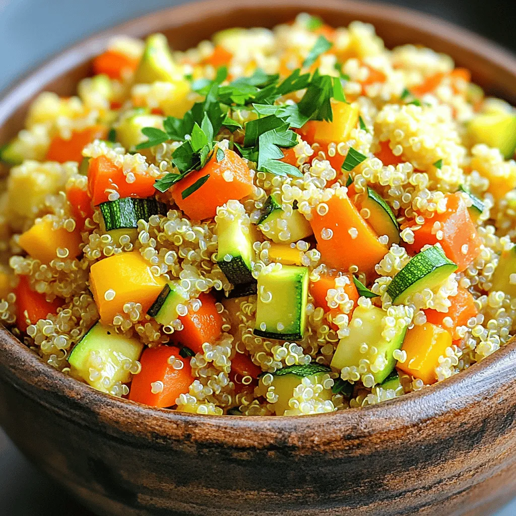 To create a tasty quinoa vegetable pilaf, you need a few key ingredients. Here is the list: - 1 cup quinoa, thoroughly rinsed - 2 cups vegetable broth - 1 medium onion, finely diced - 2 garlic cloves, finely minced - 1 medium carrot, peeled and diced - 1 bell pepper (any color), diced into bite-sized pieces - 1 medium zucchini, diced - 1 cup frozen peas - 1 teaspoon ground cumin - 1 teaspoon ground turmeric - 2 tablespoons extra virgin olive oil - Salt and freshly cracked black pepper to taste - Fresh parsley, chopped, for garnish These ingredients come together to create a vibrant and satisfying dish. The quinoa acts as a great base, soaking up all the flavors. While the essential ingredients deliver great taste, you can add more to customize your pilaf. Here are some optional ingredients you might like: - Cherry tomatoes, halved - Spinach or kale, chopped - Corn, fresh or frozen - Nuts, like almonds or pistachios, for crunch - Fresh herbs, like cilantro or basil Feel free to mix and match these options based on what you have at home. The pilaf will still taste delicious. This quinoa vegetable pilaf is not just tasty; it's healthy too. Here are some benefits of the key ingredients: - Quinoa: Packed with protein, quinoa is a complete source of amino acids. It also contains fiber, which aids digestion. - Vegetables: The mix of onion, bell pepper, carrots, and zucchini adds vitamins A and C. These are great for your immune system and skin health. - Olive Oil: Extra virgin olive oil is rich in healthy fats. It helps reduce inflammation and supports heart health. - Spices: Ground cumin and turmeric add flavor and have anti-inflammatory properties. They may also boost your metabolism. By using these ingredients, you create a dish that is not only delicious but also good for your body. Each bite offers a blend of flavors and nutrients that keep you feeling great. For the full recipe, check the provided instructions. First, gather your tools. You need a medium saucepan. Pour in 2 cups of vegetable broth. Heat it until it boils. Once it’s boiling, add 1 cup of rinsed quinoa. Stir it well and lower the heat. Cover the pot tightly. Let it simmer for about 15 minutes. The quinoa should absorb all the liquid. After cooking, fluff it with a fork. Set it aside while you prepare the rest. Next, take a large skillet. Pour in 2 tablespoons of extra virgin olive oil. Heat it over medium heat. Chop 1 medium onion into small pieces. Add the onion to the hot oil. Sauté it for about 3-4 minutes. You want it to become soft and clear. Now, finely mince 2 garlic cloves. Add the garlic to the skillet. Stir it for about a minute until it smells great. Be careful not to burn it. Now it’s time to add the fun part: the veggies! Dice 1 medium carrot, 1 bell pepper, and 1 medium zucchini. Toss them into the skillet. Cook them for about 5-6 minutes. Stir occasionally. You want them to be tender but still crunchy. Sprinkle in 1 teaspoon of ground cumin and 1 teaspoon of ground turmeric. Add salt and black pepper to taste. Mix everything well. Finally, add 1 cup of frozen peas and the cooked quinoa. Stir gently to combine. Heat everything for an additional 2-3 minutes. Taste your pilaf. Adjust the seasoning if needed. Remove the skillet from the heat. Garnish with fresh parsley, and enjoy your dish! For the complete recipe, check out the Full Recipe. To cook perfect quinoa, first rinse it well. This removes the bitter coating called saponin. Use a 2:1 ratio of liquid to quinoa. For this recipe, I use vegetable broth. Bring the broth to a boil, then add the rinsed quinoa. Lower the heat, cover, and simmer for about 15 minutes. When it’s done, fluff it gently with a fork. This will keep the grains light and airy. To make your pilaf even tastier, try these tips. Use fresh herbs like basil or cilantro. They add a bright flavor. A squeeze of lemon juice can also give it a fresh kick. For a bit of heat, add some red pepper flakes or diced jalapeños. You can also swap in different spices. Try smoked paprika or curry powder for a unique twist. One common mistake is overcooking the quinoa. This can make it mushy. Always follow the cooking time and check for doneness. Another pitfall is not seasoning enough. Taste your dish before serving. Adjust the salt and pepper to your liking. Lastly, don’t skip the garnish. Fresh parsley adds color and a pop of flavor to your dish, making it more appealing. For the full recipe, check out the complete instructions above. {{image_4}} You can easily make this dish fit your diet. The base recipe is already vegetarian. To keep it vegan, skip any cheese toppings. You can add more veggies too. Try mushrooms, spinach, or kale. These add flavor and color. For a spicy kick, toss in some diced jalapeños. The options are endless! Quinoa is naturally gluten-free. This makes it great for those with gluten issues. You can enjoy this pilaf without worry. Just ensure your vegetable broth is gluten-free. Some brands add gluten, so check the label. You can also swap the broth with water if you prefer a lighter taste. Want to make this dish more filling? Add protein! Chickpeas or black beans work well. They blend nicely with the quinoa. You could also use cooked chicken or shrimp for meat lovers. If you want a plant-based option, try tofu. Just sauté it with the veggies for a delicious twist. For the full recipe, check out the Quinoa Veggie Delight Pilaf. To keep your quinoa vegetable pilaf fresh, store it in an airtight container. Make sure to let it cool before sealing. This helps prevent moisture buildup. Place the container in the fridge. It should stay good for about 3 to 5 days. If you notice any off smells or changes in color, it’s best to toss it. Freezing is a great way to save your pilaf. Divide it into smaller portions for easy meals later. Use freezer-safe bags or containers. Squeeze out as much air as possible to prevent freezer burn. Label each bag with the date. Your pilaf can last up to 3 months in the freezer. Thaw it in the fridge overnight before reheating. To reheat your pilaf, you can use a microwave or stovetop. For the microwave, place your pilaf in a bowl. Add a splash of water to help with steam. Cover it and heat for 1 to 2 minutes. Stir and check if it’s hot enough. On the stovetop, heat a skillet over low heat. Add your pilaf and a little water. Stir until warmed through. Enjoy your meal! For the full recipe, check out the [Full Recipe]. Quinoa is a tiny seed that acts like a grain. It is rich in protein and fiber. This makes it a great choice for a healthy diet. Quinoa has all nine essential amino acids. It is also gluten-free, making it safe for many people. The high fiber content helps with digestion and keeps you full. Quinoa is packed with vitamins and minerals too. It contains magnesium, iron, and antioxidants. These benefits make quinoa a smart food choice for everyone. Yes, you can make quinoa vegetable pilaf ahead of time. It stores well in the fridge for up to five days. Just let it cool before putting it in an airtight container. This makes meal prep easy. You can reheat it in the microwave or on the stove. If you want to add freshness, toss in some herbs or a splash of lemon juice before serving. Quinoa vegetable pilaf goes well with many dishes. Here are some ideas: - Grilled chicken or fish for protein. - A fresh salad for crunch and color. - Roasted vegetables for extra flavor. - Hummus or tzatziki as a dip on the side. - A light yogurt sauce to drizzle on top. These options will make your meal more filling and tasty. You can mix and match based on your mood or what you have at home. This makes quinoa vegetable pilaf a flexible dish. Enjoy trying out different pairings! This blog post covered how to make Quinoa Vegetable Pilaf. We explored key ingredients, their benefits, and cooking steps. I shared tips to cook quinoa perfectly and to enhance flavors. We also looked at variations for different diets and how to store leftovers. In closing, this dish is tasty and healthy. You can easily mix it up, too. Enjoy making your own Quinoa Vegetable Pilaf!