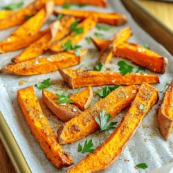 - 2 large sweet potatoes, peeled and cut into thin, uniform fries - 3 tablespoons extra virgin olive oil - 1 teaspoon smoked paprika - 1/2 teaspoon garlic powder - 1/2 teaspoon onion powder - 1/2 teaspoon cayenne pepper - Sea salt and freshly cracked black pepper, to taste - Fresh parsley for garnish Sweet potatoes are not just tasty; they pack a lot of nutrition too. They are rich in vitamins A, C, and several B vitamins. These vitamins are great for your eyes, skin, and immune system. Sweet potatoes also have fiber, which helps digestion. Eating sweet potatoes can provide many health benefits. They can help lower blood sugar levels and provide energy. They also have antioxidants, which can protect your body from damage. Choosing sweet potatoes over regular fries is a smart choice for your health. If you want the full recipe, check it out for more details on how to make these delicious fries. First, preheat your oven to 425°F (220°C). This high heat helps make the fries crispy. Next, take two large sweet potatoes. Peel them and cut them into thin, uniform fries. Aim for about 1/4-inch thickness. This size helps them cook evenly and become crisp. Now it's time to season the fries. Place the cut sweet potatoes in a large mixing bowl. Pour in 3 tablespoons of extra virgin olive oil. Toss the fries gently until they are fully coated. In a separate small bowl, mix together the smoked paprika, garlic powder, onion powder, and cayenne pepper. Sprinkle this seasoning mix over the fries. Toss them again to ensure every fry gets some flavor. Line a baking sheet with parchment paper. Spread the fries in a single layer. Make sure they aren't crowded. This is key for getting that crispy texture. Place the baking sheet in your preheated oven. Bake the fries for 20-25 minutes. Flip them halfway through the cooking time for even crispiness. They are done when golden brown and crisp. After baking, let them cool for a few minutes. Finally, garnish with fresh parsley before serving. Enjoy this crispy and flavorful treat! You can find the Full Recipe for more details. To get crispy fries, start with a hot oven. Set it to 425°F (220°C) before you bake. This temperature helps the fries cook evenly and crisp up nicely. Spacing is just as important. Place the fries in a single layer on your baking sheet. If they touch, they will steam instead of crisp. Give them room to breathe for the best results. You can mix up the flavors in your fries. Instead of just smoked paprika, try cinnamon for a sweet twist. You can also add chili powder for some heat. Dipping sauces make a big difference too. I love serving my fries with spicy mayo or a tangy yogurt dip. These flavors pair well with sweet potatoes and make each bite special. If you want a quicker way, try an air fryer. It cooks fries faster and can make them super crispy. Just toss the fries with oil and seasonings, then air fry at the same temperature. Deep frying is another option, but it adds extra oil. Baked fries are healthier and still taste amazing. Plus, they are easier to make without the mess of hot oil. For more details, check the Full Recipe. {{image_4}} You can change the taste of your baked sweet potato fries with fun seasonings. For sweet fries, try adding a sprinkle of cinnamon and a touch of sugar. This gives a warm, cozy flavor that many love. If you like it spicy, mix in chili powder or a drop of hot sauce. These flavors can make your fries exciting and new. The shape of your fries can change their texture too. Curly fries are fun and add a twist to your dish. Regular fries are classic and always a hit. You can also cut your sweet potatoes into wedges. Wedges are thicker and great for dipping. Shoestring fries are thin and crispy all around. Each shape brings its own joy to every bite. You can make your fries even better by mixing sweet potatoes with other veggies. Try combining them with regular potatoes. This mix balances the sweet and savory flavors. You can also add other root vegetables like carrots or beets. This not only adds color but also makes your plate look vibrant and healthy. For the full recipe, check out the Crispy Baked Sweet Potato Fries . To keep your baked sweet potato fries fresh, store them in an airtight container. Make sure to let them cool first. Place a paper towel in the container to absorb moisture. This helps keep them crispy. They last in the fridge for about 3 to 5 days. To make your fries crispy again, the oven works best. Preheat the oven to 400°F (200°C). Spread the fries on a baking sheet and heat for about 10 to 15 minutes. Flip them halfway through. If you are short on time, you can use an air fryer. Set it to 350°F (175°C) and heat for about 5 to 7 minutes. Avoid using the microwave; it can make the fries soggy. For best results, always reheat them in the oven or air fryer. To make sweet potato fries crispy, follow a few key steps. First, cut the sweet potatoes into thin, even strips. This helps them cook evenly. Use a good amount of olive oil to coat the fries. The oil helps them crisp up in the oven. Spread the fries on a baking sheet in one layer. If they are crowded, they will steam instead of bake. Bake them at a high temperature of 425°F (220°C) for 20 to 25 minutes. Flip them halfway through cooking for even crispiness. Yes, you can prepare sweet potato fries in advance. Cut and season the fries, then store them in an airtight container in the fridge for up to 24 hours. This saves time when you are ready to bake. When you are ready, just toss them with olive oil and seasonings, then bake as usual. This method keeps the fries fresh and tasty. Baked sweet potato fries taste great with many dipping sauces. Here are some options to try: - Spicy mayo for a kick - Tangy yogurt dip for creaminess - Ketchup for a classic choice - Garlic aioli for a rich flavor - Honey mustard for a sweet twist These sauces enhance the flavors and add fun to your meal. Yes, sweet potato fries are often healthier than regular potato fries. Sweet potatoes are rich in vitamins A and C. They also have more fiber than regular potatoes. This helps with digestion and keeps you full longer. Sweet potato fries can have less fat, especially when baked instead of fried. Keep in mind, the way you cook and season them matters for health benefits. Enjoy the crispy baked sweet potato fries for a tasty and nutritious snack! You can find the full recipe above. This blog post covered how to make tasty sweet potato fries. We discussed essential ingredients and their health benefits. I shared step-by-step instructions to ensure perfect fries. You learned tips for achieving a crispy texture and fun variations to try. Sweet potatoes are nutritious and delicious. Experiment with seasonings and methods to find your favorite. With proper storage and reheating, leftovers can stay tasty. Enjoy your sweet potato fries, and make them your own!