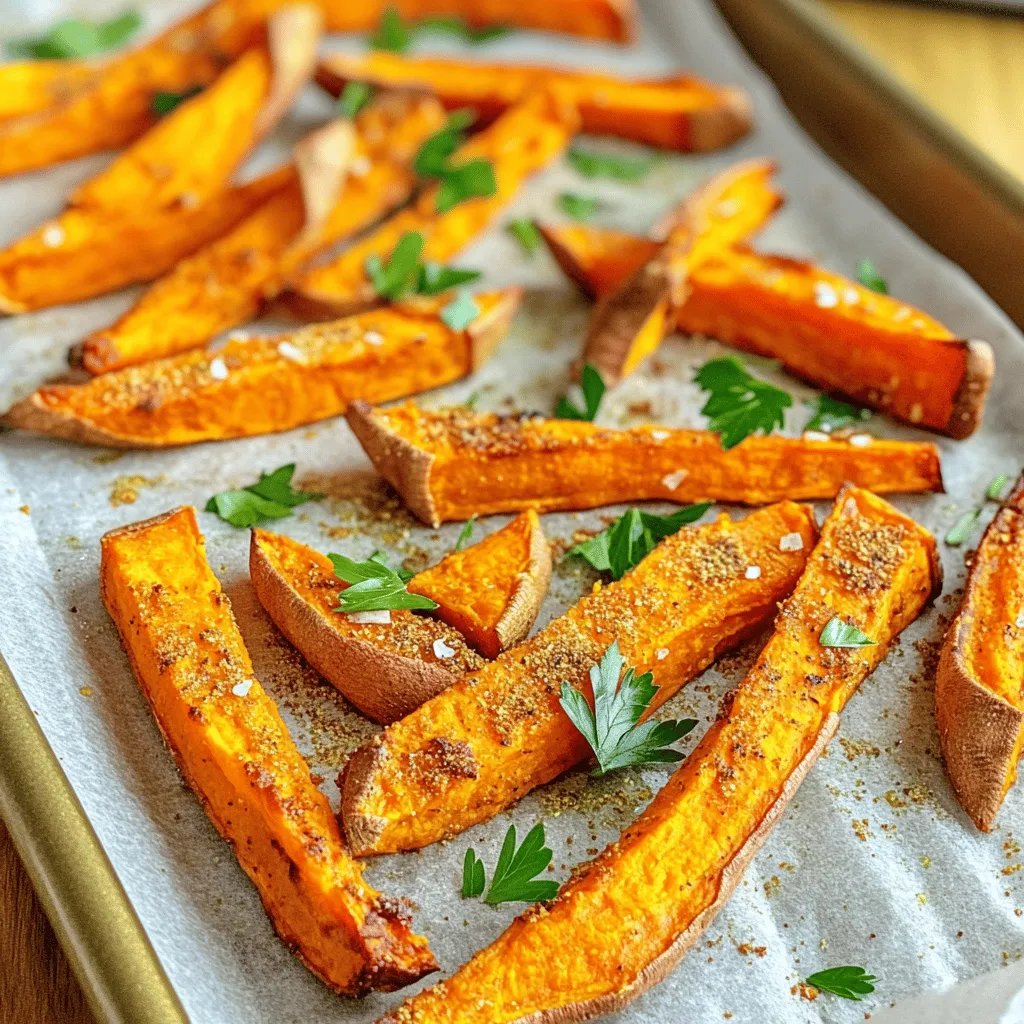 - 2 large sweet potatoes, peeled and cut into thin, uniform fries - 3 tablespoons extra virgin olive oil - 1 teaspoon smoked paprika - 1/2 teaspoon garlic powder - 1/2 teaspoon onion powder - 1/2 teaspoon cayenne pepper - Sea salt and freshly cracked black pepper, to taste - Fresh parsley for garnish Sweet potatoes are not just tasty; they pack a lot of nutrition too. They are rich in vitamins A, C, and several B vitamins. These vitamins are great for your eyes, skin, and immune system. Sweet potatoes also have fiber, which helps digestion. Eating sweet potatoes can provide many health benefits. They can help lower blood sugar levels and provide energy. They also have antioxidants, which can protect your body from damage. Choosing sweet potatoes over regular fries is a smart choice for your health. If you want the full recipe, check it out for more details on how to make these delicious fries. First, preheat your oven to 425°F (220°C). This high heat helps make the fries crispy. Next, take two large sweet potatoes. Peel them and cut them into thin, uniform fries. Aim for about 1/4-inch thickness. This size helps them cook evenly and become crisp. Now it's time to season the fries. Place the cut sweet potatoes in a large mixing bowl. Pour in 3 tablespoons of extra virgin olive oil. Toss the fries gently until they are fully coated. In a separate small bowl, mix together the smoked paprika, garlic powder, onion powder, and cayenne pepper. Sprinkle this seasoning mix over the fries. Toss them again to ensure every fry gets some flavor. Line a baking sheet with parchment paper. Spread the fries in a single layer. Make sure they aren't crowded. This is key for getting that crispy texture. Place the baking sheet in your preheated oven. Bake the fries for 20-25 minutes. Flip them halfway through the cooking time for even crispiness. They are done when golden brown and crisp. After baking, let them cool for a few minutes. Finally, garnish with fresh parsley before serving. Enjoy this crispy and flavorful treat! You can find the Full Recipe for more details. To get crispy fries, start with a hot oven. Set it to 425°F (220°C) before you bake. This temperature helps the fries cook evenly and crisp up nicely. Spacing is just as important. Place the fries in a single layer on your baking sheet. If they touch, they will steam instead of crisp. Give them room to breathe for the best results. You can mix up the flavors in your fries. Instead of just smoked paprika, try cinnamon for a sweet twist. You can also add chili powder for some heat. Dipping sauces make a big difference too. I love serving my fries with spicy mayo or a tangy yogurt dip. These flavors pair well with sweet potatoes and make each bite special. If you want a quicker way, try an air fryer. It cooks fries faster and can make them super crispy. Just toss the fries with oil and seasonings, then air fry at the same temperature. Deep frying is another option, but it adds extra oil. Baked fries are healthier and still taste amazing. Plus, they are easier to make without the mess of hot oil. For more details, check the Full Recipe. {{image_4}} You can change the taste of your baked sweet potato fries with fun seasonings. For sweet fries, try adding a sprinkle of cinnamon and a touch of sugar. This gives a warm, cozy flavor that many love. If you like it spicy, mix in chili powder or a drop of hot sauce. These flavors can make your fries exciting and new. The shape of your fries can change their texture too. Curly fries are fun and add a twist to your dish. Regular fries are classic and always a hit. You can also cut your sweet potatoes into wedges. Wedges are thicker and great for dipping. Shoestring fries are thin and crispy all around. Each shape brings its own joy to every bite. You can make your fries even better by mixing sweet potatoes with other veggies. Try combining them with regular potatoes. This mix balances the sweet and savory flavors. You can also add other root vegetables like carrots or beets. This not only adds color but also makes your plate look vibrant and healthy. For the full recipe, check out the Crispy Baked Sweet Potato Fries . To keep your baked sweet potato fries fresh, store them in an airtight container. Make sure to let them cool first. Place a paper towel in the container to absorb moisture. This helps keep them crispy. They last in the fridge for about 3 to 5 days. To make your fries crispy again, the oven works best. Preheat the oven to 400°F (200°C). Spread the fries on a baking sheet and heat for about 10 to 15 minutes. Flip them halfway through. If you are short on time, you can use an air fryer. Set it to 350°F (175°C) and heat for about 5 to 7 minutes. Avoid using the microwave; it can make the fries soggy. For best results, always reheat them in the oven or air fryer. To make sweet potato fries crispy, follow a few key steps. First, cut the sweet potatoes into thin, even strips. This helps them cook evenly. Use a good amount of olive oil to coat the fries. The oil helps them crisp up in the oven. Spread the fries on a baking sheet in one layer. If they are crowded, they will steam instead of bake. Bake them at a high temperature of 425°F (220°C) for 20 to 25 minutes. Flip them halfway through cooking for even crispiness. Yes, you can prepare sweet potato fries in advance. Cut and season the fries, then store them in an airtight container in the fridge for up to 24 hours. This saves time when you are ready to bake. When you are ready, just toss them with olive oil and seasonings, then bake as usual. This method keeps the fries fresh and tasty. Baked sweet potato fries taste great with many dipping sauces. Here are some options to try: - Spicy mayo for a kick - Tangy yogurt dip for creaminess - Ketchup for a classic choice - Garlic aioli for a rich flavor - Honey mustard for a sweet twist These sauces enhance the flavors and add fun to your meal. Yes, sweet potato fries are often healthier than regular potato fries. Sweet potatoes are rich in vitamins A and C. They also have more fiber than regular potatoes. This helps with digestion and keeps you full longer. Sweet potato fries can have less fat, especially when baked instead of fried. Keep in mind, the way you cook and season them matters for health benefits. Enjoy the crispy baked sweet potato fries for a tasty and nutritious snack! You can find the full recipe above. This blog post covered how to make tasty sweet potato fries. We discussed essential ingredients and their health benefits. I shared step-by-step instructions to ensure perfect fries. You learned tips for achieving a crispy texture and fun variations to try. Sweet potatoes are nutritious and delicious. Experiment with seasonings and methods to find your favorite. With proper storage and reheating, leftovers can stay tasty. Enjoy your sweet potato fries, and make them your own!