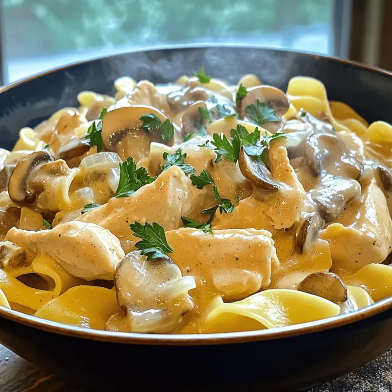 - 500g boneless chicken breasts, sliced into thin strips - 2 tablespoons olive oil - 1 medium onion, finely chopped - 3 cloves garlic, minced - 250g mushrooms, sliced (button or cremini) - 1 tablespoon Worcestershire sauce (optional) - 1 teaspoon dried thyme - 1 cup chicken broth - 1 cup sour cream - 2 tablespoons all-purpose flour - Salt and black pepper, to taste - Fresh parsley, chopped (for garnish) - Cooked egg noodles or rice, for serving This creamy chicken stroganoff is a great weeknight meal. You need fresh ingredients for the best flavor. Start with the chicken breasts. I prefer to slice them thin. This helps them cook evenly and quickly. Next, use olive oil to sauté. It adds richness and flavor. Don't skip the onion and garlic. They give a great base to the dish. The mushrooms add texture and a nice earthiness. If you like a bit of tang, try the Worcestershire sauce. For seasoning, dried thyme works wonders. It brings warmth to the dish. Chicken broth adds depth. Sour cream makes it creamy and rich. Flour helps thicken the sauce. Finally, add salt and pepper to taste. When you serve this dish, garnish with fresh parsley. It looks nice and adds a fresh bite. Pair it with egg noodles or rice for a filling meal. Check out the full recipe to see how all these ingredients come together for a delightful meal! To start, you need to sauté the chicken. Heat 2 tablespoons of olive oil in a large skillet over medium heat. Add the sliced chicken strips. Cook them for about 5 to 7 minutes. You want them browned and no longer pink in the center. Once cooked, take the chicken out of the skillet and set it aside on a plate. Next, it's time to cook the aromatics. In the same skillet, add a bit more olive oil if needed. Introduce the finely chopped onion and sauté it for about 3 minutes. You want the onion to soften and become translucent. Then, stir in the minced garlic. Cook for an additional minute until it smells great. Now, it’s time to cook the mushrooms and create the sauce. Toss in the sliced mushrooms. Cook them for about 5 minutes, stirring occasionally. They should become tender and start to brown. If you're using Worcestershire sauce, add it now. Sprinkle the dried thyme over the mix. Next, sprinkle 2 tablespoons of all-purpose flour to coat the veggies. Gradually pour in 1 cup of chicken broth while stirring. This helps avoid lumps. After that, it's time to incorporate the chicken and sour cream. Return the cooked chicken to the skillet. Let it simmer on low heat for about 5 minutes. This helps the sauce thicken a bit. Then, reduce the heat and gently stir in 1 cup of sour cream. Make sure it blends well and becomes creamy. Taste the sauce and season with salt and black pepper as you like. Finally, you can serve your dish. Spoon the creamy chicken stroganoff generously over warm egg noodles or rice. For a nice touch, garnish with freshly chopped parsley. This adds color and flavor. Enjoy your delicious homemade meal! For the complete recipe, check out the Full Recipe section. Cook the chicken to a safe temperature, but don’t overdo it. Overcooked chicken becomes dry. Use a meat thermometer to check for doneness. Aim for 165°F (75°C). It keeps the meat juicy and tender. To avoid lumps in your sauce, stir the chicken broth in slowly. Keep stirring as you pour. This helps everything blend smoothly. A lump-free sauce is key to a great stroganoff. For a fresh finish, top your stroganoff with chopped parsley. It adds color and flavor. You can also serve it with a crisp salad. The crunch of the salad pairs well with the creamy stroganoff. For the full experience, check the [Full Recipe] for more tips! {{image_4}} You can switch up the protein for your stroganoff. Try using turkey or beef instead of chicken. Both options add a unique twist to the dish. Turkey gives a lighter taste, while beef brings a richer flavor. You can still follow the same steps in the recipe. If you want a meat-free version, you can replace the chicken and broth. Use mushrooms and vegetable broth instead. Mushrooms give a hearty feel and mimic the texture of meat. This option is great for vegetarians or anyone wanting to eat less meat. To take your chicken stroganoff to the next level, add some spices. Paprika adds a smoky flavor that deepens the taste. A splash of white wine can also enhance the sauce's depth. Just be careful not to overpower the dish. These tweaks can make a simple meal feel gourmet, impressing your family or guests. For the full recipe, check out the detailed instructions above. Store your chicken stroganoff in an airtight container. This keeps it fresh and tasty. It stays good in the fridge for up to three days. Make sure it cools down before you seal it. To reheat, place the stroganoff in a skillet over low heat. Add a splash of chicken broth if it seems thick. Stir gently until warm. This keeps the sauce creamy and smooth. You can freeze portions of chicken stroganoff for later use. Use freezer-safe containers or bags. Label them with the date. When you need a quick meal, just thaw it overnight in the fridge. This makes busy weeknights a breeze! Homemade Chicken Stroganoff lasts about three to four days in the fridge. Store it in an airtight container. This keeps the dish fresh and safe to eat. Yes, you can make Homemade Chicken Stroganoff ahead of time. Prepare the dish and store it in the fridge. Reheat it before serving for a quick meal. You can serve Chicken Stroganoff with: - Egg noodles - Rice - Mashed potatoes - Crusty bread These sides balance the creamy sauce well. Absolutely! You can use different types of pasta. Try fettuccine, penne, or even gluten-free pasta. Each type gives a unique twist to the dish. Yes, you can make this recipe gluten-free. Use gluten-free flour to thicken the sauce. Also, choose gluten-free pasta or serve with rice. To adjust for a larger crowd, simply double the ingredients. This makes enough for eight servings. Ensure you use a big pot to cook everything evenly. You can find the Full Recipe for more details. This blog post shared a simple chicken stroganoff recipe. We covered key ingredients, detailed steps, and helpful tips. Enjoy cooking delicious chicken with easy seasoning. Feel free to customize the recipe using different proteins or flavors. Store any leftovers in an airtight container for easy meals later. Cooking should be fun, so explore and make this dish your own. You'll impress friends and family with your tasty creation!