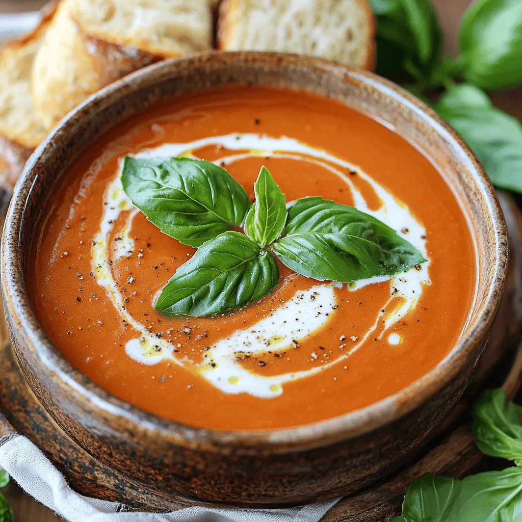 To make creamy tomato basil soup, gather these fresh and simple ingredients: - 2 tablespoons olive oil - 1 medium onion, finely chopped - 3 cloves garlic, minced - 1 can (28 oz) crushed tomatoes - 4 cups vegetable broth - 1 teaspoon granulated sugar - Salt and freshly cracked black pepper to taste - 1 cup heavy cream (you can use coconut cream for a dairy-free option) - 1 cup fresh basil leaves, roughly chopped - Optional: ½ teaspoon red pepper flakes for a spicy kick Each ingredient plays a key role in creating a rich and delicious soup. The olive oil adds a smooth base, while the onion and garlic bring warmth and depth. Crushed tomatoes provide that juicy flavor, and vegetable broth adds the right amount of liquid. Sugar balances the acidity of tomatoes, making the soup taste better. Heavy cream makes it rich and velvety, and fresh basil gives a delightful herbal note. You can spice things up with red pepper flakes if you like heat. For the full recipe, check out the steps to create this comforting dish. First, gather all your ingredients. This makes cooking easier. You will need olive oil, onion, garlic, crushed tomatoes, vegetable broth, sugar, salt, pepper, heavy cream, and fresh basil. If you like some heat, grab red pepper flakes too. Now, let's get cooking! 1. Heat the oil: In a large pot, heat the olive oil over medium heat. You want it hot but not smoking. 2. Sauté the onion: Add the finely chopped onion. Cook for 5 minutes until soft and clear. Stir it often. This helps it cook evenly. 3. Add garlic: Stir in the minced garlic. Sauté for 1 minute. You want it fragrant but not brown. 4. Combine ingredients: Pour in the crushed tomatoes and vegetable broth. Add the sugar, salt, and pepper. Stir well to mix. 5. Simmer: Bring the soup to a gentle simmer. Let it cook for 20 minutes. Stir often to help the flavors blend. 6. Cool and blend: Remove the pot from heat. Let it cool for a few minutes. Use an immersion blender to make it smooth. If you use a standard blender, do it in batches. Be careful; it’s hot! 7. Return to heat: Put the pureed soup back in the pot on low heat. Stir in the heavy cream. Warm it gently for 5-7 minutes. Avoid boiling. 8. Add basil: Fold in the chopped basil leaves. If you like spice, add red pepper flakes now. Stir until everything is mixed well. Taste it and adjust salt and pepper if needed. 9. Serve: Pour the soup into bowls. You can drizzle more cream or olive oil on top. Enjoy your delicious creamy tomato basil soup! For the full recipe, check out the detailed cooking instructions. - Best practices for sautéing onions and garlic: Start with a pot over medium heat. Add olive oil first. Once hot, add chopped onions. Stir often for about five minutes. You want them soft and clear, not brown. After that, add minced garlic. Cook it for one more minute. Smell that? It means it’s ready! - How to achieve the perfect creamy texture: Use heavy cream for richness. If you want a lighter touch, coconut cream works too. When blending the soup, ensure it’s smooth. An immersion blender is best for this. If you use a standard blender, do it in small batches. Always be careful as the soup is hot. - Ideas for garnish and sides: Serve the soup hot in bowls. Top with fresh basil leaves for color. A drizzle of cream adds flair. Serve with crusty bread for dipping. This adds a nice crunch and complements the soup well. - Recommended pairings with beverages: A light white wine pairs nicely. Try a crisp Sauvignon Blanc or a chilled Pinot Grigio. For a non-alcoholic option, serve iced tea or sparkling water. Both refresh the palate and enhance the meal. For the complete recipe, you can refer back to the Full Recipe section. {{image_4}} You can switch up the cream in this recipe. If you want a dairy-free option, use coconut cream. This gives the soup a rich taste without dairy. You can also play with how creamy your soup is. Add more or less cream based on your taste. For a lighter version, try using half-and-half instead of heavy cream. Want to change the flavor? You can add spices to give your soup a new twist. Try adding a pinch of cayenne for heat or some Italian herbs for depth. You can also add other veggies like carrots or bell peppers for extra nutrition and taste. If you want a heartier soup, mix in cooked chicken or beans. These changes keep the soup fresh and fun, making it your own every time you make it. To keep your creamy tomato basil soup fresh, store it in an airtight container. This helps prevent any unwanted odors from mixing in. If you plan to eat it within a few days, refrigeration is best. Just put it in the fridge after it cools down. It stays good for about 3 to 5 days. If you have more soup than you can eat, freezing is a great option. Pour the cooled soup into freezer-safe containers. Leave some space at the top for expansion. This soup can last in the freezer for about 3 months. When you are ready to enjoy it, just pull it out and let it thaw overnight in the fridge. To enjoy your soup again, you must reheat it carefully. For the best taste, use a pot on the stove. Pour the soup in and heat it over low to medium heat. Stir often to make sure it warms evenly. Avoid boiling, as this can change the texture. You can also use a microwave for quick reheating. Place the soup in a microwave-safe bowl and cover it loosely. Heat in short bursts, stirring in between. This method helps keep the flavor intact. Remember, you want your soup warm, not hot. Enjoy your creamy tomato basil soup just like the first time! Can I use fresh tomatoes instead of canned? Yes, you can use fresh tomatoes. If you choose this option, use about 2 pounds of ripe tomatoes. First, blanch them in boiling water for a minute. Then, remove the skins and chop them. This gives a fresh taste to your soup. How to make it gluten-free? This soup is naturally gluten-free. Just make sure to check your vegetable broth for gluten. Some brands may add gluten as a thickener. Use a broth that is labeled gluten-free. Can I prepare this soup in advance? Absolutely! You can make this soup ahead of time. Just store it in an airtight container in the fridge for up to three days. When you are ready to serve, reheat it on the stove. Stir it well to ensure it heats evenly. Caloric content and health benefits A serving of this soup has about 250 calories. It is rich in vitamins A and C. The tomatoes are full of antioxidants, which can help fight disease. The basil adds flavor and may help with digestion. Suggestions for making it more nourishing To boost nutrition, add vegetables like carrots or spinach. You can also stir in some lentils or beans for extra protein. This makes the soup heartier and adds more fiber. This blog post covered how to make a creamy tomato basil soup. We discussed the key ingredients you need, like olive oil, garlic, and heavy cream. I shared step-by-step cooking instructions, expert tips, and serving ideas. You can even try variations for different tastes. In the end, this soup is simple to make and delicious. With the right ingredients and techniques, you will impress anyone who tries it. Enjoy your cooking, and remember, you can always tweak it to suit your taste!