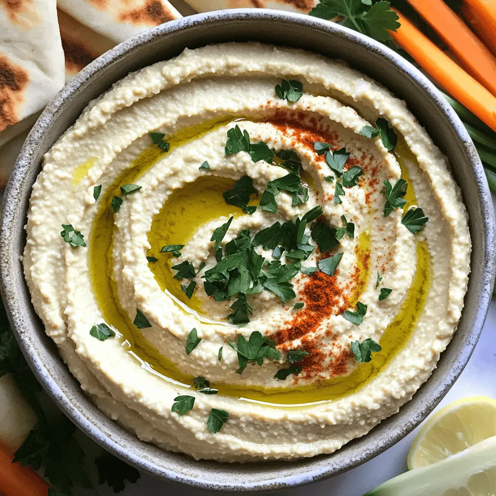 - 1 can (15 oz) chickpeas, thoroughly drained and rinsed - 1/4 cup creamy tahini - 2 tablespoons high-quality olive oil, plus more for drizzling These three items form the base of your classic hummus. Chickpeas add a rich, nutty flavor and creamy texture. Tahini, made from sesame seeds, brings a unique taste and creaminess. Olive oil adds richness and a smooth mouthfeel. - 2 tablespoons freshly squeezed lemon juice - 1 clove garlic, finely minced - 1/2 teaspoon ground cumin - 1/4 teaspoon smoked paprika, plus extra for garnish Lemon juice brightens the dish with its tangy flavor. Garlic adds depth and warmth. Cumin brings a hint of earthiness, while smoked paprika adds a touch of spice and color. - Fresh parsley, finely chopped, for garnish - Soft pita bread or crisp vegetable sticks for serving Garnish your hummus with fresh parsley for a pop of color. Serve with warm pita bread for dipping. Crunchy vegetable sticks like carrots and cucumbers make for a healthy option. For the full recipe, check the [Full Recipe]. - Rinse and Drain: Start by rinsing one can of chickpeas under cold water. Make sure to drain them well. This helps remove excess sodium and improves the flavor. - Optional: Peeling: You can peel the chickpeas for a smoother texture. This step is not required, but it can make your hummus extra creamy. - Mixing Techniques in a Food Processor: Place the rinsed chickpeas, tahini, olive oil, lemon juice, minced garlic, cumin, smoked paprika, and a pinch of salt into a food processor. Pulse the mix a few times for a rough chop. - Achieving Creamy Consistency: Blend continuously until the mixture is smooth. Stop to scrape down the sides as needed. This step ensures all the ingredients mix evenly. - Adding Water Gradually: If the hummus is too thick, add water in small amounts. Start with one tablespoon and blend after each addition. Keep going until you reach the desired creaminess. - Tasting and Adjusting Seasonings: Once blended, taste the hummus. If it needs more flavor, add a little more salt or a splash of lemon juice. This step allows you to customize the taste to your liking. Now, you have a simple and flavorful hummus ready to enjoy! For the full recipe, check out the detailed instructions above. Using fresh ingredients is key. Fresh chickpeas and lemon juice give your hummus a bright taste. Rinse your chickpeas well to remove any canning liquid. This step helps the hummus taste better. To make hummus extra creamy, blend it longer. Start with your food processor and mix until smooth. If you want a silkier texture, add water slowly. Blend after each addition. Aim for a smooth finish, free of lumps. Over-processing your hummus can make it gummy. Stop blending when it’s creamy but not too long. If you under-process, your hummus will be chunky. Achieve that desired smoothness by blending just right. Balancing flavors is very important. Taste and adjust salt and lemon juice as needed. Too much salt can ruin the dish, while too little will leave it bland. Finding the right balance makes all the difference. For creative plating ideas, use a shallow bowl. Spread the hummus evenly, then create a well in the center. Drizzle olive oil into the well for a pretty look. Sprinkle smoked paprika on top for added color. Best pairings with hummus include warm pita bread and crunchy veggie sticks. Carrots, cucumbers, and bell peppers are great choices. These pairings add crunch and freshness to your meal. Enjoy your hummus with these tasty sides for the best experience. {{image_4}} Exploring hummus variations can bring new life to this classic dish. Let's dive into some fun ideas you can try at home. - Roasted Garlic Hummus Roasting garlic gives it a sweet, mellow taste. Just roast a few cloves in olive oil until soft. Blend the roasted garlic into your hummus for a rich flavor. - Spicy Hummus with Jalapeños If you like heat, add fresh or pickled jalapeños to your base. Start with one chopped jalapeño. Mix it in and taste. You can always add more for extra spice! - Edamame or Beetroot Hummus Try edamame for a bright green hummus. Cook and blend it with your usual ingredients. For a colorful twist, use cooked beetroot. It adds sweetness and a vibrant hue. - Black Bean Hummus Swap chickpeas for black beans. This will give your hummus a deeper flavor. Mix in lime juice and cilantro for a fun take on the classic. - Gluten-Free Serving Options Hummus is naturally gluten-free. Serve it with rice cakes or veggie sticks. This makes it a great snack for everyone. - Vegan-Friendly Adjustments Good news! Hummus is already vegan. You can enjoy it with all your favorite plant-based dippers. It’s a healthy choice for all diets. Feel free to explore these variations. Each one adds a unique twist to your classic hummus recipe. Check out the Full Recipe for more ideas! To keep your hummus fresh, store it in an airtight container. This helps prevent it from drying out. Place a thin layer of olive oil on top of the hummus before sealing. This extra layer adds flavor and keeps it moist. - Best Practices for Refrigeration Hummus lasts about 4 to 7 days in the fridge. Always check for any changes in smell or color. If it looks or smells off, it's best to toss it. - Freezing Hummus for Longer Shelf Life For longer storage, freeze hummus in small portions. Use ice cube trays or silicone molds for easy serving sizes. Once frozen, transfer cubes to a freezer bag. Hummus can last about 3 months in the freezer. To enjoy your hummus warm, gently reheat it. Use a microwave or a small pot on low heat. Avoid high heat to keep the texture smooth. - Best Methods to Maintain Texture Add a splash of water or olive oil while reheating. This helps return creaminess to the hummus. Stir frequently to prevent it from burning or sticking. - Recipe Uses for Leftover Hummus Don't waste leftover hummus! Use it as a spread on sandwiches or wraps. You can also mix it into pasta for a creamy sauce. Hummus works great as a dip for fresh veggies or chips. Homemade hummus lasts about 5 to 7 days in the fridge. Store it in an airtight container. If you see mold or it smells off, throw it away. Yes, you can make hummus without tahini. Use more olive oil or add nut butter instead. The flavor will change a bit, but it will still taste great. Hummus is a healthy snack. It is rich in protein, fiber, and healthy fats. It can fill you up without too many calories. Pair it with veggies for a nutritious bite. You can serve hummus with many things. Try fresh veggies like carrots, cucumbers, or bell peppers. You can also use whole grain crackers or chips for a crunchy treat. To make hummus creamier, blend it longer. Also, add water slowly while blending. Start with a tablespoon at a time until it reaches your desired smoothness. Enjoy your hummus with the full recipe for a delightful twist! Making hummus combines simple ingredients for a tasty treat. You learned about essential items like chickpeas, tahini, and olive oil. Flavor boosters like garlic and lemon juice make it special. I shared tips to get the right texture and avoid common errors. You can also explore unique variations and proper storage methods to keep your hummus fresh. Enjoy experimenting with flavors and impress your friends with your skills! Hummus is not just easy; it’s healthy, too. Make it your own and have fun!
