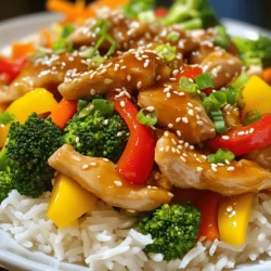 - 1 lb boneless chicken breast - 2 tablespoons honey - 3 tablespoons soy sauce - 3 cloves garlic - 1 tablespoon fresh ginger - 1 cup bell peppers - 1 cup broccoli florets - 1 medium carrot - 2 tablespoons vegetable oil - 1 tablespoon sesame seeds - Salt and pepper To make Honey Garlic Chicken Stir-Fry, you need just a few simple ingredients. First, gather 1 lb of boneless chicken breast. This chicken serves as the main protein in the dish. Honey adds a sweet touch, while soy sauce gives depth to the flavor. You will also need garlic and ginger for that aromatic punch. Next, fresh vegetables bring color and crunch. I love using bell peppers, broccoli florets, and carrots. They not only taste great but also make the dish look vibrant. You will need 1 cup of each bell pepper and broccoli, plus one medium carrot. For cooking, grab 2 tablespoons of vegetable oil. This oil helps to sauté everything. Finally, use sesame seeds for garnish. They add a nice texture and flavor. A pinch of salt and pepper finishes off the seasoning nicely. Let’s dive deeper into the tools you’ll need to whip up this tasty meal. - In a small bowl, mix 2 tablespoons of honey, 3 tablespoons of soy sauce, 3 minced garlic cloves, and 1 tablespoon of minced ginger. This sauce adds a sweet and savory flavor. - Take 1 lb of thinly sliced chicken breast and season it with salt and pepper. This step is key for boosting the taste. - Heat 2 tablespoons of vegetable oil in a large skillet over medium-high heat. Once the oil is hot, add the seasoned chicken. Stir-fry it for about 5-7 minutes until the chicken is golden brown. Remove the chicken from the skillet and keep it warm. - In the same skillet, add sliced bell peppers, broccoli florets, and julienned carrots. Stir-fry these veggies for about 3-4 minutes. You want them to be tender but still have a nice crunch. - Return the cooked chicken to the skillet. Pour the honey-garlic sauce over the chicken and veggies. Toss everything together well for about 2 minutes until the sauce thickens slightly. - Remove the skillet from the heat. Sprinkle 1 tablespoon of sesame seeds on top for extra flavor and a nice look. - Serve your honey garlic chicken stir-fry over warm jasmine rice or noodles for a complete meal. Check out the Full Recipe for more details on making this easy weeknight meal! To make a great honey garlic chicken stir-fry, follow these tips: - Cut the chicken breast thinly. Thin slices cook quickly and stay juicy. - Don’t overcrowd the pan. Give each piece room to cook evenly. This keeps the chicken tender and avoids steaming. You can boost the flavor of your dish in a few simple ways: - Marinate the chicken in the honey-garlic sauce for at least 30 minutes. This adds a deep taste to the meat. - Experiment with the garlic. If you love garlic, add more! Just remember, too much can overpower the dish. Getting these tips right will help you create a delicious meal. You can find the full recipe to guide you through the steps. Enjoy your cooking! {{image_4}} You can easily change the veggies in this dish. First, use snow peas or snap peas for a sweet crunch. They cook fast and add color. You can also add mushrooms. They bring a nice earthiness to the mix. Just slice them thin and toss them in for the last few minutes of cooking. If you want a twist, try using shrimp or tofu instead of chicken. Shrimp cooks fast and adds a seafood twist. Tofu is great for a plant-based meal. Just press it first to remove excess water. For beef lovers, thinly sliced beef works well too. Cook it just like the chicken for a hearty stir-fry. To spice things up, consider adding sriracha to the sauce. It gives a nice heat that complements the honey. For those who avoid soy, use coconut aminos instead. It has a similar taste but is soy-free. These changes keep the dish fresh, no matter how you enjoy it. For the full recipe, check out the details listed above. To store leftovers, let the honey garlic chicken stir-fry cool down first. Place it in an airtight container. This helps keep it fresh for up to three days. I recommend eating it within this time for the best taste. When storing, keep the chicken and veggies mixed with the sauce. This keeps them flavorful. For best practices, try to refrigerate the stir-fry within two hours after cooking. This prevents bacteria growth. Label your container with the date to track freshness. When you are ready to eat, just reheat it in a skillet or microwave until hot. If you want to save the stir-fry for longer, freezing is a great option. To do this, allow the dish to cool completely. Then, portion it into freezer-safe bags or containers. Be sure to remove as much air as possible. This helps avoid freezer burn and keeps the flavors intact. The stir-fry can last in the freezer for up to three months. When you're ready to eat your frozen stir-fry, move it to the fridge overnight. This will let it thaw slowly. For reheating, you can use a skillet over medium heat. Add a splash of water or broth for moisture. Stir until everything is hot. This method keeps the texture of the chicken and veggies nice. Enjoy your delicious meal again! This dish takes about 25 minutes in total. You will spend 15 minutes prepping ingredients. Cooking takes about 10 minutes. This quick time makes it perfect for busy weeknights. Yes, you can use frozen vegetables. They save time and are convenient. If using frozen veggies, add them to the skillet directly from the freezer. Cook them until warmed through, about 5 minutes. Fresh veggies will give you a better crunch, so choose what you like best. I suggest serving this stir-fry over cooked jasmine rice or noodles. Both options soak up the sauce well. You can also serve it with a simple green salad or steamed edamame on the side for added nutrition. Yes, you can prep this dish ahead of time. Slice the chicken and chop the veggies a day before. Store them in the fridge in separate containers. When ready to cook, just follow the recipe from the start. Leftovers can be stored in the fridge for up to three days. Reheat in a pan over low heat for the best results. This dish features simple ingredients and easy steps. You mix honey, soy sauce, and garlic to create a tasty marinade. Stir-frying thin chicken and fresh vegetables brings out great flavors. Remember, you can switch up ingredients or sauces to suit your taste. Store any leftovers properly, so they stay fresh. This recipe is quick, allowing for meal prep or a speedy weeknight dinner. Enjoy the ease of making a delicious honey garlic chicken stir-fry that your whole family will love.