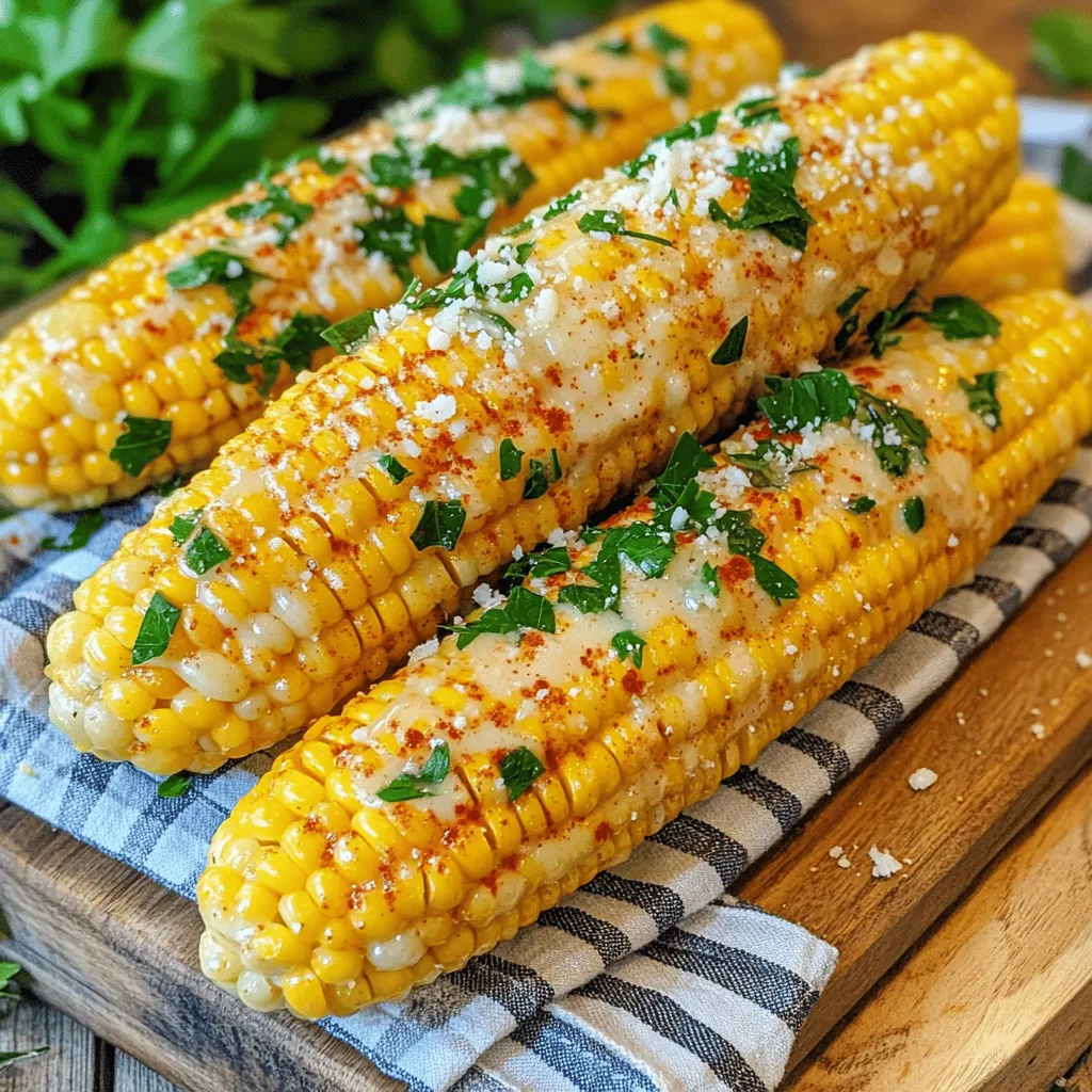 - 4 ears of fresh corn, husked - 1/2 cup unsalted butter, softened to room temperature - 4 cloves garlic, finely minced - 1 tablespoon fresh parsley, finely chopped - 1 teaspoon smoked paprika - 1/2 teaspoon salt - 1/4 teaspoon freshly ground black pepper - 1 tablespoon grated Parmesan cheese (optional) Use fresh corn for the best taste. The butter must be soft to mix well. Garlic should be finely minced for a strong flavor. Chop the parsley finely to spread its taste evenly. Adjust the salt and pepper to your liking. If you like cheese, add Parmesan for extra flavor. For butter, I recommend brands like Kerrygold or Land O’Lakes. They both have rich flavors. Use freshly minced garlic instead of pre-minced for better taste. Look for organic corn if possible. It is often sweeter and fresher. When choosing paprika, a good quality brand like McCormick can elevate the flavor. For parsley, fresh is always best. Avoid dried parsley for this dish. You want vibrant flavors that shine through! You can find the full recipe for garlic butter corn on the cob in the instructions section. Start by filling a large pot with water. Add a good amount of salt to the water. Bring the water to a strong boil over high heat. Carefully add the husked corn to the pot. Let it boil for 8-10 minutes until the kernels are bright yellow and tender. Once done, use tongs to take the corn out. Place it on a plate to cool for a few moments. This cooling will help you handle the corn later. While the corn cooks, you can make the garlic butter. In a small bowl, combine the softened butter, minced garlic, chopped parsley, smoked paprika, salt, and black pepper. Use a fork or spatula to mix everything well. You want a smooth blend that smells amazing. This butter will add great flavor to your corn. Once the corn has cooled a bit, grab a pastry brush. Use it to coat each ear of corn with the garlic butter mixture. Make sure to cover all sides so every bite is full of flavor. If you want to add Parmesan cheese, sprinkle it on now. Preheat your grill to medium heat. Place the butter-coated corn on the grill. Cook it for about 4-5 minutes, turning it often. Look for a nice char on the edges. This grilling will make the dish even better. Serve the corn warm and drizzle any leftover garlic butter on top for a great finish. For the full recipe, refer back to the beginning! To cook corn perfectly, always start with fresh ears. Look for ears with bright green husks. The kernels should feel plump and moist. If you can, buy corn the same day you plan to cook it. Boiling corn is quick. Bring your salted water to a boil before adding the corn. This helps keep the sweet flavor locked in. Boil the corn for 8-10 minutes only. Overcooking can make it tough. You can boost the flavor of your garlic butter corn in many ways. Adding lime juice gives a nice zing. For a spicy kick, mix in some chili powder or cayenne pepper with the garlic butter. You could also add fresh herbs like basil or cilantro. For a cheesy twist, sprinkle some feta or goat cheese on top. Each of these options will give your dish a unique spin. Using the right tools makes cooking easier and more fun. A large pot for boiling corn is vital. Pair it with a good pair of tongs to handle hot corn. A pastry brush is perfect for spreading garlic butter evenly. You might also want a grill basket if you grill your corn. This keeps the corn from falling through the grates. Finally, don’t forget some good mixing bowls for your garlic butter blend. These tools will help you create the best garlic butter corn on the cob. For the full recipe, check out the section above. {{image_4}} You can easily add cheese to your garlic butter corn. Parmesan is a great choice. Just sprinkle some grated cheese on top after you coat the corn. This gives it a creamy, savory taste. You can also try feta or cheddar for a different flavor. Each cheese brings its own twist to this classic dish. If you like heat, try adding spices to your garlic butter. You might use cayenne pepper or red pepper flakes. Start with a small amount and taste as you go. This will ensure you get the perfect level of spice. The heat pairs well with the sweet corn. It makes every bite exciting and bold! Want to switch it up? You can use different herbs in your butter. Basil, thyme, or dill can add fresh notes. Just chop the herbs finely and mix them into your butter. This will infuse your corn with new flavors. Experimenting with herbs keeps your dish fun and fresh. After you enjoy your garlic butter corn on the cob, store any leftovers properly. Let the corn cool down before putting it away. Wrap each ear tightly in plastic wrap or aluminum foil. You can also place them in an airtight container. This keeps the corn fresh and tasty. Store it in the fridge for up to three days. When you're ready to eat the leftover corn, you have a few options. The best way to reheat it is on the grill. Preheat your grill to medium heat. Place the corn on the grill for about five minutes, turning it often. This method keeps the corn juicy and flavorful. If you prefer, you can also reheat it in the microwave. Place the corn on a microwave-safe plate, cover it with a damp paper towel, and heat for one to two minutes. If you want to keep the corn for a longer time, freezing is a great option. First, let the corn cool completely. Then, wrap each ear tightly in plastic wrap and place them in a freezer bag. Make sure to remove as much air as possible. You can freeze the corn for up to six months. When you’re ready to enjoy it, thaw it in the fridge overnight before reheating. This way, you’ll have tasty corn ready to enjoy anytime! Boil corn on the cob for 8 to 10 minutes. You want the kernels tender and bright yellow. If you boil them too long, they can become mushy. Keep an eye on the time. Yes, you can use frozen corn. Just thaw it first and skip the boiling step. Instead, you can grill or sauté the corn. The garlic butter will still add great flavor. Garlic butter corn pairs well with many dishes. Try serving it with grilled meats like chicken or steak. It also goes great with salads or pasta. To make garlic butter corn vegan, swap the butter for a plant-based alternative. Use vegan margarine or coconut oil. The garlic and spices will still shine through. You can find the full recipe for garlic butter corn on the cob above. It includes all the details to make this tasty dish. Enjoy cooking! This blog post covers all you need for delicious garlic butter corn on the cob. We discussed key ingredients, how to prepare the corn, and tips for perfect grilling. Variations like adding cheese or spices provide fun twists. Proper storage methods keep leftovers fresh. Remember, enjoy this dish at your next barbecue or dinner. By following these steps, you’ll impress anyone with your cooking. Now, it's time to gather your ingredients and fire up the grill! Enjoy every bite.