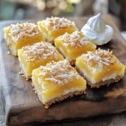 - 1 cup all-purpose flour - 1/2 cup unsweetened shredded coconut - 1/4 cup powdered sugar - 1/4 cup cornstarch - 1/2 cup unsalted butter, softened to room temperature - 1 (14 oz) can coconut milk, well stirred - 1/2 cup granulated sugar - 3 large eggs, at room temperature - 1 teaspoon pure vanilla extract - 1/4 cup sweetened shredded coconut, lightly toasted - Whipped cream (optional) I love using simple, fresh ingredients to create Coconut Cream Pie Bars. The dry ingredients form a lovely crust that serves as the base. The all-purpose flour gives the bars structure, while the unsweetened shredded coconut adds a nice texture. The powdered sugar sweetens the crust just right, and the cornstarch helps keep it firm. The wet ingredients bring life to these bars. Unsalted butter adds richness, and coconut milk brings a creamy, tropical touch. Granulated sugar sweetens the filling, and eggs help it set perfectly. Pure vanilla extract makes everything taste great. For toppings, I toast sweetened shredded coconut until golden. It gives a crunchy bite on top. A dollop of whipped cream adds extra indulgence, but it’s optional. You can find the Full Recipe for a detailed guide on how to make these bars. 1. Preheat your oven to 350°F (175°C). Grab an 8x8 inch baking dish and lightly grease it with cooking spray or butter. 2. In a medium bowl, mix together the all-purpose flour, unsweetened shredded coconut, powdered sugar, and softened butter until it looks like coarse crumbs. You can use your fingers or a pastry cutter for this. 3. Press the crumbly mixture evenly into the bottom of your baking dish to form a solid crust. Make sure it is packed well. 1. In a separate bowl, combine the well-stirred coconut milk, granulated sugar, large eggs, cornstarch, pure vanilla extract, and salt. 2. Whisk this mixture until it is smooth and creamy. This will be the delicious filling for your bars. 1. Place the crust in the oven and bake it for about 15 minutes, until it is light golden brown. Keep an eye on it to avoid burning. 2. Once the crust is done, remove it from the oven and let it cool slightly. Pour the coconut filling over the cooled crust, spreading it evenly. 3. Return the dish to the oven and bake for an additional 25-30 minutes. The filling should be set in the center and lightly golden on top. 1. After baking, let the bars cool completely at room temperature. This step is important! 2. Transfer the dish to the refrigerator and chill for at least 2 hours. This helps the bars firm up nicely. 3. When ready to serve, use a sharp knife to cut the dessert into squares or bars. Top with the toasted shredded coconut for a lovely finish. If you like, add a dollop of whipped cream right before serving. For the full recipe, check out Coconut Dream Bars 🥥. To get the best texture, pay attention to baking times. For the crust, bake it for about 15 minutes. Look for a light golden color. If it’s too dark, your bars may taste burnt. After baking, allow the crust to cool slightly. This step helps the filling set better. Let the baked bars cool completely at room temperature. Then, chill them in the fridge for at least two hours. Chilling firms up the filling. It also makes cutting the bars easier. You can swap some ingredients to fit your taste. For a gluten-free option, use almond flour instead of all-purpose flour. If you prefer less sugar, cut down the granulated sugar by a quarter. Want to enhance the flavor? Mix in some crushed pineapple for a tropical twist. You could also add a touch of almond extract for a unique taste. When serving, use a decorative platter. This adds a nice touch to your dessert table. Garnish with fresh mint leaves for color. A light dusting of powdered sugar also looks great. For an extra special treat, top each bar with whipped cream. Serve it right before enjoying. This adds creaminess that everyone loves. You can even add a sprinkle of toasted coconut on top for a delightful crunch. For the full recipe, check out Coconut Dream Bars. {{image_4}} You can add a burst of flavor by including pineapple. Fresh pineapple chunks or crushed pineapple work great. This fruity addition gives the bars a refreshing twist. For coconut cream variations, try using coconut cream instead of coconut milk. This change makes the filling even richer and creamier. For chocolate lovers, incorporating cocoa powder is a must. Mix in two tablespoons of cocoa powder with your wet ingredients. This simple addition transforms your bars into a chocolate delight. You can also drizzle melted chocolate on top before serving. It adds a beautiful finish and extra flavor. If you love nuts, add pecans or almonds. Chop them up and mix them into the filling. This will give your bars a nice crunch. You can also sprinkle them on top with the toasted coconut. Mixing with other toppings like crushed cookies or chocolate chips adds even more texture and taste. For the full recipe, check out the Coconut Dream Bars. To keep your Coconut Cream Pie Bars fresh, store them in an airtight container. A glass container works well, but plastic will do too. They stay tasty in the fridge for about five days. Just make sure they are cool before sealing. This helps keep the texture right. You can freeze these bars for longer storage. First, cut them into squares. Place them in a single layer on a baking sheet. Put the sheet in the freezer for about an hour. Once they are firm, transfer them to a freezer-safe bag or container. This helps prevent sticking. They can last up to three months in the freezer. When you are ready to enjoy them, take out what you want. Thaw them in the fridge overnight for the best results. This keeps them creamy and delicious. Enjoy your Coconut Dream Bars any time! Yes, you can make these bars gluten-free. Just swap the all-purpose flour with a gluten-free flour blend. Many blends work well in baking. Look for options that include xanthan gum for the best texture. You can tell the bars are done when the filling is set and lightly golden. Gently shake the baking dish; the center should not jiggle. If the edges look firm and the top has color, it’s time to take them out. Yes, you can use sweetened coconut. Sweetened coconut adds more flavor and sweetness. However, you may want to reduce the sugar in your filling to balance the flavors. Serve these bars with whipped cream for a creamy touch. Fresh fruit, like sliced strawberries or berries, adds a nice contrast. Mint leaves can also brighten the plate. For extra crunch, try some nuts on top! Coconut Cream Pie Bars combine bright flavors and simple steps. We explored dry and wet ingredients, along with toppings. I shared clear instructions for making the crust, filling, and baking. With tips for texture and fun variations, your options are limitless. Store them well, and enjoy fresh bites for days. Create your unique twist and indulge in these tasty bars. Baking can be fun and rewarding, so dive in!