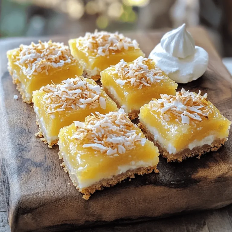 - 1 cup all-purpose flour - 1/2 cup unsweetened shredded coconut - 1/4 cup powdered sugar - 1/4 cup cornstarch - 1/2 cup unsalted butter, softened to room temperature - 1 (14 oz) can coconut milk, well stirred - 1/2 cup granulated sugar - 3 large eggs, at room temperature - 1 teaspoon pure vanilla extract - 1/4 cup sweetened shredded coconut, lightly toasted - Whipped cream (optional) I love using simple, fresh ingredients to create Coconut Cream Pie Bars. The dry ingredients form a lovely crust that serves as the base. The all-purpose flour gives the bars structure, while the unsweetened shredded coconut adds a nice texture. The powdered sugar sweetens the crust just right, and the cornstarch helps keep it firm. The wet ingredients bring life to these bars. Unsalted butter adds richness, and coconut milk brings a creamy, tropical touch. Granulated sugar sweetens the filling, and eggs help it set perfectly. Pure vanilla extract makes everything taste great. For toppings, I toast sweetened shredded coconut until golden. It gives a crunchy bite on top. A dollop of whipped cream adds extra indulgence, but it’s optional. You can find the Full Recipe for a detailed guide on how to make these bars. 1. Preheat your oven to 350°F (175°C). Grab an 8x8 inch baking dish and lightly grease it with cooking spray or butter. 2. In a medium bowl, mix together the all-purpose flour, unsweetened shredded coconut, powdered sugar, and softened butter until it looks like coarse crumbs. You can use your fingers or a pastry cutter for this. 3. Press the crumbly mixture evenly into the bottom of your baking dish to form a solid crust. Make sure it is packed well. 1. In a separate bowl, combine the well-stirred coconut milk, granulated sugar, large eggs, cornstarch, pure vanilla extract, and salt. 2. Whisk this mixture until it is smooth and creamy. This will be the delicious filling for your bars. 1. Place the crust in the oven and bake it for about 15 minutes, until it is light golden brown. Keep an eye on it to avoid burning. 2. Once the crust is done, remove it from the oven and let it cool slightly. Pour the coconut filling over the cooled crust, spreading it evenly. 3. Return the dish to the oven and bake for an additional 25-30 minutes. The filling should be set in the center and lightly golden on top. 1. After baking, let the bars cool completely at room temperature. This step is important! 2. Transfer the dish to the refrigerator and chill for at least 2 hours. This helps the bars firm up nicely. 3. When ready to serve, use a sharp knife to cut the dessert into squares or bars. Top with the toasted shredded coconut for a lovely finish. If you like, add a dollop of whipped cream right before serving. For the full recipe, check out Coconut Dream Bars 🥥. To get the best texture, pay attention to baking times. For the crust, bake it for about 15 minutes. Look for a light golden color. If it’s too dark, your bars may taste burnt. After baking, allow the crust to cool slightly. This step helps the filling set better. Let the baked bars cool completely at room temperature. Then, chill them in the fridge for at least two hours. Chilling firms up the filling. It also makes cutting the bars easier. You can swap some ingredients to fit your taste. For a gluten-free option, use almond flour instead of all-purpose flour. If you prefer less sugar, cut down the granulated sugar by a quarter. Want to enhance the flavor? Mix in some crushed pineapple for a tropical twist. You could also add a touch of almond extract for a unique taste. When serving, use a decorative platter. This adds a nice touch to your dessert table. Garnish with fresh mint leaves for color. A light dusting of powdered sugar also looks great. For an extra special treat, top each bar with whipped cream. Serve it right before enjoying. This adds creaminess that everyone loves. You can even add a sprinkle of toasted coconut on top for a delightful crunch. For the full recipe, check out Coconut Dream Bars. {{image_4}} You can add a burst of flavor by including pineapple. Fresh pineapple chunks or crushed pineapple work great. This fruity addition gives the bars a refreshing twist. For coconut cream variations, try using coconut cream instead of coconut milk. This change makes the filling even richer and creamier. For chocolate lovers, incorporating cocoa powder is a must. Mix in two tablespoons of cocoa powder with your wet ingredients. This simple addition transforms your bars into a chocolate delight. You can also drizzle melted chocolate on top before serving. It adds a beautiful finish and extra flavor. If you love nuts, add pecans or almonds. Chop them up and mix them into the filling. This will give your bars a nice crunch. You can also sprinkle them on top with the toasted coconut. Mixing with other toppings like crushed cookies or chocolate chips adds even more texture and taste. For the full recipe, check out the Coconut Dream Bars. To keep your Coconut Cream Pie Bars fresh, store them in an airtight container. A glass container works well, but plastic will do too. They stay tasty in the fridge for about five days. Just make sure they are cool before sealing. This helps keep the texture right. You can freeze these bars for longer storage. First, cut them into squares. Place them in a single layer on a baking sheet. Put the sheet in the freezer for about an hour. Once they are firm, transfer them to a freezer-safe bag or container. This helps prevent sticking. They can last up to three months in the freezer. When you are ready to enjoy them, take out what you want. Thaw them in the fridge overnight for the best results. This keeps them creamy and delicious. Enjoy your Coconut Dream Bars any time! Yes, you can make these bars gluten-free. Just swap the all-purpose flour with a gluten-free flour blend. Many blends work well in baking. Look for options that include xanthan gum for the best texture. You can tell the bars are done when the filling is set and lightly golden. Gently shake the baking dish; the center should not jiggle. If the edges look firm and the top has color, it’s time to take them out. Yes, you can use sweetened coconut. Sweetened coconut adds more flavor and sweetness. However, you may want to reduce the sugar in your filling to balance the flavors. Serve these bars with whipped cream for a creamy touch. Fresh fruit, like sliced strawberries or berries, adds a nice contrast. Mint leaves can also brighten the plate. For extra crunch, try some nuts on top! Coconut Cream Pie Bars combine bright flavors and simple steps. We explored dry and wet ingredients, along with toppings. I shared clear instructions for making the crust, filling, and baking. With tips for texture and fun variations, your options are limitless. Store them well, and enjoy fresh bites for days. Create your unique twist and indulge in these tasty bars. Baking can be fun and rewarding, so dive in!