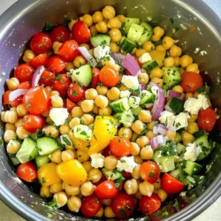 To make a vibrant Mediterranean Chickpea Salad, you need fresh, simple ingredients. Here’s what you’ll need: - 1 can (15 oz) chickpeas, thoroughly rinsed and drained - 1 cup cherry tomatoes, halved - 1 medium cucumber, diced - 1/2 medium red onion, finely chopped - 1/2 bell pepper, diced - 1/3 cup Kalamata olives, pitted and halved - 1/4 cup feta cheese, crumbled - 2 tablespoons fresh parsley, finely chopped - 2 tablespoons high-quality olive oil - 1 tablespoon freshly squeezed lemon juice - 1 teaspoon dried oregano - Salt and black pepper to taste These ingredients bring together a mix of textures and flavors. The chickpeas provide protein and a creamy texture. Cherry tomatoes add juiciness. The cucumber gives a nice crunch, while the red onion and bell pepper bring a sweet bite. Kalamata olives add a briny depth, and feta cheese gives it a creamy touch. Fresh parsley brightens up the dish. Using high-quality olive oil and freshly squeezed lemon juice makes the salad shine. Dried oregano adds a classic Mediterranean aroma. With these key ingredients, your salad will be both healthy and tasty. For the full recipe, check out Mediterranean Chickpea Salad Delight. - Rinse and drain the chickpeas. - Chop vegetables: tomatoes, cucumber, onion, and bell pepper. First, you need to rinse and drain the chickpeas. This step removes extra salt and helps with texture. Then, chop your fresh vegetables. Halve the cherry tomatoes for juicy bites. Dice the cucumber for a nice crunch. Finely chop the red onion for a little kick, and cut the bell pepper into small pieces for sweetness and color. - Combine chickpeas and chopped vegetables. - Add olives and feta cheese and toss gently. In a spacious bowl, mix the chickpeas with the chopped vegetables. This creates a colorful mix. Next, add the Kalamata olives for a briny touch and crumbled feta cheese for creaminess. Gently toss everything. You want to mix the flavors without breaking the feta. - Whisk together olive oil, lemon juice, oregano, salt, and pepper. In a separate small bowl, whisk the olive oil and lemon juice. This creates a zesty dressing. Add dried oregano, salt, and black pepper to taste. The dressing will tie all the flavors together. - Drizzle dressing over salad and toss. - Garnish with parsley and serve. Now, drizzle your dressing over the salad. Toss carefully to coat everything evenly. Finally, sprinkle chopped fresh parsley on top. This adds a pop of green and freshness. Serve immediately for the best taste, or chill for about 30 minutes to let flavors meld. Enjoy your Mediterranean chickpea salad! For the full recipe, check the details provided. - Use fresh herbs for a vibrant flavor. Fresh parsley or mint brightens the dish. - Experiment with additional spices. Try cumin or paprika for a warm twist. - Chill for 30 minutes for flavors to meld. This step makes each bite tastier. - Serve with crunchy pita chips. They add a delightful crunch to the salad. By using these tips, your Mediterranean Chickpea Salad will be even more delicious. If you want the complete recipe, check out the Full Recipe to guide you through each step. {{image_4}} You can easily boost the protein in your Mediterranean chickpea salad. One way is to add grilled chicken. It gives a nice texture and enhances the flavor. Another option is shrimp. Cook it simply with salt and pepper, then toss it in. You can also incorporate quinoa for a filling option. Quinoa is high in protein and adds a nutty flavor. Cook it before adding to the salad, and it will blend well. If you're looking for vegan alternatives, you can substitute feta with vegan cheese. This keeps the creamy taste while making it plant-based. You can also increase the variety of vegetables. Try adding diced carrots, bell peppers, or even artichokes. These add color and crunch. You can use any veggies you like to make it your own. The more, the merrier! For the full recipe, check out the Mediterranean Chickpea Salad Delight. Store your Mediterranean Chickpea Salad in an airtight container. This keeps it fresh and tasty. You can keep it in the refrigerator for up to 5 days. If you want to enjoy it later, remember to check for freshness before serving. You can freeze individual portions of the salad. This makes it easy for meal prep lunches. Just scoop out the amount you want and store it in a freezer-safe bag. When you’re ready to eat, let it thaw in the fridge overnight. Enjoy the bright flavors again! For the full recipe, check out the main section. To boost flavor, use fresh herbs like parsley and mint. They add brightness. You can also try spices like cumin or smoked paprika. These spices give a warm, rich taste. Adding zest from lemon or lime enhances the salad's freshness. Try to mix in different oils for depth. A dash of red wine vinegar can add a nice kick too. Yes, canned chickpeas are great! They save time and are very easy to use. Canned chickpeas are ready to eat once you rinse them. They are soft and tender. Dried chickpeas take longer to cook. You must soak and boil them first. Canned chickpeas are a quick option for busy days. You can customize this salad in many ways! Try adding diced avocado for creaminess. Roasted red peppers add sweetness and color. You can also mix in corn for a crunch. Chopped nuts like almonds or walnuts provide extra texture. If you like more protein, consider adding grilled chicken or chickpea pasta. Yes, this salad is great for meal prep! It stores well in the fridge. Use an airtight container to keep it fresh. You can enjoy it cold or at room temperature. For the best taste, eat it within five days. The flavors will meld and get even better over time. Serve it in a large bowl for a family style meal. You can top it with extra parsley and lemon wedges for flair. This adds a pop of color and freshness. Pair it with pita chips for a crunchy side. It's perfect for picnics or potlucks. For the full recipe, check out the detailed instructions above. This blog post shared a quick and tasty Mediterranean Chickpea Salad recipe. We covered essential ingredients, simple steps, and storage tips. You can add protein or fresh herbs to enhance flavor. Remember, this salad is great for meal prep. It's easy to adapt for your taste. Enjoy the freshness and nutrition of this dish. Cooking can be fun and rewarding! Try this recipe, and I bet you will love it.