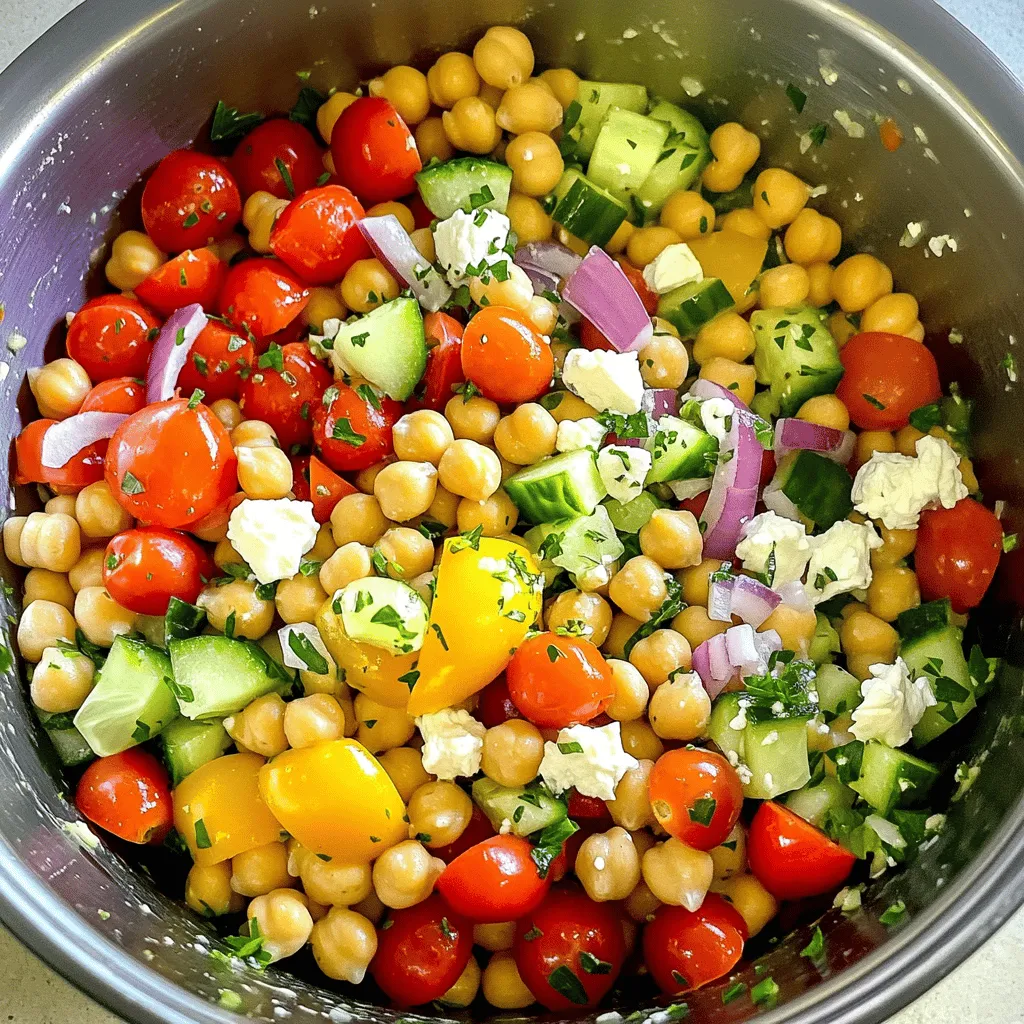 To make a vibrant Mediterranean Chickpea Salad, you need fresh, simple ingredients. Here’s what you’ll need: - 1 can (15 oz) chickpeas, thoroughly rinsed and drained - 1 cup cherry tomatoes, halved - 1 medium cucumber, diced - 1/2 medium red onion, finely chopped - 1/2 bell pepper, diced - 1/3 cup Kalamata olives, pitted and halved - 1/4 cup feta cheese, crumbled - 2 tablespoons fresh parsley, finely chopped - 2 tablespoons high-quality olive oil - 1 tablespoon freshly squeezed lemon juice - 1 teaspoon dried oregano - Salt and black pepper to taste These ingredients bring together a mix of textures and flavors. The chickpeas provide protein and a creamy texture. Cherry tomatoes add juiciness. The cucumber gives a nice crunch, while the red onion and bell pepper bring a sweet bite. Kalamata olives add a briny depth, and feta cheese gives it a creamy touch. Fresh parsley brightens up the dish. Using high-quality olive oil and freshly squeezed lemon juice makes the salad shine. Dried oregano adds a classic Mediterranean aroma. With these key ingredients, your salad will be both healthy and tasty. For the full recipe, check out Mediterranean Chickpea Salad Delight. - Rinse and drain the chickpeas. - Chop vegetables: tomatoes, cucumber, onion, and bell pepper. First, you need to rinse and drain the chickpeas. This step removes extra salt and helps with texture. Then, chop your fresh vegetables. Halve the cherry tomatoes for juicy bites. Dice the cucumber for a nice crunch. Finely chop the red onion for a little kick, and cut the bell pepper into small pieces for sweetness and color. - Combine chickpeas and chopped vegetables. - Add olives and feta cheese and toss gently. In a spacious bowl, mix the chickpeas with the chopped vegetables. This creates a colorful mix. Next, add the Kalamata olives for a briny touch and crumbled feta cheese for creaminess. Gently toss everything. You want to mix the flavors without breaking the feta. - Whisk together olive oil, lemon juice, oregano, salt, and pepper. In a separate small bowl, whisk the olive oil and lemon juice. This creates a zesty dressing. Add dried oregano, salt, and black pepper to taste. The dressing will tie all the flavors together. - Drizzle dressing over salad and toss. - Garnish with parsley and serve. Now, drizzle your dressing over the salad. Toss carefully to coat everything evenly. Finally, sprinkle chopped fresh parsley on top. This adds a pop of green and freshness. Serve immediately for the best taste, or chill for about 30 minutes to let flavors meld. Enjoy your Mediterranean chickpea salad! For the full recipe, check the details provided. - Use fresh herbs for a vibrant flavor. Fresh parsley or mint brightens the dish. - Experiment with additional spices. Try cumin or paprika for a warm twist. - Chill for 30 minutes for flavors to meld. This step makes each bite tastier. - Serve with crunchy pita chips. They add a delightful crunch to the salad. By using these tips, your Mediterranean Chickpea Salad will be even more delicious. If you want the complete recipe, check out the Full Recipe to guide you through each step. {{image_4}} You can easily boost the protein in your Mediterranean chickpea salad. One way is to add grilled chicken. It gives a nice texture and enhances the flavor. Another option is shrimp. Cook it simply with salt and pepper, then toss it in. You can also incorporate quinoa for a filling option. Quinoa is high in protein and adds a nutty flavor. Cook it before adding to the salad, and it will blend well. If you're looking for vegan alternatives, you can substitute feta with vegan cheese. This keeps the creamy taste while making it plant-based. You can also increase the variety of vegetables. Try adding diced carrots, bell peppers, or even artichokes. These add color and crunch. You can use any veggies you like to make it your own. The more, the merrier! For the full recipe, check out the Mediterranean Chickpea Salad Delight. Store your Mediterranean Chickpea Salad in an airtight container. This keeps it fresh and tasty. You can keep it in the refrigerator for up to 5 days. If you want to enjoy it later, remember to check for freshness before serving. You can freeze individual portions of the salad. This makes it easy for meal prep lunches. Just scoop out the amount you want and store it in a freezer-safe bag. When you’re ready to eat, let it thaw in the fridge overnight. Enjoy the bright flavors again! For the full recipe, check out the main section. To boost flavor, use fresh herbs like parsley and mint. They add brightness. You can also try spices like cumin or smoked paprika. These spices give a warm, rich taste. Adding zest from lemon or lime enhances the salad's freshness. Try to mix in different oils for depth. A dash of red wine vinegar can add a nice kick too. Yes, canned chickpeas are great! They save time and are very easy to use. Canned chickpeas are ready to eat once you rinse them. They are soft and tender. Dried chickpeas take longer to cook. You must soak and boil them first. Canned chickpeas are a quick option for busy days. You can customize this salad in many ways! Try adding diced avocado for creaminess. Roasted red peppers add sweetness and color. You can also mix in corn for a crunch. Chopped nuts like almonds or walnuts provide extra texture. If you like more protein, consider adding grilled chicken or chickpea pasta. Yes, this salad is great for meal prep! It stores well in the fridge. Use an airtight container to keep it fresh. You can enjoy it cold or at room temperature. For the best taste, eat it within five days. The flavors will meld and get even better over time. Serve it in a large bowl for a family style meal. You can top it with extra parsley and lemon wedges for flair. This adds a pop of color and freshness. Pair it with pita chips for a crunchy side. It's perfect for picnics or potlucks. For the full recipe, check out the detailed instructions above. This blog post shared a quick and tasty Mediterranean Chickpea Salad recipe. We covered essential ingredients, simple steps, and storage tips. You can add protein or fresh herbs to enhance flavor. Remember, this salad is great for meal prep. It's easy to adapt for your taste. Enjoy the freshness and nutrition of this dish. Cooking can be fun and rewarding! Try this recipe, and I bet you will love it.