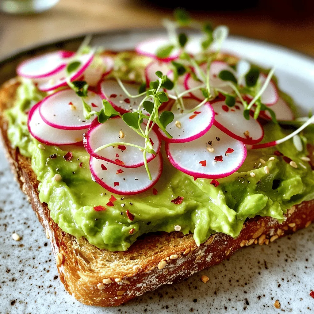 Here’s what you need to make this tasty avocado toast with radish: - 2 ripe avocados - 4 slices of whole grain bread - 6-8 radishes, thinly sliced - 1 tablespoon freshly squeezed lemon juice - 1 tablespoon extra virgin olive oil - Sea salt and freshly cracked black pepper to taste - 1 teaspoon red pepper flakes (optional for spice) - A handful of fresh microgreens for garnish These ingredients come together to create a fresh and flavorful dish. The ripe avocados give a creamy texture. The radishes add a nice crunch and a peppery bite. The lemon juice brightens everything up. Whole grain bread serves as a great base. You can also adjust the spices to your taste. For the full recipe, check out the steps in the next section. - Toast the Bread Start by preheating your toaster or toaster oven. Toast four slices of whole grain bread until they are golden brown and crispy. This gives a great base for our toppings. - Prepare the Avocado While the bread toasts, take two ripe avocados. Slice them in half and remove the pit. Use a spoon to scoop the flesh into a bowl. - Create the Avocado Spread To the bowl with avocado, add one tablespoon of freshly squeezed lemon juice and one tablespoon of extra virgin olive oil. Sprinkle in a pinch of sea salt and freshly cracked black pepper. Mash the avocado with a fork until you reach your desired texture. - Assemble the Toast Once your bread is toasted, take each slice and spread the creamy avocado mixture generously on top. Make sure each slice is well-covered. - Add the Radishes Carefully place the thinly sliced radishes on the avocado spread. You can overlap them or lay them out evenly—both look great! - Add a Kick If you like a little heat, sprinkle one teaspoon of red pepper flakes on top of the radishes. This adds a nice flavor boost. - Finish with Garnish To finish off, add a handful of fresh microgreens on each toast. This adds color and freshness. - Presentation Tips Serve the toasts on a rustic wooden board or a stylish platter. Drizzle a bit of extra olive oil and scatter more microgreens around for a beautiful look. For the full recipe, check out the Avocado Radish Toast Delight recipe section. - Choosing the Right Bread For a great avocado toast, pick whole grain bread. It adds texture and flavor. You can try sourdough or rye for a twist. A sturdy bread holds the toppings well. - Tips for Avocado Ripeness Choose avocados that yield slightly when pressed. If they feel hard, wait a few days. To speed up ripening, put them in a brown paper bag. Adding an apple or banana helps too. - Recommended Seasonings Simple seasonings work best. Use sea salt and cracked black pepper for taste. A squeeze of lemon juice brightens the dish. If you like spice, add red pepper flakes. - Alternative Ingredients Mix it up! Try adding a poached egg on top. You can also use different toppings like feta or sliced tomatoes. This adds layers of flavor and new textures. - Visual Appeal on a Platter Serve your avocado toast on a nice wooden board or a colorful plate. Arrange the toasts in a line for a clean look. This makes your dish more inviting. - Garnishing Techniques Add microgreens for a fresh touch. You can also sprinkle sesame seeds or extra herbs. Drizzling a little olive oil adds shine and flavor. {{image_4}} You can change your avocado toast in fun ways. Here are some ideas: - Add Protein: Top your toast with eggs, like poached or scrambled. Smoked salmon also works great. Both add flavor and make your meal more filling. - Switch Up the Greens: Instead of radishes, try spinach or arugula. These greens add a new taste and texture. You’ll enjoy the freshness they bring to your toast. Let’s explore two exciting flavor ideas for your toast: - Spicy Avocado Toast: Add red pepper flakes for a kick. You can also mix in hot sauce for more heat. This adds excitement and depth to your dish. - Sweet and Savory Combinations: Drizzle honey or maple syrup over your avocado. Pair it with fruits like strawberries or figs. This mix makes your toast both sweet and savory, which is truly delightful. If you have special diets, here are some options: - Vegan and Gluten-Free Options: Use gluten-free bread if you avoid gluten. For a vegan toast, skip the eggs and use plant-based toppings. - Low-Carb Alternatives: Try using sliced cucumbers or zucchini instead of bread. This keeps the taste while cutting carbs. You’ll still enjoy the creamy avocado and fresh radish. For the full recipe, check out the [Full Recipe]. How do you store avocado toast? Avocado toast is best fresh. If you have leftovers, store them in an airtight container. Keep the toast and topping separate. This helps the bread stay crisp. Place the avocado mixture in another container. Cover it tightly to prevent browning. You can add lemon juice to help keep it fresh. Best practices for keeping ingredients fresh include using ripe avocados. If your avocados are not ripe, let them sit at room temperature. Once ripe, you can store them in the fridge. Use them within a few days for the best taste. What are the best methods for toast reheating? The best way to reheat toast is in a toaster. This keeps it crispy. You can also use an oven. Preheat it to 350°F (175°C). Place the toast on a baking sheet for about 5 minutes. This method works well for multiple slices. How do you maintain quality? Always reheat toast without the toppings. Add your avocado spread and radishes after reheating. This keeps the flavors bright and fresh. Enjoy your avocado toast warm for the best experience. How do you keep avocado from browning? To keep avocado from browning, add lemon juice. The acid slows down oxidation. Store the avocado in an airtight container. Press plastic wrap directly on the surface. This method helps keep it fresh longer. Can I make avocado toast in advance? I recommend making avocado toast fresh. The bread can get soggy if made early. You can prepare the avocado spread ahead of time. Just store it in the fridge, covered. Assemble your toast right before eating for the best taste. Health Benefits of Avocado and Radish Avocados are rich in healthy fats. These fats support heart health and keep you full. They also contain vitamins E, K, and C. Radishes add crunch and are low in calories. They help with digestion and provide vitamin C. Caloric Content and Serving Size One slice of avocado toast has about 250 calories. This includes bread, avocado, and radish. Adjust your portion based on your needs. Enjoy it as a snack or a meal. What can I pair with avocado toast? You can pair avocado toast with eggs. Poached or scrambled eggs add protein. Also, consider smoked salmon for a savory touch. Fresh herbs, like cilantro or basil, can enhance the flavor. Other healthy toast ideas? Try hummus on whole grain bread. Top it with cucumber and feta. Another option is nut butter with banana slices. It’s tasty and full of energy. Explore different toppings for variety! For the full recipe, check out the section on ingredients and instructions. You learned how to make a tasty avocado toast. We explored essential ingredients, preparation steps, and tips to enhance flavor. I shared variations to fit your taste and dietary needs. Lastly, we covered storage and reheating to keep your toast fresh. Enjoy making this simple dish that can be tailored to anyone's needs. Your kitchen can be a fun place for creativity with food!