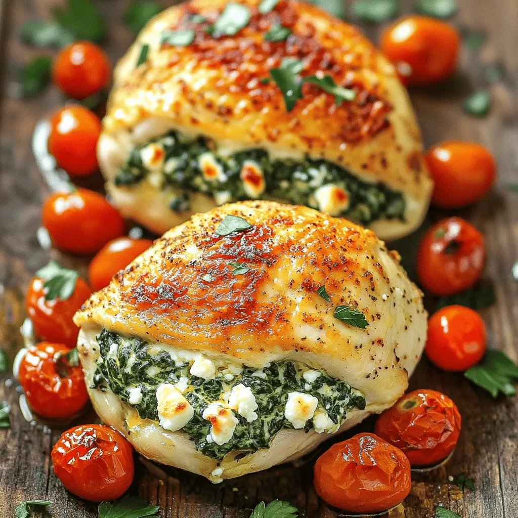 - Chicken and Dairy - 4 boneless, skinless chicken breasts - 1 cup fresh spinach, finely chopped - 1 cup feta cheese, crumbled - 1/2 cup cream cheese, softened to room temperature - Vegetables and Seasonings - 2 cloves garlic, minced - 1 teaspoon dried oregano - 1 teaspoon fresh lemon zest - Salt and freshly ground black pepper to taste - 1 tablespoon olive oil (plus more for roasting tomatoes) - Garnish Ingredients - 1 cup cherry tomatoes, halved (for garnish) - Fresh parsley, chopped (for garnish) To create the best spinach feta stuffed chicken breasts, gather these simple ingredients. Each one plays a key role in flavor and texture. For the chicken, choose breasts that are fresh and firm. The spinach and feta cheese blend creates a creamy, tangy filling that elevates each bite. The garlic and oregano add depth, while lemon zest brightens the dish. The cherry tomatoes and parsley not only enhance taste but also add a beautiful touch to your plate. Don't miss out on this delicious combination! For the full recipe, check out the details above. - Preparing the Chicken Breasts Start by preheating your oven to 375°F (190°C). This ensures even cooking. Take your chicken breasts and slice them along the thickest part. Make a pocket, but don’t cut all the way through. Each pocket should be deep enough to hold a good amount of stuffing. - Making the Spinach Feta Filling In a bowl, mix together 1 cup of chopped spinach, 1 cup of crumbled feta cheese, and 1/2 cup of softened cream cheese. Add 2 minced garlic cloves, 1 teaspoon of dried oregano, and zest from 1 lemon. Season with salt and pepper. Stir until well combined. This mixture should be creamy and flavorful. - Searing the Chicken Heat 1 tablespoon of olive oil in a large skillet over medium-high heat. Once the oil is hot, place the stuffed chicken breasts in the skillet. Sear for about 3-4 minutes on each side. You want a nice golden-brown crust on the chicken. This step locks in the juices and adds flavor. - Transferring to the Oven After searing, transfer the skillet directly to the oven. Bake for 20-25 minutes. The chicken should cook all the way through, and the juices will run clear. It’s best to check with a meat thermometer; the internal temperature should reach 165°F (75°C). - Roasting Cherry Tomatoes While the chicken bakes, prepare the cherry tomatoes. Toss 1 cup of halved tomatoes in olive oil with a pinch of salt and pepper. Spread them on a baking sheet. In the last 10 minutes of baking, add the tomatoes to the oven. They should become soft and slightly caramelized. - Checking for Doneness Once the chicken is done, let it rest for about 5 minutes. This helps keep the juices inside. Slice each breast and serve with the roasted cherry tomatoes on the side. A sprinkle of fresh parsley adds a nice touch. For the full recipe, check the previous section. - Perfecting the Stuffing Technique Start by slicing the chicken breast carefully. Create a pocket that is deep but not cut through. This helps keep the filling inside. Pack the spinach and feta mixture well into the pocket. A full stuffing enhances flavor in every bite. - Searing for Optimal Flavor Heat olive oil in a skillet until it shimmers. This step is key for achieving that golden-brown crust. Sear each side for about 3-4 minutes. This locks in the juices and adds a nice texture. - Ensuring Juicy Chicken Bake the chicken at 375°F (190°C) for 20-25 minutes. This temperature keeps the chicken moist. Use a meat thermometer to check for doneness. The internal temperature should reach 165°F (75°C). Let the chicken rest for 5 minutes before slicing. This helps keep the juices inside. - Adding Sides Pair the stuffed chicken with a simple salad or roasted vegetables. These sides add color and balance to the meal. Rice or couscous also makes a great base. - Presentation Ideas Slice the chicken and arrange it on a plate. Place the roasted cherry tomatoes artfully around the chicken. A sprinkle of parsley adds a fresh touch. This makes your dish look as good as it tastes. - Pairing with Wines A crisp white wine pairs well with this dish. Try a Sauvignon Blanc or a light Chardonnay. These wines complement the flavors of spinach and feta nicely. {{image_4}} Alternatives to Feta Cheese If you're not a fan of feta, consider goat cheese. Goat cheese has a creamy texture and tangy flavor that works well. You can also use ricotta for a milder taste. Cream cheese can be a good option too; it adds creaminess without strong flavors. Using Different Greens Spinach is great, but you can swap it for Swiss chard or kale. Both greens add unique flavors and textures. If you want something lighter, try arugula for a peppery kick. Non-Dairy Options For a non-dairy choice, use cashew cheese or almond cheese. These plant-based options provide creamy texture. Nutritional yeast can add a cheesy flavor without dairy. Adding Spices Spices can take your dish to the next level. Try adding a pinch of red pepper flakes for heat. Smoked paprika can add a nice depth of flavor. Herbs like thyme or basil can brighten the filling. Incorporating Nuts or Other Cheeses Nuts like pine nuts or walnuts add crunch and richness. You could mix in some mozzarella for a gooey texture. Parmesan can also give a salty, nutty flavor that complements the spinach and feta. Different Sauces Sauces can elevate your stuffed chicken. A lemon-butter sauce adds brightness. A creamy garlic sauce can make each bite richer. You could also drizzle balsamic glaze for a sweet-tart contrast. For more details, check out the [Full Recipe]. Refrigeration Guidelines After cooking, let the chicken cool to room temperature. Place it in an airtight container. Store it in the fridge for up to 3 days. This keeps the flavors fresh and safe. Freezing Instructions If you want to save it for later, freezing is a great option. Wrap each stuffed chicken breast tightly in plastic wrap. Then, place them in a freezer-safe bag. They can last for up to 3 months in the freezer without losing flavor. Reheating Recommendations To reheat, thaw the chicken overnight in the fridge. Preheat your oven to 350°F (175°C). Place the chicken in an oven-safe dish. Cover it with foil to keep it moist. Heat for about 20 minutes or until warmed through. How Long Does it Last? When stored properly, cooked spinach feta stuffed chicken breasts last in the fridge for 3 days. In the freezer, they stay good for up to 3 months. Signs of Spoilage Check for any off smells or a slimy texture. If the chicken looks dry or discolored, it is best to toss it. Always trust your senses when it comes to food safety. How long do I bake the chicken? You should bake the chicken for 20-25 minutes at 375°F (190°C). This time will help the chicken cook fully. To be sure, check the internal temperature. It should reach 165°F (75°C). Can I make this recipe ahead of time? Yes, you can prepare the stuffed chicken up to a day in advance. Keep it in the fridge until you are ready to bake it. This makes dinner easy and quick. What to serve with Spinach Feta Stuffed Chicken Breasts? I like to serve this dish with a light salad or roasted vegetables. Rice or quinoa also pairs well with the flavors. What if the chicken is dry? If the chicken turns out dry, it may have cooked too long. Always check the temperature early. Letting the chicken rest after baking helps it stay juicy. How to avoid the stuffing leaking out? To prevent leaking, ensure you create a deep pocket in the chicken. Stuff it tightly but don’t overfill it. Searing the chicken helps seal the pocket too. Can I use frozen chicken breasts? Yes, you can use frozen chicken breasts. Just make sure to thaw them completely before preparing. This ensures even cooking and a great texture. This blog post covered how to make Spinach Feta Stuffed Chicken Breasts. You learned the ingredients needed, like chicken, dairy, and veggies. I outlined steps for preparing, searing, and baking the chicken. Tips for cooking and serving made this dish even better. You can even try variations and storage ideas. Cooking can be fun and tasty. Follow these steps to impress at your next meal. Enjoy your journey in the kitchen!