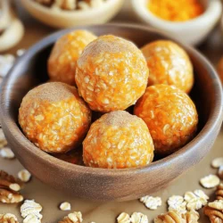 - 1 cup rolled oats - 1 cup finely grated carrots - 1/2 cup almond butter or nut butter of your choice - 1/4 cup honey or maple syrup These ingredients form the base of the energy bites. Rolled oats give a chewy texture. Finely grated carrots add natural sweetness and moisture. Almond butter is creamy and rich, but any nut butter works. Honey or maple syrup provides the perfect sweetness. - 1/4 cup chopped walnuts or pecans - 1/4 cup raisins or dried cranberries You can mix in nuts or dried fruit. Chopped walnuts or pecans add crunch and healthy fats. Raisins or dried cranberries provide extra sweetness and chewiness. These add-ins boost flavor and texture. - 1/2 teaspoon pure vanilla extract - 1 teaspoon ground cinnamon - 1/4 teaspoon ground nutmeg - A pinch of sea salt Spices make these bites more exciting. Pure vanilla extract enhances sweetness and aroma. Ground cinnamon adds warmth, while nutmeg gives a hint of spice. A pinch of sea salt balances the flavors, making them pop. For the full recipe, check the details above. First, grab a large mixing bowl. Combine the rolled oats, finely grated carrots, almond butter, honey (or maple syrup), and pure vanilla extract. Use a spatula to stir the mixture. Keep stirring until a sticky texture forms. This sticky base helps the bites hold together later. Next, it’s time to add some warmth. Incorporate ground cinnamon, ground nutmeg, and a pinch of sea salt into the bowl. Stir thoroughly to ensure the spices mix well. This step boosts the flavor and gives your bites that classic carrot cake taste. Now, take a small handful of the mixture. Roll it into a ball about one inch in diameter. Place each ball on a parchment-lined baking sheet. Repeat this until you shape all the mixture into energy bites. This process is fun and lets you get hands-on with your food! Once all the bites are rolled, transfer the baking sheet to the refrigerator. Let them chill for at least 30 minutes. Chilling allows the flavors to meld and firms up the texture. After chilling, your energy bites will be ready to enjoy! For a full recipe, check out the details above. To get the right texture, adjust the nut butter. If you want a creamier bite, add more nut butter. For a firmer texture, use less. You can also customize the sweetness. Honey gives a nice flavor, but maple syrup works well for a vegan option. Just swap them in the recipe. Serving can make a big difference. I love using mason jars for these bites. They look cute and are easy to grab. You can also garnish with shredded carrots or extra nuts. This adds a nice touch and makes them more appealing. After you make these energy bites, store them right. Transfer them to an airtight container. This keeps them fresh longer. I recommend storing them in the fridge. They stay good for about a week, making them a great snack option. {{image_4}} You can easily switch some ingredients to fit your diet. For a vegan option, use maple syrup instead of honey. This change keeps the bites sweet and delicious without any animal products. If you want a nut-free version, try sunflower seed butter. It gives a nice taste and keeps these energy bites safe for school snacks. Want to switch things up? Try adding cocoa powder for a chocolate twist. This addition makes the bites even more tempting. You can also use different dried fruits. For example, swap raisins for dried apricots or figs. Each fruit brings its own flavor. You can make more energy bites by adjusting the ingredient amounts. If you have a big family or like to meal prep, simply double or triple the recipe. This way, you always have a healthy snack ready. For storage, keep them in an airtight container. They will stay fresh in the fridge for about one week. You should store your Carrot Cake Energy Bites in the fridge. They will stay fresh for up to one week. Use an airtight container to keep them safe. This way, they won’t dry out or absorb other smells from the fridge. If you want to save them for longer, freezing is a great option. To freeze, place the bites in a single layer on a baking sheet. Once frozen, transfer them to a freezer-safe bag or container. They will stay good for up to three months. To thaw, just leave them in the fridge overnight. To know if your energy bites are still fresh, check for any off smells. If they feel dry or hard, it’s best to toss them. Always check the date you made them. It’s easy to forget, so label them with the date when you store them. This will help you enjoy them at their best! Carrot Cake Energy Bites last about one week in the fridge. Store them in an airtight container. Look for signs of spoilage, like a change in smell or mold. If they smell off or look fuzzy, it is best to throw them away. Yes, you can make these energy bites gluten-free. Use gluten-free rolled oats instead of regular oats. This small change keeps the bites tasty and safe for those with gluten issues. Always check the labels to ensure they are certified gluten-free. Each energy bite has about 100 calories. They provide around 3 grams of protein and 6 grams of sugar. The bites are rich in fiber and healthy fats, making them a great snack. If you want to know more, check out the Full Recipe for detailed nutrition facts. These Carrot Cake Energy Bites are simple and delicious. We explored key ingredients like rolled oats, carrots, and nut butter. We covered how to mix, shape, and chill your bites for the best flavor. I shared tips for perfect texture and creative presentation ideas. You can customize them with various add-ins and flavors. Remember to store them properly to maintain freshness. These bites are a great snack that you can enjoy anytime! Keep experimenting to find your perfect version.