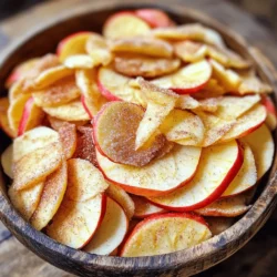 To make delicious cinnamon sugar apple chips, you need a few simple ingredients. Here’s what you’ll need: - 3 medium-sized apples (Fuji or Honeycrisp) - 2 tablespoons granulated sugar - 1 tablespoon ground cinnamon - 1 teaspoon lemon juice - Pinch of salt - Cooking spray or parchment paper Each ingredient plays a key role. The apples provide the base, while sugar and cinnamon create that sweet, warm flavor we all love. Lemon juice helps keep the apples looking fresh and bright. Use cooking spray or parchment paper to ensure nothing sticks. This recipe is easy to follow and fun to make! I always enjoy getting my family involved in the process. It’s a great way to bond while creating a tasty snack. For the full recipe, check out the details above. First, set your oven to 225°F (110°C). This low heat helps the apples dry out slowly. You want them crispy, not burnt. Next, wash and dry your apples well. I recommend using Fuji or Honeycrisp for the best flavor. Slice them very thin, about 1/8 inch thick. A mandoline slicer works great for this. If you don’t have one, a sharp knife will do. Just be careful! In a small bowl, mix together 2 tablespoons of granulated sugar, 1 tablespoon of ground cinnamon, and a pinch of salt. This blend will add a sweet and spicy kick to your chips. Make sure to mix well for even flavor. Now, take a larger bowl and toss your apple slices in 1 teaspoon of lemon juice. This step is key. It prevents browning and adds a nice zing to the apples. Spread the apple slices out in a single layer on your baking sheets. Do not let them overlap. You want each slice to have room to get crispy. Sprinkle the cinnamon sugar mixture evenly over the apple slices. Then, pop the baking sheets into your preheated oven. Bake for about 1 to 1.5 hours. Flip the slices halfway through to ensure even baking. Keep an eye on them! They are done when they feel dry and crisp. Once baked, let them cool completely on the sheets. This will give you that perfect crunch. For the full recipe, check out the detailed instructions provided above. For the best apple chips, use crisp apples like Fuji or Honeycrisp. These apples hold their shape well when baked. Their natural sweetness pairs perfectly with cinnamon sugar. Avoid soft apples, as they will not crisp up nicely. Thin slices are key for crisp apple chips. Aim for about 1/8 inch thick. Use a mandoline slicer for perfect consistency. If you don’t have one, a sharp knife works too. Just make sure all slices are the same thickness to cook evenly. Baking time can change based on your oven and slice thickness. Generally, the chips need 1 to 1.5 hours. Flip them halfway through for even cooking. Start checking at the 1-hour mark. They’re ready when dry and crisp to the touch. Cooling is crucial for getting that perfect crunch. After baking, leave the apple chips on the baking sheets. This allows them to crisp up more as they cool. Don’t skip this step! Enjoy the delightful crunch of your homemade cinnamon sugar apple chips. For the complete process, be sure to check the Full Recipe. {{image_4}} You can spice up your cinnamon sugar apple chips by adding nutmeg. Nutmeg gives a warm, earthy flavor. Just mix a little nutmeg with your cinnamon and sugar. You could also try ginger or allspice. These spices can make your apple chips even more unique and tasty. If you want to change the sweetness, try using honey or maple syrup. Both add a rich flavor. You can mix them with the cinnamon and sugar. Use less sugar if you add these liquids. Just remember to adjust your baking time. The extra moisture may affect how long you bake your chips. You can make these apple chips in a dehydrator too. This method keeps more nutrients and flavor. If you use a dehydrator, set it to 135°F (57°C). It may take 6-8 hours, but the result is worth it! The chips will be crunchy and delicious. The oven method is quick, but the dehydrator gives you a different texture. Each method has its perks! For the full recipe, check out the sections above. To keep your cinnamon sugar apple chips fresh, store them in a cool, dry place. Avoid humidity, as moisture can make them soggy. I recommend letting the chips cool completely before storing. This helps maintain their crispness. If you have leftovers, place them in an airtight container. This will prevent air from getting in and causing them to lose their crunch. The best containers for your apple chips are glass jars or plastic food storage containers. Both options work well, but glass jars can help you see how many chips you have left. If you want to keep them extra fresh, you can add a small packet of silica gel to absorb any moisture. Just make sure it doesn’t touch the food! Homemade cinnamon sugar apple chips can last about 1 to 2 weeks when stored properly. If you notice any signs of moisture or softness, it's best to toss them out. For longer storage, consider freezing the chips. You can freeze them for up to 3 months. Just remember to use a freezer-safe bag or container. This way, you can enjoy a tasty snack anytime! Yes, you can use other fruits! Pears, bananas, and peaches work well too. Slice them thinly, just like apples. Each fruit gives a unique taste. Experiment with different flavors and find your favorite! To make apple chips in a microwave, slice the apples thinly. Place them on a microwave-safe plate. Sprinkle with cinnamon sugar. Microwave in short bursts, around 1-2 minutes, checking often. Keep microwaving until the chips are dry and crisp. This method is quick and fun! Store-bought apple chips can vary in healthiness. Some brands add extra sugar or preservatives. Always check the label. Homemade chips are better since you control the ingredients. They can be a healthy snack if made right. Homemade apple chips are low in calories and high in fiber. A serving of apple chips has about: - Calories: 100-120 - Fiber: 4 grams - Sugar: 10 grams (naturally from apples) - Vitamin C: Good source! They are better than many snacks. Plus, you make them fresh! For more details, check out the Full Recipe. You now have the tools to make delicious cinnamon sugar apple chips. We covered all the key steps: choosing fresh apples, creating a tasty cinnamon mix, and baking them to perfection. Remember to monitor your baking closely for best results. Don't hesitate to try new flavors or baking methods. Homemade apple chips are a great snack. Store them right, and enjoy their crunch for weeks. With these tips, you’ll impress family and friends with your tasty treats.