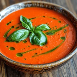 To make a rich and tasty creamy tomato basil soup, you need a few key ingredients. Here’s a list to guide you: - 2 cans (14 oz each) crushed tomatoes, preferably fire-roasted for added depth - 1 medium onion, finely chopped - 3 cloves garlic, minced - 1 cup vegetable broth or homemade stock - 1 cup heavy cream (substitute coconut cream for a dairy-free version) - 1 tablespoon extra virgin olive oil - 1 teaspoon sugar (optional, for sweetness balance) - 1 teaspoon dried basil (or 1 tablespoon fresh, if available) - 1/2 teaspoon fine sea salt - 1/4 teaspoon freshly ground black pepper - Fresh basil leaves, torn or whole, for garnish - Optional: A sprinkle of red pepper flakes for heat Each ingredient plays a role in building flavor. The canned crushed tomatoes provide a rich base. I love using fire-roasted tomatoes for that smoky touch. Fresh garlic and onion add sweetness and depth. You can choose between vegetable broth or chicken broth. Both add a nice body to the soup. The cream gives it that smooth, creamy texture. If you want a lighter soup, switch to coconut cream. Seasonings like dried basil and black pepper enhance the taste. Don’t forget the salt; it brings out the flavors. The sugar is optional, but it can balance any acidity from the tomatoes. Finally, the fresh basil leaves add a refreshing finish. They also make the soup look beautiful! For a kick, add some red pepper flakes. This full recipe will guide you through creating this comforting dish. Enjoy the process and the delicious results! Sautéing onion and garlic Start by heating the olive oil in a large pot over medium heat. Once the oil shimmers, add the chopped onion. Sauté for about 5 minutes until the onion is soft and clear. This step builds a rich base for your soup. Next, stir in the minced garlic and cook for 1-2 minutes. You want the garlic fragrant but not burnt. Adding tomatoes and spices Now, it’s time to add the crushed tomatoes and vegetable broth. Pour both into the pot, then sprinkle in the dried basil, salt, black pepper, and optional sugar. Stir everything well to combine. This mixture should come to a gentle boil. Once it bubbles, reduce the heat to low. Let it simmer uncovered for 15 minutes. This simmering helps to meld the flavors together beautifully. Blending the soup After 15 minutes, use an immersion blender to puree the soup. Aim for a silky smooth texture. If you prefer a traditional blender, carefully transfer the soup in batches and blend until smooth. Once blended, return the soup to the pot if you used a traditional blender. Stir in the heavy cream, warming it over low heat for another 5 minutes. Taste your soup and adjust the seasoning if needed. Serve the soup hot in bowls, garnished with fresh basil leaves. If you like a bit of heat, add red pepper flakes on top. For the full recipe, check the details above. Enjoy this comforting dish! Adjusting seasoning is key. Taste your soup while you cook. Add a pinch of salt or a dash of pepper if needed. A little sugar can balance the acidity of the tomatoes. I recommend adding it slowly, so you don’t overpower the dish. Choosing the right tomatoes makes a big difference. Fire-roasted canned tomatoes add a deep, smoky flavor. They enhance the soup's richness. If you use fresh tomatoes, opt for ripe ones. They bring a bright taste to your soup. Using fresh vs. dried basil also affects the flavor. Fresh basil gives a vibrant, herbal taste. It shines when added at the end of cooking. Dried basil works well too, but it needs time to release its flavor. If you use dried, add it earlier in the cooking process. For the full recipe, check out the detailed steps. Enjoy your cooking! {{image_4}} You can easily change this creamy tomato basil soup to meet your needs. Here are some great options: - Vegan alternative: Swap the heavy cream for coconut cream. This keeps the soup rich and creamy without dairy. You can also use vegetable broth to ensure it's completely plant-based. - Gluten-free options: The ingredients in this soup are already gluten-free. Just make sure your broth and any toppings you use are also gluten-free. - Adding protein (chicken or beans): For a heartier meal, add cooked chicken or beans. If you choose chicken, shred it and stir it in before serving. For beans, try white beans or chickpeas. They add texture and make the soup even more filling. These variations let you enjoy creamy tomato basil soup no matter your diet. You can find the full recipe for this comforting dish in the earlier sections. To keep your creamy tomato basil soup fresh, store it properly. Here’s how: - Refrigerating leftovers: Allow the soup to cool down to room temperature. Transfer it to an airtight container. It can last in the fridge for about 3 to 4 days. Make sure to label it with the date. - Freezing the soup: If you want to keep it longer, freezing is a great option. Pour the cooled soup into freezer-safe bags or containers. Leave some space at the top, as the soup will expand when it freezes. You can store it in the freezer for up to 3 months. - Reheating guidelines: When ready to enjoy, thaw the soup in the fridge overnight. Heat it gently on the stove over low to medium heat. Stir frequently to prevent sticking. If it seems too thick, add a splash of broth or cream to reach your desired consistency. By following these steps, you can savor the comforting taste of creamy tomato basil soup anytime. Check out the Full Recipe for more delicious details! Yes, you can! Use coconut cream or blended cashews as a dairy-free option. These alternatives keep the soup creamy while adding a unique flavor. I love using coconut cream; it gives a nice sweetness and richness. The soup lasts about five days in the fridge when stored in an airtight container. Just make sure it cools down before you store it. Reheat slowly on the stove or in the microwave, stirring often. This soup pairs well with grilled cheese sandwiches, crusty bread, or a fresh salad. A sprinkle of croutons adds a nice crunch too. You can even serve it with a drizzle of balsamic glaze for a fancy touch. For the complete recipe, check out Creamy Tomato Basil Soup . This post covered all you need to know about creamy tomato basil soup. We went through ingredients, step-by-step cooking, and tips for great taste. I also shared variations for different diets and storage advice to keep leftovers fresh. Make this soup at home and impress your family. With simple steps and tasty results, you can't go wrong. Now that you know the process, enjoy cooking!