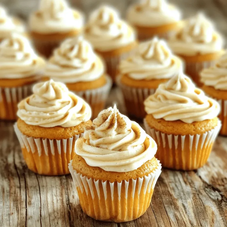 To make these delightful cupcakes, gather the following ingredients: - 1 cup all-purpose flour - 1/2 teaspoon baking powder - 1/2 teaspoon baking soda - 1/4 teaspoon salt - 1 tablespoon pumpkin spice blend (a mix of cinnamon, nutmeg, ginger, and allspice) - 1/2 cup unsalted butter, softened to room temperature - 1 cup granulated sugar - 2 large eggs, at room temperature - 1/2 cup pure pumpkin puree - 1/2 cup brewed coffee, cooled to room temperature - 1 teaspoon vanilla extract - 1/4 cup milk (or a dairy-free alternative, such as almond or oat milk) For the frosting, you will need: - 1/2 cup cream cheese, softened to room temperature - 1/4 cup unsalted butter, softened to room temperature - 2 cups powdered sugar - 1 tablespoon brewed coffee To make your cupcakes extra special, consider these garnishes: - Additional pumpkin spice blend for garnish - Cute fall-themed sprinkles - Edible gold stars for a touch of magic These ingredients create a warm and cozy flavor. Each bite offers the taste of fall. Enjoy the sweet and spicy notes of pumpkin and coffee together. For the full recipe and detailed instructions, check the [Full Recipe]. First, preheat your oven to 350°F (175°C). This helps the cupcakes bake evenly. Next, line a muffin tin with cupcake liners. This step makes it easy to remove the cupcakes later. In a medium bowl, mix the dry ingredients. Combine 1 cup of all-purpose flour, 1/2 teaspoon of baking powder, 1/2 teaspoon of baking soda, 1/4 teaspoon of salt, and 1 tablespoon of pumpkin spice blend. Whisk these together until they are well blended. Set this bowl aside. In a large mixing bowl, cream together 1/2 cup of softened unsalted butter and 1 cup of granulated sugar. Use a hand mixer on medium speed. Mix for about 3-4 minutes, until the mixture looks light and fluffy. This step is key for a nice texture. Add 2 large eggs to the butter and sugar mixture, one at a time. Mix well after each addition. Then, gently fold in 1/2 cup of pure pumpkin puree, 1/2 cup of cooled brewed coffee, and 1 teaspoon of vanilla extract. Mix until everything is smooth. Now, gradually add the dry ingredients. Alternate with 1/4 cup of milk, starting and ending with the dry mix. Mix just until combined. Avoid overmixing to keep the cupcakes fluffy. Fill each cupcake liner about two-thirds full with batter. This allows room for rising. Bake in your preheated oven for 18-20 minutes. Check with a toothpick; it should come out clean when the cupcakes are done. Let them cool in the pan for 5 minutes, then move them to a wire rack to cool completely. While the cupcakes cool, make the frosting. In a bowl, beat together 1/2 cup of softened cream cheese and 1/4 cup of softened butter until smooth. Gradually add 2 cups of powdered sugar. Mix well, then add 1 tablespoon of brewed coffee. Mix until you reach your desired frosting consistency. Once the cupcakes are cool, frost each one generously. Use a piping bag for a fancy look or a knife for a simple touch. Finally, sprinkle some extra pumpkin spice on top for a festive finish. For the full recipe, check out the earlier section. Enjoy your baking! To get soft and fluffy cupcakes, mix your batter just right. Overmixing makes them dense. Mix the wet and dry ingredients until they just come together. Use room-temperature eggs and butter for a smooth batter. This helps make a light and airy texture. Keep your cupcakes fresh by storing them in an airtight container. They stay good for about three days at room temperature. If you need them to last longer, put them in the fridge. For even longer storage, you can freeze them. Wrap each cupcake in plastic wrap, then put them in a freezer bag. They can last up to three months in the freezer. Make your cupcakes stand out with fun decorations! Top them with cream cheese frosting for a rich flavor. Sprinkle extra pumpkin spice on top for a nice touch. You can also use fall-themed sprinkles or edible glitter for a festive vibe. Arrange them on a colorful platter to impress your guests. For a fun twist, try adding mini pumpkin candies or chocolate-covered espresso beans on top. Check out the Full Recipe for more ideas! {{image_4}} To make gluten-free pumpkin spice latte cupcakes, swap all-purpose flour with a gluten-free blend. Many brands work well, but look for one that includes xanthan gum. This will help create a good texture. Follow the same steps in the recipe. You may not notice a big difference in taste or texture! For dairy-free frosting, use vegan cream cheese and dairy-free butter. Blend them just like the original recipe. You can also add maple syrup for sweetness. This gives a nice flavor to your cupcakes. Trust me, your guests will love this option, too! Want to amp up the flavor? Try adding a splash of almond extract or a hint of orange zest to the batter. These additions can enhance the pumpkin spice flavor. You can also mix in chocolate chips or nuts for extra texture. Don't shy away from experimenting with flavors! To keep your Pumpkin Spice Latte Cupcakes fresh, store them in an airtight container. This keeps moisture in and prevents them from drying out. Place them at room temperature if you plan to eat them within a few days. If you want to keep them longer, store them in the fridge. Just remember, cold temperatures can change the texture of the frosting. You can freeze these cupcakes for up to three months. First, let them cool completely. Then, wrap each cupcake in plastic wrap tightly. Next, place them in a freezer-safe bag or container. When you want to enjoy them, simply take them out and let them thaw at room temperature. Frost them after thawing for the best taste. If you'd like to warm your cupcakes, preheat your oven to 350°F (175°C). Place the cupcakes on a baking sheet and cover them with foil to keep the moisture in. Heat for about 5 to 10 minutes. This will bring back that fresh-baked warmth and flavor. Enjoy them as if they just came out of the oven! Pumpkin Spice Latte Cupcakes stay fresh for about 3 to 5 days. Store them in an airtight container. This keeps them moist and tasty. Yes, you can make these cupcakes a day or two ahead. Just store them in an airtight container. Frost them just before serving for the best taste. If you don't want to use coffee, try using brewed tea or warm milk. Both give a nice flavor, but coffee adds a special richness. Of course! You can make mini cupcakes using the same recipe. Just reduce the baking time to about 12 to 15 minutes. Keep an eye on them to avoid overbaking. To make the frosting less sweet, add more cream cheese. You can also use less powdered sugar. Taste as you go to find the right balance. Serve these cupcakes on a pretty platter. You can garnish with extra pumpkin spice. For fun, add decorative fall-themed sprinkles. Each cupcake looks festive and inviting. For the full recipe, check out the detailed instructions above. Enjoy your baking! In this post, we explored how to make Pumpkin Spice Latte Cupcakes. We covered essential ingredients, like the perfect spices and cream cheese frosting. I shared clear steps to mix, bake, and decorate. You learned tips for great texture and fresh storage. Variations let you adjust for gluten-free or dairy-free needs. Now, you can enjoy these tasty treats year-round. They’re perfect for any occasion, bringing warm flavor and joy to every bite. Happy baking!