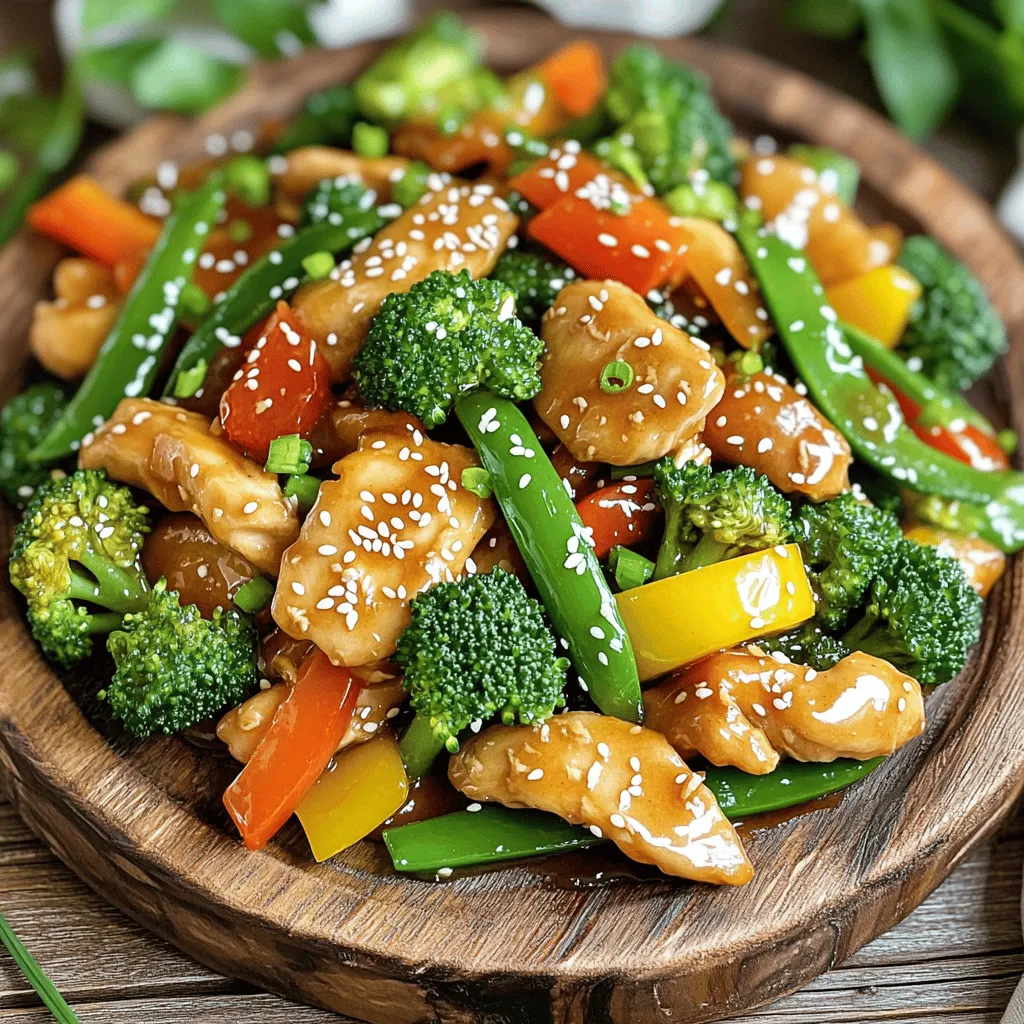 - 1 lb (450g) chicken breast, thinly sliced - 2 tablespoons honey - 3 tablespoons soy sauce - 2 tablespoons vegetable oil - 3 cloves garlic, minced - 1 bell pepper (red or yellow), sliced - 1 cup broccoli florets - 1 cup sugar snap peas - 1 teaspoon ginger, grated - Salt and pepper to taste For a tasty Honey Garlic Chicken Stir-Fry, you need fresh ingredients. Chicken breast is the star here. It cooks quickly and stays juicy. Honey and soy sauce give a sweet and salty boost. They mix well with garlic and ginger for great flavor. Fresh veggies like bell pepper, broccoli, and sugar snap peas add color and crunch. - 2 green onions, chopped - Sesame seeds for garnish - Lime or lemon wedges When you're done cooking, it’s time to garnish. Chopped green onions add a fresh touch. Sesame seeds give a nice crunch. A squeeze of lime or lemon adds zing and brightness. Enjoy this delicious dish as is or over rice. For the full recipe, check the section above. To start, you need to prepare the chicken. In a medium mixing bowl, combine the sliced chicken breast, honey, soy sauce, minced garlic, and grated ginger. Stir well to coat every piece of chicken in the marinade. This step adds great flavor. Cover the bowl with plastic wrap and let it sit for at least 15 minutes. This marinating time lets the flavors mix. Next, heat the skillet. Pour in the vegetable oil and heat it over medium-high heat until it shimmers. Once the oil is hot, carefully add the marinated chicken. Cook it for about 5 to 7 minutes. Stir frequently to ensure even cooking. The chicken should turn golden brown and reach an internal temperature of 165°F. This means it is fully cooked and safe to eat. Now it's time for the vegetables. Add the sliced bell pepper, broccoli florets, and sugar snap peas to the chicken in the skillet. Stir-fry these vibrant veggies for about 3 to 4 minutes. You want them to be bright in color and just tender. This way, they stay crisp and full of flavor. Enjoy these simple steps and create your own Honey Garlic Chicken Stir-Fry! For the complete recipe, check out the Full Recipe section. To make your Honey Garlic Chicken Stir-Fry great, you need to balance sweetness and savory. The honey brings a nice sweet touch, but the soy sauce adds saltiness. You can start with equal parts of honey and soy sauce, then adjust to your taste. If the dish is too sweet, add a splash more soy sauce. If it's too salty, mix in a bit more honey. Adjusting seasoning is key to a tasty stir-fry. After cooking, taste your dish. If it lacks flavor, sprinkle in some salt and pepper. You can also add a pinch of red pepper flakes for heat. Always remember, you can add more, but you can’t take it away. Using high heat makes a huge difference. A hot skillet or wok gives your chicken a nice sear. Start by heating your skillet until it shines. This helps lock in the juices and flavors. The chicken cooks fast, so keep an eye on it. Stir-frying is all about quick cooking. Add your chicken, and don’t overcrowd the pan. Stir often to ensure even cooking. Once it’s golden, toss in your veggies. They should stay bright and crisp, not mushy. This keeps the stir-fry fresh and colorful. For serving suggestions, try a large, colorful platter. This makes your dish look inviting. You can also serve it in bowls for a more casual meal. Adding a few lime wedges on the side makes it pop. Guests can squeeze lime for a fresh kick. Enhancing visual appeal is easy. Once you plate the stir-fry, sprinkle chopped green onions and sesame seeds on top. This adds color and a nice crunch. A well-presented dish makes the meal feel special. It shows you put thought into it, making every bite more enjoyable. For the full recipe, check out the recipe section above. {{image_4}} You can switch out chicken for other proteins like tofu or shrimp. Tofu works great for a plant-based dish. Use firm tofu and press it to remove excess moisture. Cut it into cubes, and it will soak up the honey garlic flavors well. Shrimp cooks fast and adds a nice touch. - Cooking Times: - For tofu: Cook for about 8-10 minutes until golden. - For shrimp: Cook for about 3-4 minutes until pink and opaque. Feel free to mix up the veggies in your stir-fry. You can use carrots, snap peas, or mushrooms. Seasonal veggies add freshness, so try zucchini in summer or Brussels sprouts in fall. - Alternative Veggies to Include: - Carrots, sliced thin - Snow peas or sugar snap peas - Broccoli or cauliflower florets - Bell peppers in various colors Besides the honey and soy sauce, you can try other sauces. Teriyaki sauce adds a sweet twist. For a spicy kick, add some sriracha or chili paste. You can also use hoisin for a richer flavor. - Spice Level Adjustments: - Start with a little heat and taste. - Add more spice gradually to avoid overpowering the dish. For the full recipe, be sure to check out the [Full Recipe]. To keep your Honey Garlic Chicken Stir-Fry fresh, place it in an airtight container. This helps prevent moisture loss and keeps flavors intact. You can store it in the fridge for up to three days. Make sure it cools down first before sealing it up. When you're ready to enjoy leftovers, there are a few great ways to reheat stir-fry. You can use a skillet over medium heat. Just add a splash of water or oil to keep it moist. Stir it often for even heating. You can also use a microwave. Place the stir-fry in a microwave-safe dish and cover it loosely. Heat in short bursts, stirring in between. This keeps the food from getting too dry. Freezing is a good choice if you want to save some stir-fry for later. To freeze, let it cool completely, then portion it into freezer bags. Squeeze out as much air as possible before sealing. This helps avoid freezer burn. You can freeze the stir-fry for up to three months. For best taste and texture, reheat it after thawing overnight in the fridge. Marinate the chicken for at least 15 minutes. This time lets the flavors soak in. If you have more time, try to marinate it for up to an hour. Longer marinating makes the chicken even tastier. Yes, you can make this recipe gluten-free. Simply replace soy sauce with tamari or coconut aminos. Both options give a similar taste without gluten. Check labels for any hidden gluten in other ingredients. Serve this dish with steamed rice or quinoa. They soak up the sauce nicely. You can also add a fresh salad or some spring rolls. These sides help balance the meal and add more colors to your plate. This blog post covered how to make delicious Honey Garlic Chicken Stir-Fry. You learned about key ingredients like chicken, honey, and fresh veggies. I shared step-by-step instructions for marinating, cooking, and stir-frying. Tips for flavor, cooking techniques, and presentation ideas help elevate your dish. Experiment with protein and vegetable variations to keep meals exciting. Store your leftovers well and reheat them for great flavor. Now, you have all the tools to create a tasty stir-fry that impresses. Enjoy making this dish and share it with others!