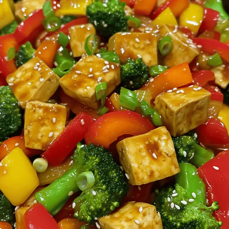 - 1 block (14 oz) firm tofu, thoroughly pressed and cubed - 2 tablespoons cornstarch - 3 tablespoons vegetable oil, divided - 1 bell pepper, choice of red or yellow, sliced into thin strips - 1 cup broccoli florets, fresh - 1 medium carrot, julienned (cut into thin matchsticks) - 3 green onions, chopped (both white and green parts) - 2 garlic cloves, finely minced - 1 tablespoon fresh ginger, grated - 3 tablespoons soy sauce - 1 tablespoon sesame oil - 2 tablespoons honey or agave syrup - Sesame seeds, for garnish - Salt and black pepper, to taste - Sesame seeds for garnish - Additional vegetables or protein options - Choosing the right tofu: Always pick firm or extra-firm tofu. Soft or silken tofu won’t hold its shape or crisp up well. - Freshness of vegetables: Use fresh veggies for the best taste and crunch. Check for bright colors and firm textures. Using these ingredients will ensure your crispy tofu stir fry is flavorful and satisfying. Be sure to check the [Full Recipe] for detailed cooking instructions that bring all these great flavors together! How to press tofu for optimal crispiness To make crispy tofu, start by pressing it. Wrap the block of tofu in a clean kitchen towel. Place a heavy skillet or some books on top for about 15 minutes. This helps remove extra moisture, making the tofu crispier. Coating tofu in cornstarch After pressing, cut the tofu into bite-sized cubes. Place the cubes in a mixing bowl. Toss them lightly with cornstarch. Make sure all pieces are well-coated. This coating will help create that perfect crispy texture when cooked. Heating oil and frying tofu In a large non-stick skillet or wok, heat 2 tablespoons of vegetable oil over medium-high heat. Once the oil shimmers, add the coated tofu cubes in a single layer. Cook without moving them for 5-7 minutes. Turn them gently until they are golden brown and crispy on all sides. Remove the tofu and set it aside on a plate. Sautéing garlic and ginger In the same skillet, add the last tablespoon of vegetable oil. When hot, add minced garlic and grated ginger. Sauté for about 30 seconds. Stir constantly so they don't burn. This will fill your kitchen with a lovely aroma. Stir-frying vegetables Next, add the sliced bell pepper, broccoli florets, and julienned carrot to the skillet. Stir-fry the vegetables for 4-5 minutes. They should be bright and just tender but still crisp. Adding sauce and returning tofu Now, bring back the crispy tofu to the skillet. In a small bowl, mix soy sauce, sesame oil, and honey or agave syrup. Drizzle this mixture over the stir-fry. Gently stir everything together and let it cook for 2 more minutes. This will let all the flavors blend nicely. Pressing tofu is key for crispiness. It removes extra moisture that makes tofu soggy. Wrap the tofu block in a clean kitchen towel. Place a heavy skillet on top for about 15 minutes. This helps the tofu firm up and get a nice texture. For frying, use a non-stick skillet or wok. Heat 2 tablespoons of vegetable oil until it shimmers. Carefully add the tofu cubes in one layer. Leave them undisturbed for 5-7 minutes. This step helps create a golden brown crust. Turn them gently to ensure they brown on all sides. To add more flavor, consider spices like chili flakes or paprika. These can elevate the dish without much effort. You might also want to try fresh herbs like basil or cilantro. Sauces can change the flavor profile too. Instead of just soy sauce, try teriyaki or hoisin sauce. Mixing in a little lime juice can brighten the dish. Feel free to experiment with different seasonings to find your favorite combination. Pair this stir fry with steamed rice or quinoa. Both options soak up the sauce well. You can also serve it with noodles for a heartier dish. For presentation, use a large bowl or platter. Arrange the colorful veggies and crispy tofu nicely. Garnish with chopped green onions and sesame seeds for a lovely touch. This simple step makes your meal even more inviting. For the full recipe, check out the Crispy Tofu Stir Fry section above. {{image_4}} You can swap the tofu for other proteins. Tempeh or seitan works well. If you want a lighter option, try chickpeas. They add a nice texture too. For vegetables, feel free to mix it up. Snow peas, bell peppers, or zucchini are great choices. You can use whatever you have on hand. This keeps the dish fresh and fun. This stir fry is already vegan. You can easily keep it that way. Just ensure your soy sauce is vegan-friendly. If you want extra protein, add nuts or seeds. They fit right in! If you need a gluten-free option, use tamari instead of soy sauce. It has a similar taste and works perfectly. You can also use gluten-free hoisin sauce for a sweet twist. You can give this dish a global twist. Think about adding curry powder for an Indian flair. Or use chili paste for a kick of heat. For sauces, try teriyaki, sweet and sour, or even a peanut sauce. Each option brings a new taste. Experiment and find your favorite flavor combo. To keep your leftovers fresh, place them in an airtight container. Store the crispy tofu stir fry in the fridge for up to three days. If you want to enjoy it later, make sure it cools down before sealing. This helps to avoid moisture build-up, which can make the tofu soggy. Freezing is great for long-term storage. To freeze the stir fry, cool it completely first. Then, transfer it to a freezer-safe container or bag. Remove as much air as possible to prevent freezer burn. You can store it in the freezer for up to three months. Just remember, the texture may change slightly after thawing. Reheating the stir fry can be tricky if you want to keep that crispy texture. The best way is to use a skillet. Heat a little oil over medium heat and add the stir fry. Cook for about 5-7 minutes, stirring often. This will help crisp up the tofu again. You can also use an oven. Spread the stir fry on a baking sheet and bake at 350°F for about 10 minutes. This method works well, too! For the full recipe, check out the Crispy Tofu Stir Fry above. Can I use frozen tofu? Yes, you can use frozen tofu. Freezing changes the texture, making it more sponge-like. This can help it soak up more flavor from sauces. Just make sure to thaw and press it well before cooking. How do I make this dish spicier? To add spice, try adding chili flakes or fresh chopped chili peppers. You can also use hot sauce or a spicy soy sauce. Adjust the amount based on your tolerance for heat. What's the best pan for stir-frying? A non-stick skillet or wok works best for stir-frying. A wok allows for high heat and even cooking. If you don’t have a wok, a large non-stick skillet will also do the job. How do I prevent vegetables from getting soggy? To keep vegetables crisp, cook them quickly over high heat. Cut them into uniform sizes to ensure even cooking. Stir-fry in batches if needed, and avoid overcrowding the pan. Is crispy tofu healthy? Yes, crispy tofu is healthy. It provides protein and is low in calories. Pairing it with fresh vegetables adds vitamins and minerals, making it a balanced meal. What is the calorie count per serving? Each serving of crispy tofu stir fry has about 300-350 calories. This can vary based on the amount of oil and sauce used. Adjust ingredients to fit your dietary needs. This blog post covered how to make a tasty tofu stir fry. You learned about main ingredients like firm tofu, fresh veggies, and flavorful sauces. I shared tips for perfect crispy tofu and ideas for variations, substitutions, and dietary needs. Remember to store leftovers properly for another meal. Enjoy exploring different flavors and find the best ways to make this dish your own. Happy cooking!