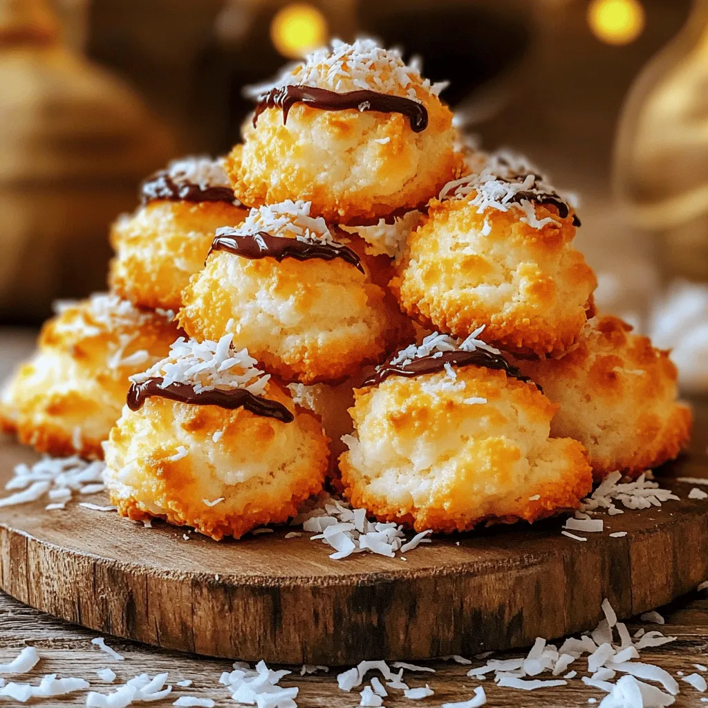 - 3 cups shredded unsweetened coconut - 1 cup sweetened condensed milk - 2 large egg whites These three main ingredients make the base of our coconut macaroons. The shredded coconut gives each cookie that classic chewy texture. Sweetened condensed milk adds richness and sweetness. The egg whites help bind everything together, creating a light and airy feel. - 1/2 cup dark chocolate chips - 1 teaspoon pure vanilla extract - 1/4 teaspoon fine sea salt Adding dark chocolate chips gives a lovely contrast to the coconut's sweetness. A hint of vanilla extract enhances the flavor. A pinch of sea salt balances the sweetness, making every bite more exciting. - Mixing bowls - Electric mixer - Baking sheet with parchment paper You need a few simple tools to make these cookies. Mixing bowls help you combine the ingredients. An electric mixer whips the egg whites, making them fluffy. A baking sheet lined with parchment paper prevents sticking and makes cleanup easy. You can find the Full Recipe to make these delicious treats in the article. First, preheat your oven to 325°F (160°C). This temperature helps the macaroons bake evenly. Next, line your baking sheet with parchment paper. This step prevents the macaroons from sticking to the sheet and makes cleanup easier. In a large bowl, combine 3 cups of shredded coconut, 1 cup of sweetened condensed milk, and 1 teaspoon of pure vanilla extract. Add 1/4 teaspoon of fine sea salt. Mix everything well until the coconut is fully coated. This mixture will be the heart of your macaroons. In another bowl, whip 2 large egg whites with 1/4 teaspoon of cream of tartar. Beat them until stiff peaks form. This process usually takes about 3 to 5 minutes. The fluffy egg whites add air to the mix. It is important to fold them in gently to keep the airiness intact. Using a cookie scoop or spoon, drop heaping tablespoons of the mixture onto your prepared baking sheet. Make sure to leave about 1 inch between each blob. Bake them in the oven for 15 to 20 minutes. You want them to turn a lovely golden brown. Once baked, let them cool on the sheet for 5 minutes before transferring them to a wire rack. For an added touch of joy, you can drizzle melted dark chocolate on top once they cool. Enjoy making these delightful treats! For the complete recipe, see the Full Recipe. To get chewy coconut macaroons, you must fold gently. This keeps the egg whites airy. If you mix too hard, your cookies will flatten. Also, monitor your oven temperature. If it’s too hot, your macaroons will brown too fast. Use an oven thermometer to be sure. Garnishing your macaroons can make them look fancy. You can drizzle melted dark chocolate on top. It adds a nice touch! Serve them on a decorative plate. Toss in some fresh mint leaves or a sprinkle of shredded coconut. This makes your treats even more appealing. One common mistake is not separating egg whites properly. This can lead to flat cookies. Make sure no yolk gets in the whites. Another mistake is overmixing. If you mix too much after folding, your macaroons will lose their fluff. Be gentle and mix just until combined. For the Full Recipe, check out the Coconut Cloud Macaroons. Enjoy baking! {{image_4}} To add a sweet touch, you can drizzle chocolate on your macaroons. Here’s how: 1. Melt dark chocolate chips in the microwave, stirring often. 2. Once melted, use a fork to drizzle over the cooled macaroons. If you want to mix it up, consider using: - White chocolate for a sweeter taste. - Milk chocolate for creaminess. - Dark chocolate for a rich flavor. You can make these macaroons even more special with flavor add-ins. Try using: - Almond extract for a nutty twist. - Coconut extract for an extra coconut boost. You can also add nuts or dried fruits. Consider: - Chopped almonds for crunch. - Dried cherries for a tart kick. - Raisins for extra sweetness. If you follow a specific diet, you can still enjoy these cookies. Here are some options: - For gluten-free macaroons, ensure all ingredients are gluten-free. - If you need vegan substitutes, use aquafaba instead of egg whites. Aquafaba is the liquid from canned chickpeas and works well. These simple changes let everyone enjoy your coconut macaroon cookies. To keep your coconut macaroons fresh, store them in airtight containers. This prevents air from making them dry. You can keep them at room temperature for up to five days. If you want to keep them longer, place them in the fridge. Just remember, refrigeration can change their texture a bit. If you want to enjoy these treats later, freezing works well. First, let the macaroons cool completely. Then, place them in a single layer on a baking sheet. Freeze them for about an hour. Once firm, transfer them to a freezer-safe bag or container. Make sure to remove as much air as possible. For best taste, eat them within three months. To thaw, just leave them at room temperature for about 30 minutes. Coconut macaroons can last up to one week at room temperature. If stored in the fridge, they can stay fresh for around two weeks. Keep an eye out for signs of spoilage. If they become hard or develop an off smell, it’s time to toss them. Enjoy your homemade coconut macaroons at their best! Coconut macaroon cookies are sweet treats made from coconut, egg whites, and sweetened milk. They have a chewy texture and a rich, sweet flavor. The outside is slightly crisp, while the inside is soft and moist. The taste of coconut shines through, making them a favorite for many. You can enjoy them plain or drizzled with chocolate for extra delight. Yes, you can make coconut macaroons ahead of time. To prepare them in advance, follow these tips: - Mix the coconut mixture and form the cookies. - Place them on a baking sheet and freeze until solid. - Once frozen, transfer them to an airtight container. - You can bake them fresh when needed. This way, they stay fresh and delicious. To keep your macaroons from spreading, follow these key steps: - Ensure your egg whites are whipped to stiff peaks. - Fold the egg whites gently into the coconut mixture. - Use a cookie scoop to maintain their shape. - Space them out on the baking sheet. This helps them stay round and fluffy while baking. You can find the Full Recipe for Coconut Cloud Macaroons [here](#). Enjoy making these delightful treats! Coconut macaroon cookies are simple yet delicious treats made with a few key ingredients. You can customize them with optional toppings like chocolate or nuts. Remember to handle your egg whites gently and monitor your oven closely. Store your macaroons in an airtight container to keep them fresh. With a bit of practice, you can create the perfect coconut macaroon. Enjoy sharing these delightful cookies with friends and family!