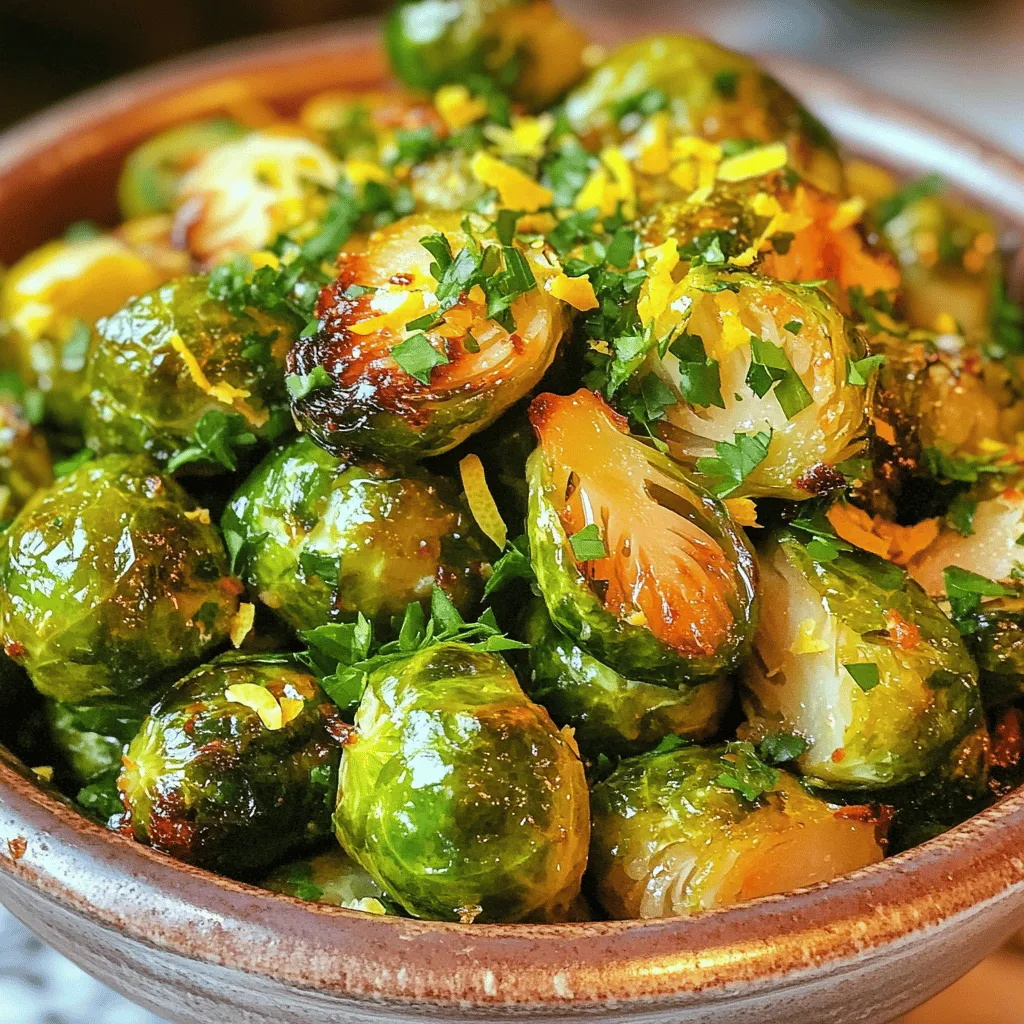 - 1 lb Brussels sprouts, trimmed and halved - 3 tablespoons extra virgin olive oil - 4 cloves fresh garlic, minced - Juice and zest of 1 large lemon - 1 teaspoon raw honey or maple syrup - Sea salt and freshly ground black pepper, to taste - 1/4 teaspoon red pepper flakes (optional for heat) - Fresh parsley, finely chopped for garnish When making lemon garlic roasted Brussels sprouts, freshness is key. The Brussels sprouts should be firm and bright green, which means they are fresh. The garlic must be fresh too. Old garlic can taste bitter. The lemon juice adds a bright flavor. The zest brings more aroma and taste. This recipe uses either honey or maple syrup for a touch of sweetness. Honey is sweet, while maple syrup has a unique flavor. Adjust the salt and pepper to your liking. Red pepper flakes can give a bit of heat if you want. Once you gather these ingredients, you can create a dish that is not only tasty but also colorful. The fresh parsley at the end adds a nice pop of green and flavor. For the full recipe, refer to the link provided. Set your oven temperature to 400°F (200°C). This step is key for getting crispy Brussels sprouts. Preheating ensures even cooking and enhances flavor. In a large mixing bowl, toss the halved Brussels sprouts with oil and seasonings. Add 3 tablespoons of extra virgin olive oil, 4 cloves of minced garlic, the juice and zest of one large lemon, and a teaspoon of raw honey. Sprinkle in sea salt, freshly ground black pepper, and optional red pepper flakes for heat. Mix well until each sprout is coated in the tasty blend. Spread the coated Brussels sprouts on a baking sheet lined with parchment paper. Make sure they are in a single layer and not overcrowded. This helps them roast properly. Place the baking sheet in your preheated oven and roast for 25-30 minutes. Stir them halfway through to ensure they brown evenly. They should become golden and crispy on the edges. Once done, remove them from the oven and let them cool slightly. For a bright finish, sprinkle fresh parsley on top before serving. For the full recipe, check out the detailed instructions! To get crispy Brussels sprouts, avoid overcrowding the baking sheet. When you place too many sprouts on the tray, they steam instead of roast. This leads to soggy results. Spread them out in a single layer, leaving space between each piece. If needed, use two baking sheets. This helps each sprout get golden and crunchy. Seasoning is key to great flavor. Start with the basic amounts of salt and pepper from the recipe. Taste the mixture before roasting. If you want more zing, add a pinch of salt or a dash of pepper. For a sweet twist, you can add more honey or syrup. Adjust the red pepper flakes if you like it spicier. Your taste buds will guide you! Make your dish stand out with smart presentation. Use a bright bowl that contrasts with the Brussels sprouts. This adds excitement to your table. Just before serving, sprinkle fresh parsley on top for a pop of color. You can also add lemon wedges on the side. They not only look good but also give an extra citrusy touch when squeezed over the sprout. {{image_4}} You can add different herbs and spices to change the taste. Try rosemary for a woodsy flavor. Thyme gives a nice earthy note. You might also enjoy smoked paprika for a hint of sweetness. Each herb brings its own twist, making your Brussels sprouts exciting. To make your dish heartier, think about adding nuts or other veggies. Sliced almonds or walnuts add crunch and protein. You could also mix in carrots or bell peppers for extra color and taste. These additions boost nutrition and create a vibrant plate. You can easily modify this recipe for various diets. For a vegan version, skip the honey and use maple syrup instead. If you're on a low-carb diet, try using less honey and more lemon juice. These changes keep the flavor while fitting your needs. Enjoy making this dish your own! Store leftover Brussels sprouts in an airtight container. Place them in the fridge right after they cool. They stay fresh for up to three days. If you want them to keep their taste, add a piece of paper towel inside the container. This will help absorb moisture. To reheat, the oven works best for keeping crispness. Preheat your oven to 375°F (190°C). Spread the Brussels sprouts on a baking sheet. Heat for about 10-15 minutes until warm. If you want a quick option, use the microwave. Just remember, they may lose some crunch. Heat in short bursts and check often. For long-term storage, freezing is a great option. First, blanch the Brussels sprouts by boiling them for two minutes, then place them in ice water. Drain and dry them well. Use a freezer bag, removing as much air as possible. They can last up to three months. When ready to use, thaw them in the fridge overnight before cooking. Enjoy them roasted or in a stir-fry! Brussels sprouts are small but mighty. They are low in calories but high in nutrients. One cup gives you lots of vitamin K, vitamin C, and fiber. Eating Brussels sprouts can help with digestion and support heart health. They also have antioxidants, which can help protect your body from damage. Adding them to your meals boosts nutrition without adding many calories. Yes, you can prep Brussels sprouts ahead of time. Trim and halve them a day before and store them in the fridge. You can also mix the oil, garlic, lemon juice, and seasonings and keep them separate. When you're ready, toss the sprouts in the mix and roast. You will save time and still enjoy a tasty dish. To amp up the flavor, try adding some herbs. Fresh thyme or rosemary can bring a nice twist. You can also use balsamic vinegar for a tangy kick. If you like heat, try more red pepper flakes or a dash of hot sauce. For a sweet touch, add a bit more honey. Mixing flavors keeps your Brussels sprouts exciting! For the complete recipe details, check out the [Full Recipe] for Citrus Garlic Roasted Brussels Sprouts. Brussels sprouts are a versatile and healthy side dish. We covered essential ingredients, steps to roast them, and ways to enhance flavor. Tips for crispy texture and beautiful presentation will make your dish shine. You can also explore variations to suit your taste. Make sure to check storage info for leftovers and reheating tips. With this guide, you can enjoy delicious Brussels sprouts with ease. Embrace your culinary skills and enjoy experimenting with new flavors and styles!
