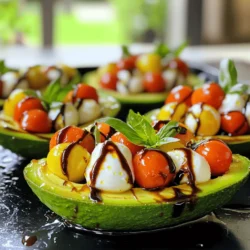 - 2 ripe avocados - 1 cup cherry tomatoes, halved - 1 cup fresh mozzarella balls, halved or diced - 1/4 cup fresh basil leaves, chopped - 2 tablespoons balsamic glaze - 1 tablespoon extra virgin olive oil - Salt and pepper to taste The ingredients for Caprese stuffed avocados are simple and fresh. You start with ripe avocados. They should feel soft but not mushy. Next, you need cherry tomatoes. Their sweetness adds a nice zing. Fresh mozzarella gives a creamy touch. You can use mozzarella balls or dice a larger piece. Basil is key for the dish. Its aroma brings the flavors together. Balsamic glaze adds a tangy sweetness. Extra virgin olive oil gives richness. Finally, salt and pepper boost the taste. Gathering these ingredients is easy. You can find them at most grocery stores. For the full recipe, just follow the steps I laid out earlier. Enjoy creating this bright and tasty dish! Step 1: Preparing the Avocados Start by cutting the avocados in half. Carefully remove the pit from each half. Use a spoon to scoop out a little flesh from the center. This creates more space for your filling. Keep the scooped avocado for guacamole or another recipe. Step 2: Mixing the Caprese Filling In a bowl, combine the halved cherry tomatoes, mozzarella balls, and chopped basil leaves. These ingredients give your dish a fresh taste. Step 3: Filling the Avocados Drizzle olive oil and balsamic glaze over the mixture. Season it with salt and pepper. Gently toss the mix until everything is coated. Now, take a spoon and fill each avocado half with this colorful mixture. Make sure to pack it in well. Step 4: Final Touches For extra flavor, drizzle more balsamic glaze on top. You can also add a few basil leaves for a nice look. Enjoy your Caprese stuffed avocados right away or chill them for a cooler treat. Check the Full Recipe for more details. Advice for Choosing the Perfect Avocados Select ripe avocados for the best taste. Look for ones that are slightly soft when you gently squeeze them. They should not feel mushy. If they are too hard, they are not ripe yet. You can ripen them at home by placing them in a paper bag for a day or two. This helps them become soft and ready to eat. Serving Suggestions Serve your Caprese stuffed avocados on a vibrant plate. You can add a sprinkle of sea salt for extra flavor. Consider serving with crusty bread or fresh basil for a complete meal. If you have friends over, make a colorful platter. This way, everyone can enjoy a taste of this fresh dish. Storage Tips for Leftovers If you have leftovers, wrap them tightly in plastic wrap. This keeps them fresh longer. Store them in the fridge and eat within one day. If you notice browning on the avocado, drizzle a little lemon juice on it. This slows down the browning process and keeps your dish looking beautiful. For more details on preparing this delicious dish, check out the Full Recipe. {{image_4}} You can make Caprese stuffed avocados even better by adding different flavors. Here are some fun ideas: - Adding Protein: Grilled Chicken or Shrimp You can add grilled chicken or shrimp to the filling. This adds a nice protein boost. Cooked chicken breast or shrimp works best. Just chop them into small pieces before mixing. This change makes the dish heartier. It’s great for a lunch or dinner. - Vegan Option: Dairy-Free Cheese Replacement If you want a vegan dish, swap the mozzarella for dairy-free cheese. Look for brands made from nuts or soy. This will still give you that creamy texture. You can enjoy the same fresh taste without the dairy. - Seasonal Variations: Incorporating Fruits or Veggies You can also try adding seasonal fruits or vegetables. In summer, diced peaches or strawberries add sweetness. In fall, mix in roasted squash or pumpkin. These ingredients bring new flavors to the dish. They can make it colorful and fun. Feel free to explore these ideas to make your Caprese stuffed avocados unique. For a complete recipe, check the Full Recipe. Overview of Avocado Nutritional Value Avocados are rich in healthy fats. They provide heart-friendly monounsaturated fats. One avocado has about 240 calories. They also contain fiber, which helps with digestion. Benefits of Tomatoes and Mozzarella Tomatoes are low in calories but high in vitamins. They are a great source of vitamin C. Mozzarella adds protein and calcium. Together, they make a tasty and healthy mix. Caloric Breakdown and Dietary Considerations This dish is balanced and filling. Each serving has around 400 calories. It fits well in many diets. You get healthy fats, protein, and fiber. This makes Caprese stuffed avocados a smart choice. For the Full Recipe, check out the details above. Can I prep these avocados in advance? Yes, you can prepare the filling ahead of time. Just keep the filling in the fridge. Cut the avocados right before serving to avoid browning. How do I know when avocados are ripe? Ripe avocados feel slightly soft when you press them. The skin should be dark green or black. If they are hard, they need more time to ripen. What are some good pairings for Caprese Stuffed Avocados? These stuffed avocados pair well with grilled bread, a light salad, or a refreshing drink. A crisp white wine also complements the flavors nicely. Can I use different cheese varieties? Yes! You can use goat cheese, feta, or even a vegan cheese. Just choose a cheese that melts well or has a nice flavor. Do I need to add balsamic glaze? While balsamic glaze adds a sweet tang, you can skip it if you prefer. Olive oil and salt will still make the dish tasty. For a twist, try lemon juice instead. For the complete recipe, check out the [Full Recipe]. Caprese stuffed avocados are fresh, tasty, and easy to make. You learned the key ingredients and how to prepare them step-by-step. I shared tips and kitchen tricks to make your dish pop. You also saw several variations to keep things interesting. Remember, these avocados offer health benefits, too! Enjoy creating a colorful and delicious dish next time you cook. These stuffed avocados will impress everyone at your table. Happy cooking!