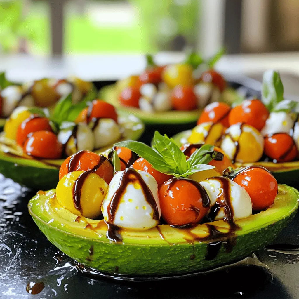 - 2 ripe avocados - 1 cup cherry tomatoes, halved - 1 cup fresh mozzarella balls, halved or diced - 1/4 cup fresh basil leaves, chopped - 2 tablespoons balsamic glaze - 1 tablespoon extra virgin olive oil - Salt and pepper to taste The ingredients for Caprese stuffed avocados are simple and fresh. You start with ripe avocados. They should feel soft but not mushy. Next, you need cherry tomatoes. Their sweetness adds a nice zing. Fresh mozzarella gives a creamy touch. You can use mozzarella balls or dice a larger piece. Basil is key for the dish. Its aroma brings the flavors together. Balsamic glaze adds a tangy sweetness. Extra virgin olive oil gives richness. Finally, salt and pepper boost the taste. Gathering these ingredients is easy. You can find them at most grocery stores. For the full recipe, just follow the steps I laid out earlier. Enjoy creating this bright and tasty dish! Step 1: Preparing the Avocados Start by cutting the avocados in half. Carefully remove the pit from each half. Use a spoon to scoop out a little flesh from the center. This creates more space for your filling. Keep the scooped avocado for guacamole or another recipe. Step 2: Mixing the Caprese Filling In a bowl, combine the halved cherry tomatoes, mozzarella balls, and chopped basil leaves. These ingredients give your dish a fresh taste. Step 3: Filling the Avocados Drizzle olive oil and balsamic glaze over the mixture. Season it with salt and pepper. Gently toss the mix until everything is coated. Now, take a spoon and fill each avocado half with this colorful mixture. Make sure to pack it in well. Step 4: Final Touches For extra flavor, drizzle more balsamic glaze on top. You can also add a few basil leaves for a nice look. Enjoy your Caprese stuffed avocados right away or chill them for a cooler treat. Check the Full Recipe for more details. Advice for Choosing the Perfect Avocados Select ripe avocados for the best taste. Look for ones that are slightly soft when you gently squeeze them. They should not feel mushy. If they are too hard, they are not ripe yet. You can ripen them at home by placing them in a paper bag for a day or two. This helps them become soft and ready to eat. Serving Suggestions Serve your Caprese stuffed avocados on a vibrant plate. You can add a sprinkle of sea salt for extra flavor. Consider serving with crusty bread or fresh basil for a complete meal. If you have friends over, make a colorful platter. This way, everyone can enjoy a taste of this fresh dish. Storage Tips for Leftovers If you have leftovers, wrap them tightly in plastic wrap. This keeps them fresh longer. Store them in the fridge and eat within one day. If you notice browning on the avocado, drizzle a little lemon juice on it. This slows down the browning process and keeps your dish looking beautiful. For more details on preparing this delicious dish, check out the Full Recipe. {{image_4}} You can make Caprese stuffed avocados even better by adding different flavors. Here are some fun ideas: - Adding Protein: Grilled Chicken or Shrimp You can add grilled chicken or shrimp to the filling. This adds a nice protein boost. Cooked chicken breast or shrimp works best. Just chop them into small pieces before mixing. This change makes the dish heartier. It’s great for a lunch or dinner. - Vegan Option: Dairy-Free Cheese Replacement If you want a vegan dish, swap the mozzarella for dairy-free cheese. Look for brands made from nuts or soy. This will still give you that creamy texture. You can enjoy the same fresh taste without the dairy. - Seasonal Variations: Incorporating Fruits or Veggies You can also try adding seasonal fruits or vegetables. In summer, diced peaches or strawberries add sweetness. In fall, mix in roasted squash or pumpkin. These ingredients bring new flavors to the dish. They can make it colorful and fun. Feel free to explore these ideas to make your Caprese stuffed avocados unique. For a complete recipe, check the Full Recipe. Overview of Avocado Nutritional Value Avocados are rich in healthy fats. They provide heart-friendly monounsaturated fats. One avocado has about 240 calories. They also contain fiber, which helps with digestion. Benefits of Tomatoes and Mozzarella Tomatoes are low in calories but high in vitamins. They are a great source of vitamin C. Mozzarella adds protein and calcium. Together, they make a tasty and healthy mix. Caloric Breakdown and Dietary Considerations This dish is balanced and filling. Each serving has around 400 calories. It fits well in many diets. You get healthy fats, protein, and fiber. This makes Caprese stuffed avocados a smart choice. For the Full Recipe, check out the details above. Can I prep these avocados in advance? Yes, you can prepare the filling ahead of time. Just keep the filling in the fridge. Cut the avocados right before serving to avoid browning. How do I know when avocados are ripe? Ripe avocados feel slightly soft when you press them. The skin should be dark green or black. If they are hard, they need more time to ripen. What are some good pairings for Caprese Stuffed Avocados? These stuffed avocados pair well with grilled bread, a light salad, or a refreshing drink. A crisp white wine also complements the flavors nicely. Can I use different cheese varieties? Yes! You can use goat cheese, feta, or even a vegan cheese. Just choose a cheese that melts well or has a nice flavor. Do I need to add balsamic glaze? While balsamic glaze adds a sweet tang, you can skip it if you prefer. Olive oil and salt will still make the dish tasty. For a twist, try lemon juice instead. For the complete recipe, check out the [Full Recipe]. Caprese stuffed avocados are fresh, tasty, and easy to make. You learned the key ingredients and how to prepare them step-by-step. I shared tips and kitchen tricks to make your dish pop. You also saw several variations to keep things interesting. Remember, these avocados offer health benefits, too! Enjoy creating a colorful and delicious dish next time you cook. These stuffed avocados will impress everyone at your table. Happy cooking!