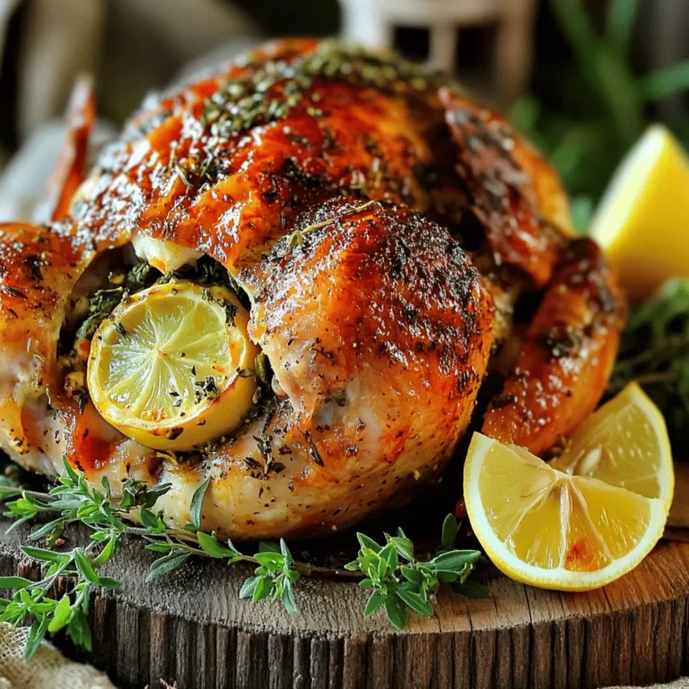 - 1 whole chicken (approximately 4-5 pounds) - 4 tablespoons extra virgin olive oil - 2 teaspoons fine sea salt - 1 teaspoon freshly ground black pepper - 1 tablespoon garlic powder - 1 tablespoon onion powder - 1 tablespoon dried thyme - 1 tablespoon dried rosemary - 1 tablespoon dried oregano - 1 juicy lemon, halved - 1 head of garlic, halved horizontally - Fresh herbs for garnish (like parsley or extra thyme) Each ingredient adds its own magic to this dish. The whole chicken is the star, providing a juicy base. Olive oil helps keep the chicken moist and adds richness. Salt and pepper enhance flavors, making each bite savory. Garlic and onion powders give depth, while thyme, rosemary, and oregano bring herbal notes. The lemon and garlic in the cavity infuse the meat with zest and aroma. Fresh herbs at the end make the dish look nice and fresh. Use the best quality chicken you can find. Organic or free-range chicken often tastes better. Choose extra virgin olive oil for its rich flavor. Fresh herbs are vital for the best taste. Look for bright, vibrant herbs that smell strong. Use fresh spices if possible, but dried ones work well too. Always pick ripe lemons; they will add the most flavor. Good quality ingredients make all the difference in your meal. If you want to know more about the cooking method, check out the Full Recipe. First, preheat your oven to 425°F (220°C). This high heat helps create a crispy skin. While the oven heats, pat the chicken dry with paper towels. Drying the chicken is key for that perfect crunch. Make sure to get into all the nooks and crannies. In a small bowl, mix together the following: - 4 tablespoons extra virgin olive oil - 2 teaspoons fine sea salt - 1 teaspoon freshly ground black pepper - 1 tablespoon garlic powder - 1 tablespoon onion powder - 1 tablespoon dried thyme - 1 tablespoon dried rosemary - 1 tablespoon dried oregano Stir until you form a smooth herb paste. This mixture adds a lot of flavor to the chicken. Now it’s time to season the chicken. Rub the herb mixture all over the chicken. Get under the skin for extra flavor. Don’t forget to coat the inner cavity too. Next, stuff the chicken with the halved lemon and garlic. These will make the meat juicy and fragrant. Place the chicken, breast side up, in a roasting pan. Roast it in the oven for about 1 hour and 15 minutes. Use a meat thermometer to check that the internal temperature reaches 165°F (75°C). The juices should run clear when you test it with a skewer. Once done, take the chicken out and let it rest for 10-15 minutes. This step helps lock in the juices. For the Full Recipe, refer to the details above. Finally, carve the chicken and serve it on a platter. Garnish with fresh herbs and lemon wedges for a beautiful touch. Enjoy your savory herb roasted chicken! To get juicy chicken, start with a good quality bird. A fresh, organic chicken often tastes best. Before cooking, let the chicken sit at room temperature for about 30 minutes. This helps it cook evenly. Use paper towels to dry the chicken well. A dry surface helps create a nice crust. Make sure to use enough seasoning. Rub the herb mixture generously under the skin. This method allows the flavors to seep in. Adding lemon and garlic inside the cavity also boosts flavor. Letting the chicken rest after cooking is a must. This step keeps the juices locked in, making each bite tender. For crispy skin, the oven temperature matters. Preheat your oven to 425°F (220°C) before roasting. This high heat helps the skin crisp up quickly. Using a roasting pan is a great choice. It allows hot air to circulate all around the chicken. Remember to avoid covering the chicken while it cooks. Covering traps steam, which makes the skin soggy. If you want extra crunch, baste the chicken with its own juices halfway through cooking. This adds flavor and helps with crispiness. Having the right tools makes roasting easier. A sturdy roasting pan is essential. It should have high sides to catch juices. Use a meat thermometer to check the chicken's doneness. This tool ensures it reaches the safe temperature of 165°F (75°C). A good pair of kitchen tongs helps with handling the hot chicken. You can also use a carving knife for serving. Finally, a basting brush is handy for applying juices. With these tools, you can roast like a pro! {{image_4}} You can change the herbs for different flavors. If you like a fresh taste, try dill or basil. For a warm flavor, use sage or tarragon. Mix and match to find what you love. Each herb adds its own twist to the chicken. While lemon and garlic are great, you can stuff the chicken with other tasty things. Try onions and apples for a sweet flavor. You can also use mushrooms and spinach for a savory mix. Stuffing with herbs like parsley or cilantro can also add freshness. Experiment with different combos to surprise your taste buds. Both air frying and oven roasting can make delicious chicken. Air fryers cook faster and can create crisp skin with less oil. They use hot air to cook evenly. Oven roasting gives a deep, rich flavor, perfect for gatherings. Choose the method that fits your time and taste. Each way can yield juicy and flavorful results. For the full recipe, check out the earlier section. After cooking your Savory Herb Roasted Chicken, allow it to cool. Wrap the chicken tightly in plastic wrap or aluminum foil. You can also place it in an airtight container. This keeps the chicken fresh and prevents it from drying out. To reheat, preheat your oven to 350°F (175°C). Place the chicken in a baking dish. Cover it with foil to keep moisture in. Heat for about 20-25 minutes or until warm. If you prefer, you can also use a microwave. Just slice the chicken into pieces and heat for 1-2 minutes, checking often. Leftover Savory Herb Roasted Chicken will last up to four days in the fridge. For longer storage, you can freeze it. When frozen, it will stay good for up to three months. Be sure to label your containers with the date. This way, you know how long they have been stored. Enjoy your delicious leftovers in salads, sandwiches, or simply reheated! You should cook the chicken to an internal temperature of 165°F (75°C). This ensures the chicken is safe to eat and juicy. Use a meat thermometer for accuracy. Insert it into the thickest part of the thigh without touching the bone. The juices should run clear when the chicken is done. If it’s below 165°F, continue roasting it and check again. Yes, you can use different types of chicken. You can roast chicken parts, like thighs or breasts, if you prefer. Just adjust the cooking time. Bone-in cuts will need more time, while boneless cuts will cook faster. Whole chickens are great for flavor and presentation, but feel free to experiment. Just ensure they reach the same safe temperature of 165°F (75°C). Savory Herb Roasted Chicken pairs well with many sides. I suggest roasted vegetables, like carrots, potatoes, or Brussels sprouts. A fresh green salad adds a nice crunch. Creamy mashed potatoes are also a great choice. You could serve rice or quinoa for a healthy option. Bread rolls make a lovely addition too. These sides complement the chicken's rich flavors perfectly. In this article, we explored how to make Savory Herb Roasted Chicken. We covered the key ingredients and their quality. Then, we walked through easy steps to prepare and cook the chicken. I shared helpful tips for juicy meat and crispy skin. You also learned about fun variations and proper storage. Follow these ideas, and you will enjoy making this delicious dish. It's simple, rewarding, and sure to impress anyone at your table.