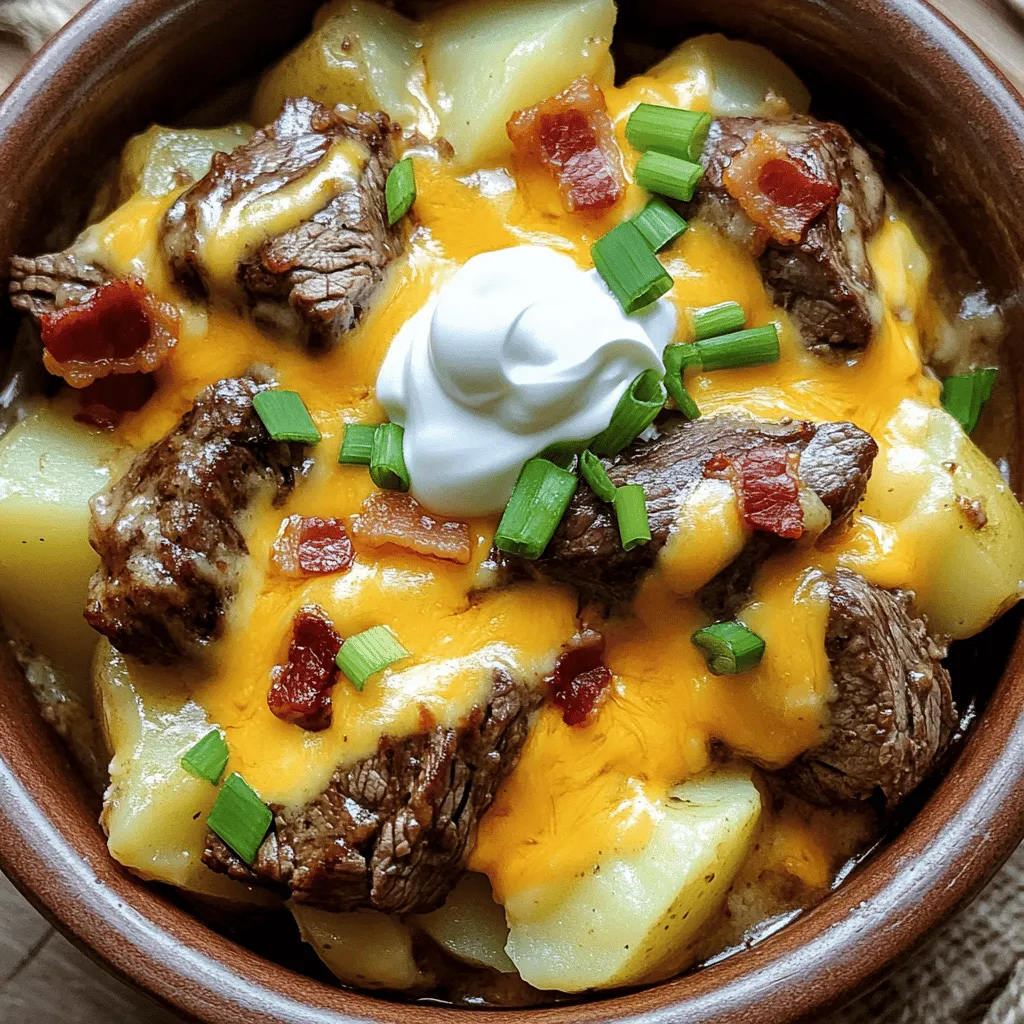 To make Crockpot Loaded Steak and Potato Bake, you need these key ingredients: - 1.5 lbs flank steak, cut into bite-sized pieces - 4 medium russet potatoes, diced into 1-inch cubes - 1 medium onion, finely chopped - 4 cloves garlic, minced - 1 cup beef broth (low-sodium preferred) - 1 cup shredded sharp cheddar cheese - 1 cup sour cream - 1 teaspoon smoked paprika - 1 teaspoon dried thyme - Salt and pepper to taste These ingredients work together to give the dish depth and richness. The flank steak is juicy and tender, while the potatoes add heartiness. The smoked paprika brings a nice warmth, and the sour cream offers a creamy finish. You can add these optional ingredients for extra flavor and a nice touch: - ½ cup green onions, sliced - ½ cup cooked bacon bits These garnishes add freshness and crunch. Cooked bacon bits add a savory touch that many will love. Green onions provide a pop of color and a mild onion flavor. If you need to swap out some ingredients, here are some simple ideas: - Use chuck roast instead of flank steak for a more affordable option. - Swap russet potatoes for Yukon Gold or red potatoes for a different texture. - If you don’t have beef broth, you can use chicken broth or vegetable broth. - For a lighter option, substitute Greek yogurt for sour cream. - You can use any cheese you like, such as Monterey Jack or mozzarella. These substitutions help you adapt the recipe to what you have on hand. Feel free to experiment and discover your favorite flavor combinations! For the complete details on preparation, check the Full Recipe. First, you need to season the flank steak. Use salt, pepper, and smoked paprika. This adds depth to the flavor. Next, heat oil in a large skillet over medium-high heat. Sear the steak for 2-3 minutes, browning all sides. This step builds a rich taste through caramelization. Once browned, transfer the steak to your crockpot. In the same skillet, add a bit more oil if needed. Next, add the chopped onions and minced garlic. Sauté them for about 2 minutes. You want the onions to be clear and fragrant. This step will fill your dish with amazing flavors. Now, combine everything in the crockpot. First, layer the sautéed onion and garlic over the steak. Then, evenly spread the diced potatoes on top. This helps to ensure even cooking. Pour beef broth over the ingredients in the crockpot. Sprinkle dried thyme on top. Gently mix everything together. Be careful not to break the potato pieces. Cover the crockpot and cook on low for 6-8 hours or on high for 3-4 hours. You want the steak to be tender and the potatoes to be soft. For a creamy finish, stir in shredded cheddar cheese and sour cream before serving. Mix until everything is combined and creamy. Taste and adjust the seasoning as needed. Enjoy this hearty dish! For the full process and tips, you can check the Full Recipe. To boost the flavor of your crockpot loaded steak and potato bake, I recommend a few simple tricks. First, sear the steak before adding it to the crockpot. This step creates a nice brown crust that adds deep flavor. Season the meat well with salt, pepper, and smoked paprika. This spice gives a warm, smoky taste that pairs well with beef and potatoes. You can also add fresh herbs like thyme and rosemary. These herbs brighten up the dish and add freshness. Using low-sodium beef broth helps control salt levels and keeps the flavors balanced. For a richer taste, consider adding a splash of Worcestershire sauce or soy sauce. Getting the right texture is key for this dish. To keep the steak tender, cook it low and slow. This method breaks down tough fibers in the meat. Aim for 6-8 hours on low heat for the best results. For the potatoes, cut them into uniform pieces. This ensures they cook evenly. Dicing them into 1-inch cubes helps them cook through without becoming mushy. Stir gently when mixing ingredients to avoid breaking the potato pieces, which helps maintain their shape. Many cooks make simple mistakes that affect the final dish. One common error is not browning the steak. Skipping this step can lead to a bland flavor. Another mistake is overloading the crockpot. Too many ingredients can lead to uneven cooking. Stick to the recipe for the best results. Finally, avoid lifting the lid while cooking. Each time you do, heat escapes, which can alter cooking time. For more details, check the full recipe for this delicious dish. {{image_4}} You can make a tasty vegetarian version of this dish. Swap the flank steak for hearty mushrooms or lentils. Both options add great texture. Use vegetable broth instead of beef broth. This keeps the dish rich in flavor. You can also add beans for protein. Try black beans or chickpeas for a protein boost. Feel free to mix in your favorite veggies. Carrots, bell peppers, or green beans work well. Chop them into similar sizes as the potatoes. This ensures even cooking. You can add leafy greens like spinach, too. Just stir them in during the last hour of cooking. This keeps them vibrant and full of nutrients. If you want to switch up the meat, try chicken or pork. Both will give the dish a new twist. Use boneless cuts for best results. You can also use ground meat for a different texture. Just cook it in the skillet before adding it to the crockpot. Remember to adjust cooking times if using different meats. Always check that your meat is cooked through before serving. You can find the full recipe [here](#). After enjoying your meal, let leftovers cool completely. Then, transfer them to an airtight container. This helps keep the flavors fresh. Store the container in the fridge for up to three days. Labeling the container with the date can help you keep track of freshness. To reheat, you can use the microwave or stovetop. For the microwave, place the leftovers in a microwave-safe bowl. Heat in 30-second bursts, stirring in between. On the stovetop, warm over low heat, stirring often. Add a splash of beef broth or water if the dish seems dry. This helps revive the creamy texture. If you want to freeze your leftovers, ensure they cool completely before storing. Use a freezer-safe container, leaving space for expansion. This dish can be frozen for up to three months. When ready to eat, thaw it overnight in the fridge. Reheat as directed above for the best taste. For full enjoyment, try to eat it soon after thawing. Yes, you can cook this recipe on high. If you choose high, set the crockpot for 3-4 hours. This method cooks the meat and potatoes quicker. However, cooking on low for 6-8 hours often makes the steak more tender. Check the steak and potatoes for tenderness. Use a fork to test the potatoes. They should break apart easily. The steak should be soft and easy to shred. If both are tender, it is ready to enjoy! To adjust servings, change the amount of steak and potatoes. For larger groups, double the recipe. For smaller gatherings, cut the recipe in half. Keep the seasoning and broth ratios similar to maintain flavor. You can serve this dish with a fresh salad or steamed vegetables. Garlic bread or cornbread also pairs well. These sides add balance and freshness to the hearty meal. Enjoy your delicious feast! For the full recipe, check out the details above. This blog post covered everything you need for a great Crockpot Loaded Steak and Potato Bake. We listed key ingredients and offered garnish choices. You learned how to prep steak, sauté aromatics, and assemble your dish. Tips helped you enhance flavor and avoid common mistakes. We also shared variations for different diets and useful storage info. Use these steps and ideas to make yourCooking fun and easy. Enjoy trying new recipes with confidence!