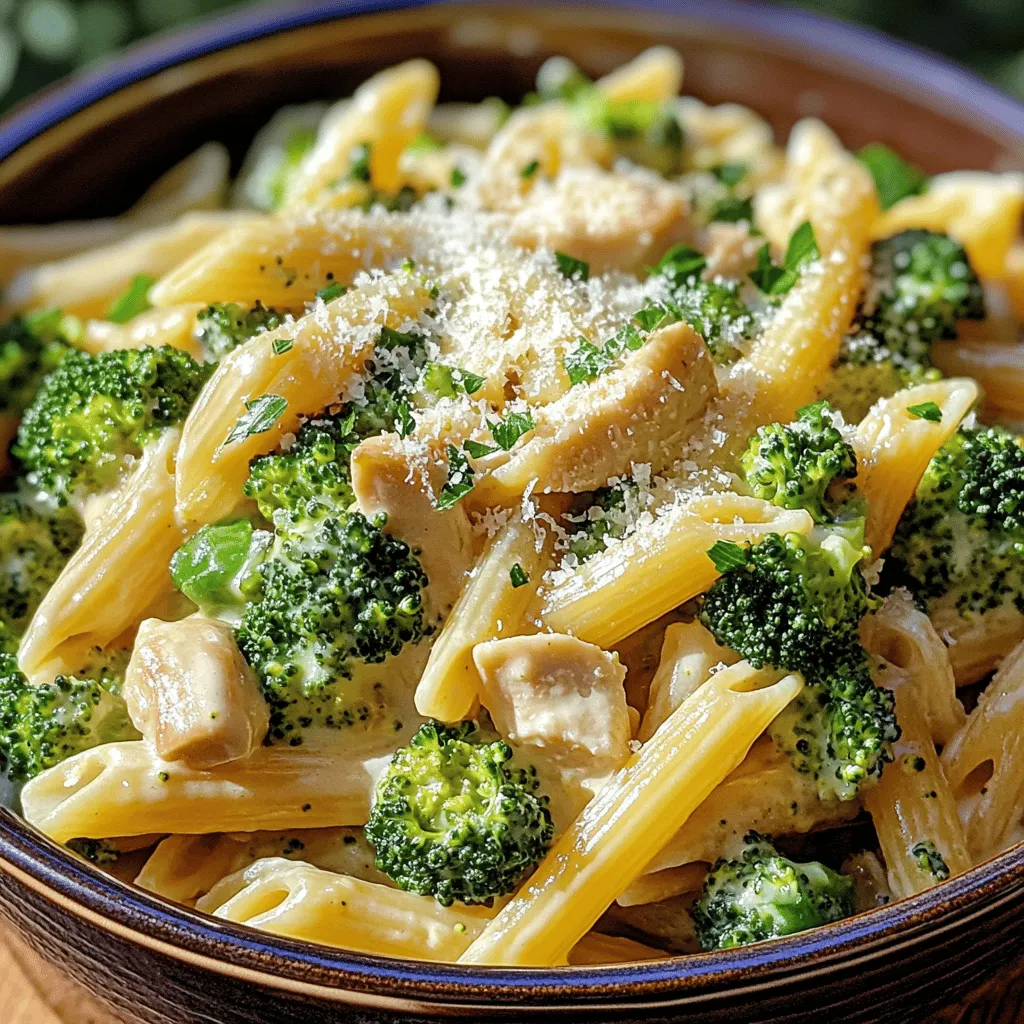 To make creamy broccoli chicken penne, gather these fresh and simple ingredients: - 8 oz penne pasta - 2 cups broccoli florets - 1 lb chicken breast, diced into bite-sized pieces - 1 cup heavy cream - 1 cup chicken broth - 1 cup grated Parmesan cheese - 2 cloves garlic, finely minced - 1 tablespoon olive oil - Salt and black pepper to taste - 1 teaspoon Italian seasoning - Red pepper flakes (optional) - Fresh parsley, finely chopped (for garnish) These ingredients come together to create a warm and comforting dish. The penne pasta serves as a great base. It holds onto the creamy sauce and pairs well with chicken and broccoli. The chicken adds protein, while the broccoli provides color and nutrition. Heavy cream makes the sauce rich and smooth. Parmesan cheese adds depth and a salty flavor. Garlic and Italian seasoning bring in the perfect taste. You can adjust the salt and pepper to your liking. If you want some heat, sprinkle in red pepper flakes. Fresh parsley on top not only looks nice, but it also brightens the dish. This list captures the essence of what you need for this delicious meal. For detailed cooking steps, check the full recipe. Start by boiling a large pot of salted water. Add 8 oz of penne pasta. Cook it until it is al dente. This means it should be firm but not hard. In the last 2-3 minutes, add 2 cups of broccoli florets to the boiling water. This helps the broccoli stay bright green and crisp. Once they are both cooked, drain the pasta and broccoli together. Set them aside for later. Next, heat a large skillet over medium heat. Add 1 tablespoon of olive oil to the skillet. Once it is hot, add 1 lb of diced chicken breast. Season the chicken with salt, black pepper, and 1 teaspoon of Italian seasoning. Cook the chicken for about 6-8 minutes. Stir it often until it turns golden and is cooked through. When done, remove the chicken from the skillet and set it aside. In the same skillet, add 2 cloves of finely minced garlic. Sauté the garlic for about 1 minute, until it smells nice. Be careful not to burn it. Pour in 1 cup of chicken broth and let it simmer gently. Allow it to reduce for about 3-4 minutes. This step makes the flavors stronger. Now, pour in 1 cup of heavy cream. Mix it well with the broth. Gradually add 1 cup of grated Parmesan cheese while stirring. Keep stirring until the cheese melts and the sauce is creamy. If you like a little spice, add a pinch of red pepper flakes. Then, return the cooked chicken to the skillet. Add the drained penne and broccoli. Toss everything together until the pasta and veggies are coated in the sauce. Taste it and add more salt, pepper, or Italian seasoning if needed. Finally, spoon the creamy broccoli chicken penne into serving bowls. To finish, sprinkle some freshly chopped parsley on top for a burst of color. This dish is ready to enjoy! If you want to see the full recipe and details, check out the [Full Recipe]. To make a rich sauce, start with fresh garlic. It adds great flavor. Sauté it until fragrant but not burnt. Then, add chicken broth and let it simmer. This step helps to enhance the taste. Pour in the heavy cream slowly. Stir as you add the Parmesan cheese. This ensures a smooth and creamy texture. If you want a spicy kick, add red pepper flakes. Taste your sauce before mixing everything in. Adjust seasoning to your liking for the best flavor. Cooking chicken properly is key for safety and taste. Dice your chicken into small, even pieces. This helps them cook evenly. Use medium heat in your skillet for the best results. Cook the chicken until it’s golden and no pink remains. It usually takes around 6-8 minutes. Always check the internal temperature. It should reach 165°F to be safe. This step guarantees a juicy and flavorful chicken in your dish. For this recipe, penne is perfect. Its shape holds the sauce well. You can also try rotini or farfalle if you like. Just make sure to cook pasta al dente. This means it should be firm but not hard. Follow the package instructions for the right cooking time. Remember to add broccoli in the last few minutes of cooking. This keeps it bright and crisp. Combining pasta and broccoli adds color and nutrition to your meal. Check the [Full Recipe](#) for complete guidance. {{image_4}} You can switch up the recipe by adding other veggies. Carrots, peas, or bell peppers work well. Just remember to cook them until tender. This adds color and nutrition. You can make it more colorful and fun by using a mix of veggies. Try adding spinach, zucchini, or asparagus for a fresh twist. If you want to change the protein, you can use shrimp or tofu. Shrimp cooks fast and adds a nice flavor. Tofu is a great choice for a vegetarian meal. Just make sure to cube it and sauté it until it’s golden. This lets you enjoy the dish while keeping it exciting. Even leftover rotisserie chicken can work in a pinch! To change the creaminess, you can use less heavy cream and add more broth. For a lighter dish, try half-and-half or milk. If you want a bolder taste, add more garlic or fresh herbs. Basil or thyme can bring a new flavor profile. A squeeze of lemon juice can also brighten the dish. Feel free to experiment with spices and herbs based on your taste! You can find the Full Recipe [here](#). You can store leftover creamy broccoli chicken penne in the fridge. Place it in an airtight container. It stays fresh for about three days. Make sure it cools before sealing. This helps keep the flavor intact. If you want to save some for later, freezing works well. Use a freezer-safe container to avoid freezer burn. You can freeze it for up to three months. Just remember to label the container with the date. Thaw it in the fridge overnight before reheating. To reheat, you can use the microwave or stove. If using the microwave, heat in short bursts. Stir in between to warm evenly. On the stovetop, add a splash of chicken broth. This keeps it creamy and prevents drying out. Enjoy your delicious meal again! Yes, you can use whole wheat penne in this dish. Whole wheat pasta adds more fiber and has a nutty flavor. Just remember to adjust the cooking time. Whole wheat penne may take a minute or two longer to cook. Check for doneness by tasting it. You can substitute heavy cream with half-and-half or full-fat coconut milk. If you want a lighter option, try using Greek yogurt or a blend of milk and flour. Each option changes the taste slightly, so choose what suits you best. To make this dish in a slow cooker, first, cook the chicken in a pan. After that, add the cooked chicken to the slow cooker with the other ingredients. Stir in the pasta, broccoli, and sauce. Cook on low for 4-6 hours. This way, flavors blend well. No, this recipe is not gluten-free because of the penne pasta. However, you can use gluten-free pasta instead. Many brands offer gluten-free penne made from rice or corn. Just follow the cooking instructions on the package. Yes, you can prepare it ahead of time. Cook the pasta and chicken, then mix them with the sauce. Store it in the fridge for up to two days. When ready to eat, reheat it gently on the stove. Add a splash of broth to keep it creamy. Check out the Full Recipe for more tips. This blog post shared a tasty recipe with helpful tips. We explored the ingredients and instructions for a creamy chicken and broccoli dish. You learned how to cook pasta, sauté chicken, and make a flavorful sauce. We also covered ideas for variations and storage tips. Remember, you can customize this dish to fit your taste. Enjoy your cooking and have fun experimenting with new flavors!