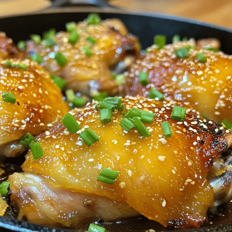 - 4 bone-in, skin-on chicken thighs - 1/4 cup honey - 1/4 cup low sodium soy sauce - 4 cloves garlic, finely minced - 1 tablespoon fresh ginger, grated - 1 tablespoon apple cider vinegar - 1 tablespoon sesame oil - Salt and black pepper to taste - 1 tablespoon cornstarch (optional, for thickening sauce) - 2 green onions, thinly sliced (for garnish) - Sesame seeds (for garnish) - Oven-safe skillet or baking dish - Mixing bowl - Whisk When I cook honey garlic chicken thighs, I keep it simple and tasty. First, gather your required ingredients. You need chicken thighs for juiciness and flavor. Honey gives a sweet touch, while soy sauce adds depth. Minced garlic and grated ginger bring a zing. Apple cider vinegar adds a nice tang, and sesame oil rounds it out. You can also use cornstarch if you want a thicker sauce. The green onions and sesame seeds are great for a pretty finish. For tools, you’ll need an oven-safe skillet or baking dish, a mixing bowl, and a whisk. These tools help you mix and cook your chicken perfectly. Now you have all your ingredients and tools. You are ready to create a dish that is sure to impress! For the full recipe, check the details I provided. - Preheat oven to 400°F (200°C). - In a bowl, mix honey, soy sauce, minced garlic, grated ginger, apple cider vinegar, and sesame oil. Whisk until smooth. This honey garlic sauce adds rich flavor. - Pat the chicken thighs dry. Season both sides with salt and pepper. - Place the thighs skin-side up in an oven-safe skillet. Pour the honey garlic sauce over the chicken. Make sure every piece is well coated. - Bake in the preheated oven for 30-35 minutes. Check that the internal temperature reaches 165°F (74°C). - For a crispy skin, broil the chicken for an extra 2-3 minutes. Watch closely to prevent burning. By following these steps, you will create mouthwatering honey garlic chicken thighs. Enjoy these as a main dish, paired with rice or veggies. For the full recipe, see above. To get the best flavor, marinate your chicken. Let it soak in the honey garlic sauce for at least 15 minutes. If you have more time, refrigerate it for up to 2 hours. This helps the chicken absorb all the flavors. For a crispy skin, pat the chicken dry before seasoning. Use a high heat when baking to get that golden look. Broiling for a few minutes at the end adds an extra crunch. You want to make sure the chicken is fully cooked. Use a meat thermometer to check the inside. The temperature should reach 165°F (74°C). This step keeps the chicken safe to eat. After baking, let the chicken rest for about 5 minutes. This allows the juices to redistribute, making it moist and tasty. If you like a thicker sauce, use cornstarch. Mix one tablespoon of cornstarch with a bit of water to make a slurry. Stir it into your honey garlic sauce before adding it to the chicken. If the sauce is too thick, you can thin it with a little water or more soy sauce. Adjust it to your liking for the perfect drizzle! {{image_4}} You can use chicken breasts instead of thighs. Chicken breasts cook faster and are leaner. If you prefer, reduce the honey for a less sweet dish. This still keeps great flavor while balancing the taste. For a slow cooker method, add the chicken and sauce to the pot. Cook on low for 6-7 hours or high for 3-4 hours. This method makes the chicken very tender and flavorful. You can also grill honey garlic chicken. Marinate the chicken, then grill over medium heat for about 6-8 minutes each side. Want to spice things up? Add chili flakes or cayenne pepper for heat. This gives a nice kick to the dish. You can also include veggies like bell peppers or broccoli. Cook them alongside the chicken, and you’ll have a colorful, tasty meal. Enjoy your cooking journey with these fun ideas! For the full recipe, check out the details above. To store leftover honey garlic chicken thighs, place them in an airtight container. This keeps the chicken fresh. I recommend refrigerating it within two hours of cooking. The sauce can also be stored separately. Just pour it into a small jar or a bowl. Make sure to seal it tight to avoid spills. You can freeze cooked chicken for later use. Let it cool completely before packing. Wrap each thigh in plastic wrap, then place them in a freezer bag. Remove as much air as possible. For thawing, place the chicken in the fridge overnight. To reheat, bake in the oven at 350°F (175°C) for about 20 minutes. In the fridge, the dish lasts about 3 to 4 days. If you freeze it, you can keep it for about 2 to 3 months. Check for signs of spoilage, like a sour smell or a change in color. If you notice these signs, it's best to discard the chicken. Enjoy your honey garlic chicken thighs fresh for the best taste! You can add chili flakes or hot sauce to the honey garlic mix. Start with a small amount. Taste the sauce, then add more heat if you like. You can also use spicy garlic sauce instead of regular garlic. This gives your dish a nice kick. Yes, you can use boneless chicken thighs. Just adjust the cooking time. Boneless thighs cook faster, so check them after 20 minutes. They should reach an internal temperature of 165°F (74°C). This makes them juicy and tender. Honey garlic chicken thighs pair well with many sides. Here are some ideas: - Steamed rice - Garlic mashed potatoes - Sautéed broccoli - Roasted carrots - Green salad These options balance the sweet and savory flavors of the chicken. The best way to check chicken is with a meat thermometer. Insert it into the thickest part of the thigh. It should read 165°F (74°C). If you don’t have a thermometer, cut into the chicken. The juices should run clear, not pink. Yes, this recipe is great for meal prep. You can cook the chicken and store it in the fridge for up to four days. Just reheat it gently in the oven or microwave. This makes it easy to enjoy a quick, tasty meal throughout the week. For the full recipe, check out the section above. This blog post shared a simple recipe for honey garlic chicken thighs. We covered the key ingredients, step-by-step cooking instructions, and tips for the best flavor. We also explored variations and smart storage tips. Enjoy making this dish as a tasty option for meals. It’s easy to customize and perfect for weeknight dinners or meal prep. Trust me, following these steps will lead to a delicious meal you and others will love.