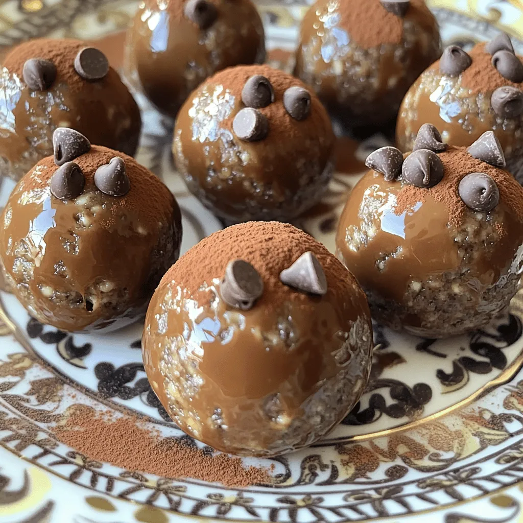 - 1 cup rolled oats - 1/2 cup natural peanut butter - 1/4 cup honey or maple syrup - 1/4 cup chocolate protein powder - 2 tablespoons cocoa powder - 1/4 cup mini chocolate chips - 1/4 teaspoon salt - 1 teaspoon vanilla extract Each ingredient in these protein balls brings something great to the table. - Rolled oats: They provide fiber and keep you full longer. - Natural peanut butter: This adds healthy fats and protein for energy. - Honey or maple syrup: These sweeteners give a natural source of energy. - Chocolate protein powder: It boosts protein, which helps build muscles. - Cocoa powder: This adds flavor and is rich in antioxidants. - Mini chocolate chips: They add a fun crunch and a touch of sweetness. - Salt: A tiny bit enhances all the flavors. - Vanilla extract: This gives a lovely aroma and flavor to the mix. If you want to change things up, there are some easy swaps. - Nut alternatives: You can use almond butter or sunflower seed butter if you have nut allergies. - Sweeter types: Instead of honey, try agave syrup or date syrup for a different taste. - Protein powder: Feel free to use vanilla or unflavored protein powder instead of chocolate. - Chocolate chips: You can choose dark chocolate for a richer flavor or omit them for less sugar. These easy adjustments can help you make these protein balls fit your taste and needs! Making Chocolate Peanut Butter Protein Balls is quick and fun. You need just a few bowls and simple tools. The best part? You can have a tasty snack ready in under 40 minutes. Gather your ingredients and let’s get started! 1. Mix dry ingredients: In a large bowl, add the rolled oats, chocolate protein powder, cocoa powder, and salt. Use a whisk or spoon to blend them well. This step gets all the flavors ready. 2. Prepare wet mixture: In another bowl, combine the natural peanut butter, honey (or maple syrup), and vanilla extract. Stir until it is smooth and creamy. This mix adds sweetness and richness. 3. Combine wet and dry: Gradually pour the wet mix into the dry mix. Use a spatula or your hands to combine everything. Don't be shy to knead with your hands! This helps everything stick together. 4. Add chocolate chips: Gently fold in the mini chocolate chips. Make sure they are evenly spread. This adds fun bites of chocolate in each ball! 5. Shape the balls: Use a tablespoon to scoop out portions. Roll them between your palms into balls about 1-inch wide. 6. Chill them: Place the balls on a parchment-lined baking sheet. Make sure they have space. Refrigerate for at least 30 minutes. This helps them firm up. 7. Store properly: After chilling, transfer the protein balls to an airtight container. They can last a week in the fridge for quick snacks! Mixing the ingredients well is key for great flavor. First, blend the dry ingredients to avoid clumps. Then, stir the wet ingredients until smooth. When combining, use your hands for better integration. This ensures every bite is balanced with chocolate and peanut butter goodness. Proper mixing leads to a better texture and taste! To make perfect chocolate peanut butter protein balls, use your hands. Start by scooping a tablespoon of the mixture. Roll it in your palms to form a smooth ball. Aim for about one inch in diameter. If the mix sticks to your hands, dampen them slightly with water. This helps to keep things tidy. Place the rolled balls on a parchment-lined baking sheet. Keep them spaced out to avoid sticking. Consistency matters for these protein balls. If your mixture is too dry, add more peanut butter or honey. If it’s too wet, sprinkle in a bit more oats or protein powder. The right mix should be sticky but manageable. You should be able to roll it into balls without it falling apart. When mixing, use your hands for better incorporation. This ensures all ingredients blend well together. You can get creative with flavors! Try adding a pinch of cinnamon or nutmeg for warmth. A drop of almond extract can give a nice twist, too. If you like a bit of crunch, toss in some chopped nuts or seeds. You can even mix in dried fruits for extra sweetness. These little tweaks can elevate your protein balls and make them uniquely yours. For the full recipe, check the earlier section. {{image_4}} You can easily make these protein balls vegan. Just swap honey with maple syrup. Use a plant-based protein powder, too. All other ingredients can fit your vegan diet. This simple change keeps the taste rich and enjoyable. To make gluten-free protein balls, choose certified gluten-free oats. You can also use almond or coconut flour instead of rolled oats. These options add flavor and keep your snack safe for gluten-free diets. Get creative with mix-ins! Add chopped dried fruits like cranberries or apricots for a sweet touch. Try seeds like chia or flax for added crunch and nutrition. You can also use shredded coconut or nuts for unique flavors. This personal touch makes each bite special. For the complete recipe, check out the Full Recipe section above. To keep your protein balls fresh, use an airtight container. This prevents air from making them dry. You can also layer parchment paper between the balls. This stops them from sticking together. Store them in a cool, dry place. If you have space, the fridge is best. When stored in the fridge, these protein balls last about one week. To enjoy them at their best, consume them within this time. If you notice any change in smell or texture, it's best to toss them. Always check for freshness before snacking. If you want to save some for later, freezing works well. Roll them into balls and place them on a baking sheet. Freeze until solid, then transfer to a freezer bag. This way, you can grab a few at a time. When you're ready to eat, thaw overnight in the fridge. Enjoy them cold or let them sit at room temperature for a bit. These protein balls last about one week in the fridge. Store them in an airtight container. This keeps them fresh and tasty. If you want them to last longer, you can freeze them. They freeze well for up to three months. Just thaw them in the fridge before snacking. Yes, you can use different types of protein powder. Whey, casein, or plant-based powders all work great. Just make sure the flavor matches your taste. For example, vanilla protein powder can add a nice twist. If you choose a flavored powder, adjust other sweeteners to keep it balanced. You can enjoy these protein balls in many ways. They make a great snack before or after workouts. Pair them with fruit for a balanced treat. You can also add them to your lunchbox for a quick energy boost. They are perfect for busy days or as a tasty dessert. Yes, these protein balls are great for kids! They are easy to make and fun to eat. Kids love the chocolate flavor and the sweet taste. You can involve them in the mixing process, too. Just keep an eye on the portion size. They can be a smart snack for after school or sports. You can make delicious Chocolate Peanut Butter Protein Balls using simple ingredients. Each ingredient brings unique health benefits. Follow the step-by-step guide for the best results, and mix properly to get the right texture. Remember to roll them well for a perfect shape. Feel free to try different variations, like vegan or gluten-free options. Store them right to enjoy longer. By using your creativity, these snacks can be fun and healthy treats for everyone, including kids. Enjoy making and sharing your protein balls!