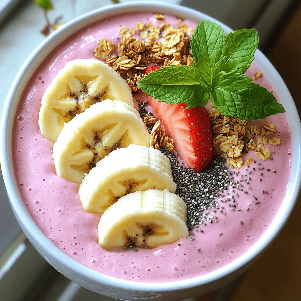 - 1 cup frozen strawberries - 1 ripe banana (plus extra for topping) - 1/2 cup Greek yogurt - 1/2 cup almond milk - 1 tablespoon honey (or maple syrup) - 1/4 teaspoon pure vanilla extract - 1/4 cup granola - 1 tablespoon chia seeds - Fresh mint leaves for garnish You can swap Greek yogurt with any dairy-free yogurt. Almond milk is just one option. You might try coconut, oat, or soy milk instead. Each choice brings a unique flavor. You can also replace honey with agave syrup for a vegan option. To start, gather your ingredients. For the smoothie bowl, you need: - 1 cup frozen strawberries - 1 ripe banana, sliced (reserve an extra banana for topping) - 1/2 cup Greek yogurt (or dairy-free alternative) - 1/2 cup almond milk (or your preferred milk) - 1 tablespoon honey (or maple syrup for a vegan option) - 1/4 teaspoon pure vanilla extract Now, add the frozen strawberries, sliced banana, Greek yogurt, almond milk, honey, and vanilla to your blender. Blend on high speed until smooth. If the mix is too thick, add more almond milk until you reach your desired texture. You want it creamy but not too runny. Once blended, pour the smoothie into a bowl. Use a spatula to get every last drop. Next, take your reserved banana and slice it into rounds. Arrange the slices on top of the smoothie to make it look fancy. You can create a fun pattern or just place them in a circle. Now, sprinkle granola and chia seeds over the banana slices. This adds a nice crunch and some extra nutrition to your bowl. For garnishing, add fresh mint leaves on top. They not only look great but also give a nice flavor boost. Serve your smoothie bowl right away to enjoy it at its best. The colors and textures will make it a treat for both your eyes and your taste buds! To get the smoothest blend, always start with frozen strawberries. They create a creamy base. Cut your banana into pieces to help it blend well. Use a high-speed blender for the best results. If you find your mix too thick, add almond milk slowly. This keeps your smoothie bowl silky and smooth. Toppings can really boost the taste. Granola adds crunch and texture. Fresh fruits like sliced bananas or berries add a burst of flavor. To balance sweetness, taste your mix before serving. If it’s too sweet, a tiny pinch of salt can help. This makes the flavors pop! Choose a bright bowl to make your smoothie bowl look fun. The color can make your dish stand out. For a pretty finish, drizzle honey or syrup on top before serving. This adds shine and sweetness. You can also arrange mint leaves around the bowl for a fresh look. Remember, we eat with our eyes first! For a full recipe, check out the Strawberry Banana Bliss Smoothie Bowl. {{image_4}} You can easily change the taste of your smoothie bowl. Try adding other fruits like blueberries, mangoes, or peaches. Each fruit brings its unique flavor. You can also add greens like spinach or kale. These greens boost nutrition without changing the taste much. They blend in well and add vitamins. If you follow a vegan diet, substitute Greek yogurt with a plant-based yogurt. Use maple syrup instead of honey. For nut allergies, you can switch almond milk with oat or soy milk. These options keep your smoothie bowl tasty and safe for everyone. A smoothie bowl is thicker than a regular smoothie. It has a creamy texture that you can eat with a spoon. You can load it with toppings, making it fun to eat. Choose a bowl when you want a meal or snack that feels more special. Smoothies are great for drinks on the go. To store leftover smoothie mixture, you need an airtight container. Glass jars or plastic containers work well. Keep the container in the fridge. It stays fresh for up to two days. When you're ready to enjoy it again, stir it well. This helps mix the ingredients that may have settled. Yes, you can freeze the smoothie bowl! Pour the leftover mixture into a freezer-safe container. Make sure to leave some space at the top. The mixture expands when it freezes. For banana slices, freeze them separately. Lay them flat on a baking sheet and freeze until solid. Then, transfer them to a bag. This keeps them fresh for later use. Thaw your smoothie bowl in the fridge overnight. For a quick thaw, leave it at room temperature for 30 minutes. Avoid using a microwave as it can change the texture. If the bowl seems too thick after thawing, blend in a little almond milk. This keeps the flavor and texture just right. Enjoy your Strawberry Banana Smoothie Bowl any time! To make a strawberry banana smoothie bowl, follow these simple steps: 1. Gather your ingredients: frozen strawberries, a ripe banana, Greek yogurt, almond milk, honey, and vanilla extract. 2. Add all the ingredients to your blender. 3. Blend until creamy and smooth. You can add more almond milk if it's too thick. 4. Pour the mixture into a bowl. 5. Slice an extra banana and place it on top. 6. Add granola and chia seeds for a crunch. 7. Garnish with fresh mint leaves for a pop of color. Common mistakes to avoid: - Don't skip the frozen strawberries; they give the best texture. - Over-blending can make it too runny, so blend just until smooth. Yes, you can use fresh strawberries. However, using fresh will change the texture. Frozen strawberries make the smoothie bowl thicker and colder. Fresh strawberries will give a lighter flavor and a thinner texture. If you prefer a creamy bowl, add ice to balance the change. A smoothie bowl can be healthier than a regular smoothie. This depends on the toppings you add. Smoothie bowls often use toppings like fruits and nuts, which add fiber and nutrients. A regular smoothie may lack these added benefits. The toppings can also help you feel full longer, which is great for staying satisfied through the day. This blog showed you how to make a tasty strawberry banana smoothie bowl. We covered key ingredients, step-by-step instructions, and tips for the perfect texture and flavor. You can even explore fun variations and know how to store leftovers. Remember, a smoothie bowl is not just a drink; it’s a meal! Enjoy creating your version with fresh fruits and toppings. Your smoothie bowl can be healthy, tasty, and beautiful!