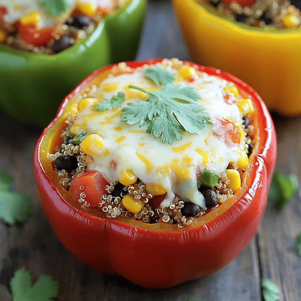 To make delicious stuffed bell peppers with quinoa, gather these ingredients: - 4 large bell peppers (any color of your choice) - 1 cup quinoa, thoroughly rinsed - 2 cups vegetable broth - 1 can (15 oz) black beans, well-drained and rinsed - 1 cup corn (use frozen or canned) - 1 cup diced tomatoes (canned or freshly diced) - 1 teaspoon ground cumin - 1 teaspoon smoked paprika - 1/2 teaspoon garlic powder - 1/2 teaspoon onion powder - Salt and fresh ground pepper to taste - 1 cup shredded cheese (either cheddar or mozzarella works well) - Fresh cilantro or parsley, chopped, for garnish (optional) You can easily customize your stuffed peppers. Here are some options: - Add diced bell peppers or onions to the filling. - Include cooked ground meat for extra protein. - Use different types of beans, like kidney or pinto. - Mix in some cooked spinach or kale for added nutrients. - Top with avocado slices for creaminess. Each ingredient in this recipe brings unique health benefits: - Bell Peppers: Packed with vitamins A and C, great for the immune system. - Quinoa: A complete protein that helps build and repair tissues. - Black Beans: High in fiber, they support digestion and keep you full. - Corn: Provides carbohydrates for energy and contains antioxidants. - Diced Tomatoes: Rich in lycopene, they promote heart health. - Cumin and Paprika: Add flavor while offering anti-inflammatory benefits. - Cheese: Adds calcium for strong bones but can be optional for vegan diets. - Cilantro or Parsley: Fresh herbs that aid digestion and add vibrant flavor. These ingredients not only taste good but also nourish your body. For the full recipe, follow my guide on making these beautiful stuffed bell peppers. To start, gather all your ingredients. You will need bell peppers, quinoa, beans, corn, and spices. This recipe is simple and fun. You can involve kids for extra help. 1. Preheat the Oven: Set your oven to 375°F (190°C). This ensures the peppers bake evenly. 2. Prepare the Bell Peppers: Cut the tops off the peppers and remove the seeds. Stand them in a baking dish. This keeps them stable. 3. Cook the Quinoa: In a saucepan, mix rinsed quinoa and vegetable broth. Bring it to a boil, then lower the heat. Cover and let it cook for 15 minutes. The quinoa should be fluffy. 4. Mix the Filling: In a large bowl, combine cooked quinoa, black beans, corn, tomatoes, and spices. Add salt and pepper as desired. Stir well to mix all flavors. 5. Stuff the Peppers: Fill each pepper with the quinoa mixture. Press down gently to pack it in. This helps every bite burst with flavor. 6. Add Cheese: Top each filled pepper with shredded cheese. This adds a delicious crust when baked. 7. Prepare for Baking: Pour 1/4 cup of water into the dish for steam. Cover tightly with foil to keep moisture. 8. Bake: Place the dish in the oven. Bake for 25-30 minutes. Remove the foil and bake for 10 more minutes. The peppers should be tender and cheese bubbly. 9. Finishing Touch: After baking, let the peppers cool for a few minutes. Garnish with fresh cilantro or parsley for color. - Rinse the quinoa before cooking. This removes bitterness. - Use vegetable broth for better flavor. - Avoid cooking on high heat. This can make quinoa mushy. - Let it sit covered after cooking. This helps it fluff up. For the full recipe, visit the link provided earlier. Enjoy your savory stuffed bell peppers! When making stuffed bell peppers, avoid these common mistakes: - Underseasoning: Always taste your filling and adjust the salt and pepper. - Overcooking quinoa: Keep an eye on the quinoa while it cooks to prevent mushiness. - Not packing the filling: Fill the peppers firmly so every bite is tasty. - Skipping the steam: Adding water to the baking dish helps the peppers cook evenly. To make this recipe easier, gather these tools: - A sharp knife for slicing the peppers - A medium saucepan for cooking quinoa - A large mixing bowl for combining ingredients - A baking dish to hold the stuffed peppers - Aluminum foil to cover the dish while baking For the best flavors and textures, use these techniques: - Rinse quinoa: This removes the bitter coating, giving a better taste. - Mix filling well: Combine all ingredients thoroughly for even flavor distribution. - Bake covered first: This keeps the peppers moist before browning the cheese. - Let rest before serving: Allow the peppers to cool slightly for better handling and flavor. These tips and tricks will help you create perfect stuffed bell peppers every time. Follow the Full Recipe for a delightful meal! {{image_4}} You can easily make these stuffed peppers vegetarian or vegan. Simply skip the cheese or use a plant-based cheese alternative. You can also add more veggies. Try spinach, zucchini, or mushrooms for extra flavor and nutrients. These swaps keep the dish tasty and satisfying while sticking to your dietary needs. Quinoa is great, but feel free to experiment with other grains. Brown rice, farro, or barley also work well. Each grain adds a unique texture. For a protein boost, consider adding lentils or chickpeas. You can even mix in cooked sausage or ground meat if you prefer. This flexibility lets you customize flavors while enjoying stuffed peppers. Want to spice things up? Add chopped jalapeños or red pepper flakes to the filling. This adds heat and excitement. If you prefer milder flavors, keep the spices light. Use smoked paprika and cumin for flavor without too much heat. Adjust the seasoning to match your taste. Cooking should be fun, so make it yours! For the complete recipe, check the Full Recipe. To keep your stuffed peppers fresh, let them cool first. Place them in an airtight container. Store in the fridge for up to three days. If you want to eat them later, this method helps maintain their flavor and texture. Freezing is a great way to save stuffed peppers. Wrap each pepper tightly in plastic wrap. Then, place them in a freezer-safe bag. They can last for up to three months in the freezer. When you are ready to enjoy, just thaw them overnight in the fridge. Reheating is easy! Preheat your oven to 350°F (175°C). Place the stuffed peppers in a baking dish. Add a splash of water to keep them moist. Cover the dish with foil and heat for about 20 minutes. If you prefer, you can also use the microwave for a quicker option. Heat them for about 2-3 minutes, checking to ensure they are warm throughout. For complete details on making these delicious stuffed peppers, check the Full Recipe. Yes, you can make stuffed peppers ahead of time. Prepare the filling and stuff the peppers. Cover them and store in the fridge for up to 24 hours. When ready to eat, bake them as directed. This saves time and makes meal prep easier. If you want to replace quinoa, try brown rice, couscous, or farro. Each grain adds a unique taste and texture. Make sure to adjust cooking times as needed. You can also use lentils for a protein boost and a different flavor. Stuffed bell peppers are a healthy meal choice. They are full of vegetables and provide fiber. Quinoa adds protein, making them filling and nutritious. You can also customize the filling to include your favorite veggies or proteins for added health benefits. Stuffed peppers can last in the fridge for 3 to 5 days. Store them in an airtight container to keep them fresh. Always check for any signs of spoilage before eating. If you want to keep them longer, consider freezing them after cooking. For the full recipe, check out the detailed steps to make these delicious stuffed bell peppers. You’ve learned about the key ingredients for stuffed peppers and their benefits. We covered the step-by-step cooking method and shared essential tips to avoid mistakes. Different variations let you customize the dish to your taste, and we discussed storage options to keep your peppers fresh. Stuffed peppers are healthy and versatile, making them a great choice. Enjoy creating your own version, and remember, cooking should be fun!