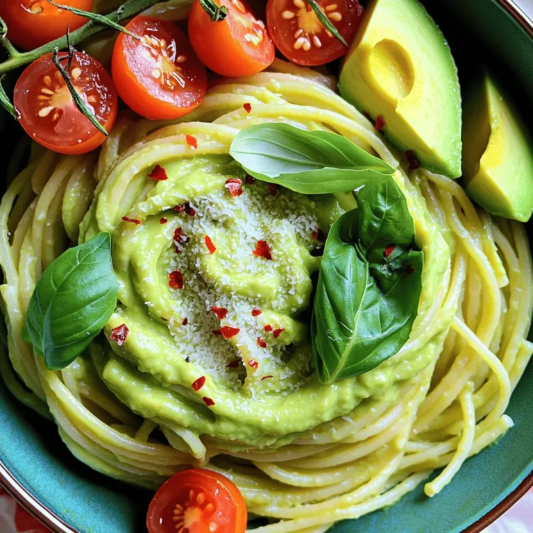 - 2 ripe avocados, pitted and peeled - 2 cups of cooked pasta (spaghetti or linguine recommended) - 2 tablespoons extra-virgin olive oil - 2 tablespoons freshly squeezed lemon juice - 2 garlic cloves, finely minced - 1/4 cup fresh basil leaves, plus extra for garnish - Salt and freshly cracked pepper to taste - 1/4 teaspoon red pepper flakes (optional, for a spicy kick) - Grated Parmesan cheese, for garnish (optional) To make creamy avocado pasta, gather these ingredients first. Ripe avocados give the dish its creamy texture. Cooked pasta, like spaghetti or linguine, forms the base. Extra-virgin olive oil adds healthy fats and flavor. Next, for flavor, use fresh lemon juice, minced garlic, and basil. These enhance the richness of the avocados. Lastly, season with salt, pepper, and optional red pepper flakes for heat. A sprinkle of Parmesan cheese adds a nice touch, too. Using this list, you can create a delightful meal. For the full recipe, check the Full Recipe section. To cook pasta to al dente, first, fill a large pot with water. Add a good amount of salt. This helps the pasta taste better. Bring the water to a boil over high heat. Once boiling, add your pasta. Cook according to the package directions. Usually, this takes about 8 to 10 minutes. Test the pasta a minute or two before the time is up. It should be firm but not hard. After cooking, drain the pasta in a colander. Make sure to keep about 1/2 cup of the pasta water. This reserved water helps to thin the sauce later if needed. Set your drained pasta aside to cool slightly. To make a creamy avocado sauce, start with ripe avocados. Look for ones that yield slightly when pressed. Slice them in half, remove the pit, and scoop the flesh into a blender or food processor. Add 2 tablespoons of olive oil, 2 tablespoons of lemon juice, and 2 finely minced garlic cloves. Toss in 1/4 cup of fresh basil leaves, too. Blend everything on high speed until the mixture is smooth and creamy. If the sauce is too thick, slowly add the reserved pasta water. Blend again until you reach your desired texture. This creamy sauce is key to making your pasta delicious. To combine the pasta and sauce, take a large mixing bowl. Add your warm pasta and pour the avocado sauce over it. Gently toss the pasta with the sauce. Make sure each strand is coated well. This is where the magic happens! Next, taste your dish. Add salt, freshly cracked pepper, and red pepper flakes if you like some heat. For serving, plate the creamy avocado pasta immediately. A great presentation tip is to serve it in a large bowl. Drizzle with a bit of olive oil and garnish with extra basil leaves or grated Parmesan cheese. For a splash of color, you can add cherry tomatoes or slices of fresh avocado. Enjoy your meal! For the complete recipe and more details, check the Full Recipe. To get the best creamy texture in your avocado sauce, start with ripe avocados. You want them soft but not brown. If your sauce is too thick, don’t worry. Add a little of the reserved pasta water. Blend it in slowly until it's smooth. You can also add a splash of olive oil for extra creaminess. Spices can elevate your dish. Add a pinch of salt and freshly cracked pepper. If you like heat, toss in some red pepper flakes. This small change can make your sauce pop with flavor. You can store any leftover avocado sauce in the fridge. Put it in an airtight container to keep it fresh. If you want to make it ahead of time, squeeze some lemon juice on top. This helps prevent browning. When you’re ready to eat, reheat the sauce gently. Use low heat so it doesn't cook too much. If it thickens, add a little pasta water to bring it back to life. For the best pasta, I suggest using spaghetti or linguine. They hold the creamy sauce well. You can also try whole wheat or gluten-free pasta for a healthier option. To add variety, serve the pasta with colorful toppings. Try cherry tomatoes or fresh spinach. You can also sprinkle extra basil or Parmesan cheese on top. This adds a nice finish to your creamy avocado pasta. If you want the full recipe, check out the [Full Recipe]. {{image_4}} You can easily make this creamy avocado pasta vegan and gluten-free. To keep it vegan, skip the Parmesan cheese. Opt for nutritional yeast for a cheesy flavor. Use gluten-free pasta to keep it light and safe for gluten-free diets. Many brands offer great gluten-free options that cook well and taste great. For dairy substitutes, consider using cashew cream or coconut cream. They add richness without dairy. These options keep your pasta creamy while also being kind to your gut. Want to add some protein? Chicken or shrimp work well here. Grilled chicken adds a nice touch, while shrimp brings a coastal vibe. Cook them in olive oil with a pinch of salt and pepper. Toss them in with your pasta for a hearty meal. You can also mix in other vegetables. Spinach, cherry tomatoes, or roasted bell peppers add color and nutrients. Just sauté them lightly before mixing them into your pasta. For a twist, try adding alternative herbs and spices. Fresh cilantro or parsley can change the flavor profile. A pinch of cumin or smoked paprika adds depth. These small changes can make your dish exciting. When it comes to cheese, experiment with different types. Feta or goat cheese can elevate the taste. Just crumble it on top before serving. Each cheese brings its own unique flavor, making your dish even more delightful. For the full recipe, check out the Creamy Avocado Pasta Delight 🥑. To keep your creamy avocado pasta fresh, store leftovers in the fridge. Place any unused pasta in an airtight container. This helps prevent the sauce from turning brown. For freezing, it's best to freeze the avocado sauce separately. Use an ice cube tray or a freezer-safe bag. This way, you can thaw just what you need later. When stored properly, creamy avocado pasta lasts about 3 days in the fridge. If you freeze the sauce, it can stay good for up to 3 months. Check for spoilage by looking for changes in color or smell. If the sauce smells sour or looks brown, it's time to toss it. You can get creative with leftover creamy avocado pasta. Try mixing it into a salad or using it as a dip for veggies. Some great side dishes to pair with leftovers include garlic bread or a fresh garden salad. These sides add crunch and freshness to your meal. For the full recipe, check back to see how to make this dish from scratch! Yes, you can use frozen avocados. They save time and are often ripe. Just thaw them before blending. However, frozen avocados may have a different texture. They might be a bit mushy. This change can affect the creaminess of the sauce. If you do use them, blend well to make it smooth. If you have an avocado allergy, try these options: - Silken tofu: This gives a creamy texture. - Cashews: Soak them first, then blend until smooth. - Greek yogurt: It adds creaminess and a slight tang. - Hummus: A great option for a different flavor. These ingredients can work well in pasta and keep it creamy. To make avocado pasta in advance, follow these tips: - Make the sauce ahead: Blend the avocado mix and store it in the fridge. Use lemon juice to help keep it green. - Cook the pasta: You can cook the pasta and keep it separate. Just add a little oil to prevent sticking. - Combine when ready: Mix the sauce and pasta right before serving. This keeps the dish fresh and tasty. These steps help with meal prep and save time on busy days. This blog post covered how to make a creamy avocado pasta dish. We explored main ingredients, flavor enhancers, and how to combine everything. I shared tips on achieving the best texture, storing leftovers, and variations for different diets. With these steps, you can enjoy a delicious meal packed with flavor. Feel free to experiment with your own twists to make it unique. Happy cooking!