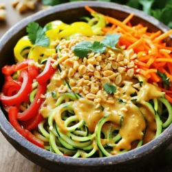 - 2 large zucchinis, spiralized - 1 cup fresh bean sprouts - 1 bell pepper, thinly sliced (for vibrant color, use a mix of red and yellow) - 1 medium carrot, julienned - 3 green onions, chopped (separate the white and green parts for layering flavors) - 1/2 cup unsalted peanuts, crushed for garnish - 2 tablespoons smooth peanut butter - 3 tablespoons low-sodium soy sauce - 1 tablespoon fish sauce (or substitute with coconut aminos for a vegan option) - Juice of 1 lime - 2 cloves garlic, minced - 1 tablespoon fresh ginger, minced - 1 tablespoon sesame oil for cooking - Red pepper flakes, to taste (optional for a spicy kick) - Fresh cilantro leaves for garnish (optional) Zucchini noodles are a great choice for health. They are low in calories and high in nutrients. Zucchini is rich in vitamins A and C. These vitamins boost your immune system. Zucchini also has antioxidants, which help fight cell damage. Plus, it has fiber that aids in digestion. This makes zucchini noodles a great option for weight loss. They keep you full without adding many calories. You can enjoy a delicious meal while still staying healthy. When you shop for vegetables, look for firm zucchinis. They should feel heavy for their size. The skin must be shiny and free from blemishes. Choose bright and colorful bell peppers. A mix of red and yellow adds fun to your dish. For carrots, select ones that are crisp and smooth. When picking green onions, look for fresh green tops. The white part should be firm. Fresh vegetables make your dish taste better and look great. Always try to buy local and seasonal for the best flavors. To start, you need to spiralize the zucchinis. Use a spiralizer or a julienne peeler. This step creates long, noodle-like strands. After spiralizing, place the noodles in a colander. Sprinkle a pinch of salt over them. Let them sit for about 10 minutes. This resting time helps draw out the excess moisture. After that, gently pat the noodles dry with paper towels. This helps keep your dish from becoming watery. Next, grab a large skillet or wok. Heat the sesame oil over medium heat until hot. Add the minced garlic and ginger right away. Sauté them for about 1 minute. Stir constantly until they become fragrant and golden. This step builds the base of your flavor. Now, add the sliced bell pepper, julienned carrot, and white parts of the green onions. Sauté this mix for 3 to 4 minutes. You want the veggies to soften slightly but stay bright and colorful. In a separate small bowl, whisk together the following ingredients until smooth: - 2 tablespoons smooth peanut butter - 3 tablespoons low-sodium soy sauce - 1 tablespoon fish sauce (or coconut aminos) - Juice of 1 lime Once your sauce is ready, pour it over the cooked veggies in the skillet. Make sure every ingredient gets coated. This ensures balanced flavor in every bite. Now, fold in the fresh bean sprouts. Cook for an additional 1 to 2 minutes. You want them heated through but still crunchy. This adds extra texture to the dish. Now you’re ready to plate your Zucchini Noodle Pad Thai! To get the best texture, start with fresh zucchini. Spiralize them and sprinkle salt over the noodles. Let them sit for about 10 minutes. This helps draw out extra water. After that, pat them dry with paper towels. This step keeps your dish from being watery. Cook them quickly in a hot pan. You want them warm and slightly firm, not mushy. For a tasty finish, add crushed peanuts on top. They give a nice crunch. Chopped green onions add color and flavor. Fresh cilantro brings a bright taste. If you like spice, sprinkle red pepper flakes for heat. A lime wedge on the side lets you add a tangy touch. Each garnish enhances the look and flavor of your dish. One mistake is overcooking the zucchini noodles. They should be firm and chewy. Another is not salting the noodles before cooking. This step helps keep them from getting soggy. Lastly, don't skip the resting time. It makes a big difference in texture. Following these tips will help you make a great Zucchini Noodle Pad Thai. For the complete recipe, check out the Full Recipe section. {{image_4}} You can easily make Zucchini Noodle Pad Thai vegan and gluten-free. Start by using coconut aminos instead of fish sauce. This swap keeps the dish tasty and vegan-friendly. Ensure your soy sauce is labeled gluten-free. You can add tofu to boost protein and texture. Use firm tofu for the best results. Just press it to remove excess water, then cube and pan-fry it until golden. Adding protein makes this dish even more filling. You can choose from tofu, chicken, or shrimp. For chicken, slice it thinly and cook it in the skillet before adding the veggies. Shrimp cooks quickly, too; add it just after the garlic and ginger. Add any protein you like, but make sure it’s cooked through for safety. If you enjoy heat, add red pepper flakes to the dish. Start with a pinch and taste as you go. You can also add sriracha or chili paste for more spice. For a sweeter flavor, mix in a bit of brown sugar or maple syrup. You can customize the sauce to fit your taste. Feel free to experiment with fresh herbs like basil or mint for a fresh twist. For the full recipe, be sure to check the complete guide above! Store leftover Zucchini Noodle Pad Thai in an airtight container. Make sure to cool it to room temperature first. Refrigerate it for up to three days. This helps keep the flavors fresh and your meal safe to eat. If you notice extra moisture, drain it before storing. To reheat, place the Pad Thai in a skillet over medium heat. Add a splash of water or soy sauce to keep it from drying out. Stir gently for about five minutes until heated through. This method keeps the zucchini noodles from becoming mushy. You can also use a microwave if you prefer. Heat in 30-second intervals, stirring in between until warm. You can freeze Zucchini Noodle Pad Thai for longer storage. First, let it cool completely. Then, portion it into freezer-safe bags or containers. Remove as much air as possible to prevent freezer burn. It can last for up to two months in the freezer. When you are ready to eat, thaw it overnight in the fridge. Reheat it on the stove or in the microwave. For a delicious meal, try the full recipe again! The best way to spiralize zucchini is by using a spiralizer. A spiralizer is a handy tool that makes perfect veggie noodles. If you don't have one, a julienne peeler works well too. Start by washing the zucchini. Cut off both ends and secure it in the spiralizer. Turn the handle to create long, noodle-like strands. After spiralizing, place the noodles in a colander, sprinkle salt, and let them sit for about ten minutes. This step helps remove excess water and keeps your dish from getting soggy. Yes, you can use other types of noodles. Traditional rice noodles work well in Pad Thai. You can also try whole grain or gluten-free noodles. Each option will change the dish's texture and taste. If you want to stay healthy, stick with whole foods like zucchini or other veggies. They add nutrients and keep the meal light. Zucchini noodles have a mild taste, which lets other flavors shine. They are softer than traditional noodles but still offer a nice bite. When cooked, they keep a slight crunch, adding freshness to your Pad Thai. Traditional noodles are chewier and heartier. Zucchini noodles provide a lighter, healthier meal without losing flavor. You’ll enjoy a delicious dish with fewer carbs, making it a great choice for anyone watching their diet. Check out the Full Recipe for a tasty experience! Zucchini noodles offer a tasty, healthy twist to your meals. We explored how to make them from fresh ingredients, prepared a flavorful sauce, and shared tips to avoid common mistakes. You can easily customize this dish with proteins and spices to suit your taste. Lastly, I provided storage tips for leftovers. Enjoy creating your zucchini noodle pad Thai, stay creative, and share your dishes with friends!