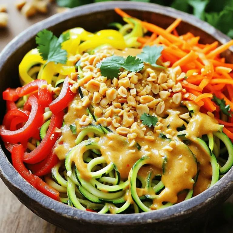 - 2 large zucchinis, spiralized - 1 cup fresh bean sprouts - 1 bell pepper, thinly sliced (for vibrant color, use a mix of red and yellow) - 1 medium carrot, julienned - 3 green onions, chopped (separate the white and green parts for layering flavors) - 1/2 cup unsalted peanuts, crushed for garnish - 2 tablespoons smooth peanut butter - 3 tablespoons low-sodium soy sauce - 1 tablespoon fish sauce (or substitute with coconut aminos for a vegan option) - Juice of 1 lime - 2 cloves garlic, minced - 1 tablespoon fresh ginger, minced - 1 tablespoon sesame oil for cooking - Red pepper flakes, to taste (optional for a spicy kick) - Fresh cilantro leaves for garnish (optional) Zucchini noodles are a great choice for health. They are low in calories and high in nutrients. Zucchini is rich in vitamins A and C. These vitamins boost your immune system. Zucchini also has antioxidants, which help fight cell damage. Plus, it has fiber that aids in digestion. This makes zucchini noodles a great option for weight loss. They keep you full without adding many calories. You can enjoy a delicious meal while still staying healthy. When you shop for vegetables, look for firm zucchinis. They should feel heavy for their size. The skin must be shiny and free from blemishes. Choose bright and colorful bell peppers. A mix of red and yellow adds fun to your dish. For carrots, select ones that are crisp and smooth. When picking green onions, look for fresh green tops. The white part should be firm. Fresh vegetables make your dish taste better and look great. Always try to buy local and seasonal for the best flavors. To start, you need to spiralize the zucchinis. Use a spiralizer or a julienne peeler. This step creates long, noodle-like strands. After spiralizing, place the noodles in a colander. Sprinkle a pinch of salt over them. Let them sit for about 10 minutes. This resting time helps draw out the excess moisture. After that, gently pat the noodles dry with paper towels. This helps keep your dish from becoming watery. Next, grab a large skillet or wok. Heat the sesame oil over medium heat until hot. Add the minced garlic and ginger right away. Sauté them for about 1 minute. Stir constantly until they become fragrant and golden. This step builds the base of your flavor. Now, add the sliced bell pepper, julienned carrot, and white parts of the green onions. Sauté this mix for 3 to 4 minutes. You want the veggies to soften slightly but stay bright and colorful. In a separate small bowl, whisk together the following ingredients until smooth: - 2 tablespoons smooth peanut butter - 3 tablespoons low-sodium soy sauce - 1 tablespoon fish sauce (or coconut aminos) - Juice of 1 lime Once your sauce is ready, pour it over the cooked veggies in the skillet. Make sure every ingredient gets coated. This ensures balanced flavor in every bite. Now, fold in the fresh bean sprouts. Cook for an additional 1 to 2 minutes. You want them heated through but still crunchy. This adds extra texture to the dish. Now you’re ready to plate your Zucchini Noodle Pad Thai! To get the best texture, start with fresh zucchini. Spiralize them and sprinkle salt over the noodles. Let them sit for about 10 minutes. This helps draw out extra water. After that, pat them dry with paper towels. This step keeps your dish from being watery. Cook them quickly in a hot pan. You want them warm and slightly firm, not mushy. For a tasty finish, add crushed peanuts on top. They give a nice crunch. Chopped green onions add color and flavor. Fresh cilantro brings a bright taste. If you like spice, sprinkle red pepper flakes for heat. A lime wedge on the side lets you add a tangy touch. Each garnish enhances the look and flavor of your dish. One mistake is overcooking the zucchini noodles. They should be firm and chewy. Another is not salting the noodles before cooking. This step helps keep them from getting soggy. Lastly, don't skip the resting time. It makes a big difference in texture. Following these tips will help you make a great Zucchini Noodle Pad Thai. For the complete recipe, check out the Full Recipe section. {{image_4}} You can easily make Zucchini Noodle Pad Thai vegan and gluten-free. Start by using coconut aminos instead of fish sauce. This swap keeps the dish tasty and vegan-friendly. Ensure your soy sauce is labeled gluten-free. You can add tofu to boost protein and texture. Use firm tofu for the best results. Just press it to remove excess water, then cube and pan-fry it until golden. Adding protein makes this dish even more filling. You can choose from tofu, chicken, or shrimp. For chicken, slice it thinly and cook it in the skillet before adding the veggies. Shrimp cooks quickly, too; add it just after the garlic and ginger. Add any protein you like, but make sure it’s cooked through for safety. If you enjoy heat, add red pepper flakes to the dish. Start with a pinch and taste as you go. You can also add sriracha or chili paste for more spice. For a sweeter flavor, mix in a bit of brown sugar or maple syrup. You can customize the sauce to fit your taste. Feel free to experiment with fresh herbs like basil or mint for a fresh twist. For the full recipe, be sure to check the complete guide above! Store leftover Zucchini Noodle Pad Thai in an airtight container. Make sure to cool it to room temperature first. Refrigerate it for up to three days. This helps keep the flavors fresh and your meal safe to eat. If you notice extra moisture, drain it before storing. To reheat, place the Pad Thai in a skillet over medium heat. Add a splash of water or soy sauce to keep it from drying out. Stir gently for about five minutes until heated through. This method keeps the zucchini noodles from becoming mushy. You can also use a microwave if you prefer. Heat in 30-second intervals, stirring in between until warm. You can freeze Zucchini Noodle Pad Thai for longer storage. First, let it cool completely. Then, portion it into freezer-safe bags or containers. Remove as much air as possible to prevent freezer burn. It can last for up to two months in the freezer. When you are ready to eat, thaw it overnight in the fridge. Reheat it on the stove or in the microwave. For a delicious meal, try the full recipe again! The best way to spiralize zucchini is by using a spiralizer. A spiralizer is a handy tool that makes perfect veggie noodles. If you don't have one, a julienne peeler works well too. Start by washing the zucchini. Cut off both ends and secure it in the spiralizer. Turn the handle to create long, noodle-like strands. After spiralizing, place the noodles in a colander, sprinkle salt, and let them sit for about ten minutes. This step helps remove excess water and keeps your dish from getting soggy. Yes, you can use other types of noodles. Traditional rice noodles work well in Pad Thai. You can also try whole grain or gluten-free noodles. Each option will change the dish's texture and taste. If you want to stay healthy, stick with whole foods like zucchini or other veggies. They add nutrients and keep the meal light. Zucchini noodles have a mild taste, which lets other flavors shine. They are softer than traditional noodles but still offer a nice bite. When cooked, they keep a slight crunch, adding freshness to your Pad Thai. Traditional noodles are chewier and heartier. Zucchini noodles provide a lighter, healthier meal without losing flavor. You’ll enjoy a delicious dish with fewer carbs, making it a great choice for anyone watching their diet. Check out the Full Recipe for a tasty experience! Zucchini noodles offer a tasty, healthy twist to your meals. We explored how to make them from fresh ingredients, prepared a flavorful sauce, and shared tips to avoid common mistakes. You can easily customize this dish with proteins and spices to suit your taste. Lastly, I provided storage tips for leftovers. Enjoy creating your zucchini noodle pad Thai, stay creative, and share your dishes with friends!