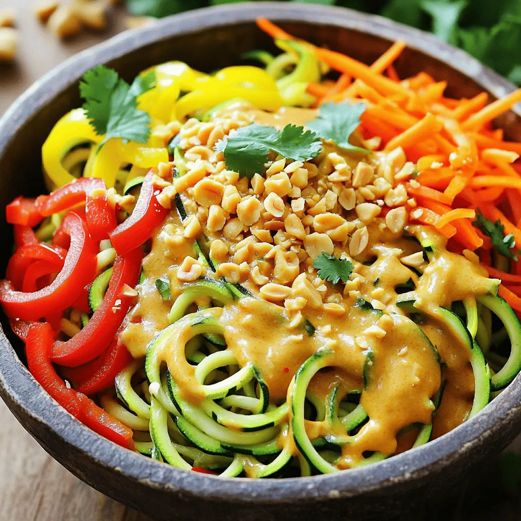 - 2 large zucchinis, spiralized - 1 cup fresh bean sprouts - 1 bell pepper, thinly sliced (for vibrant color, use a mix of red and yellow) - 1 medium carrot, julienned - 3 green onions, chopped (separate the white and green parts for layering flavors) - 1/2 cup unsalted peanuts, crushed for garnish - 2 tablespoons smooth peanut butter - 3 tablespoons low-sodium soy sauce - 1 tablespoon fish sauce (or substitute with coconut aminos for a vegan option) - Juice of 1 lime - 2 cloves garlic, minced - 1 tablespoon fresh ginger, minced - 1 tablespoon sesame oil for cooking - Red pepper flakes, to taste (optional for a spicy kick) - Fresh cilantro leaves for garnish (optional) Zucchini noodles are a great choice for health. They are low in calories and high in nutrients. Zucchini is rich in vitamins A and C. These vitamins boost your immune system. Zucchini also has antioxidants, which help fight cell damage. Plus, it has fiber that aids in digestion. This makes zucchini noodles a great option for weight loss. They keep you full without adding many calories. You can enjoy a delicious meal while still staying healthy. When you shop for vegetables, look for firm zucchinis. They should feel heavy for their size. The skin must be shiny and free from blemishes. Choose bright and colorful bell peppers. A mix of red and yellow adds fun to your dish. For carrots, select ones that are crisp and smooth. When picking green onions, look for fresh green tops. The white part should be firm. Fresh vegetables make your dish taste better and look great. Always try to buy local and seasonal for the best flavors. To start, you need to spiralize the zucchinis. Use a spiralizer or a julienne peeler. This step creates long, noodle-like strands. After spiralizing, place the noodles in a colander. Sprinkle a pinch of salt over them. Let them sit for about 10 minutes. This resting time helps draw out the excess moisture. After that, gently pat the noodles dry with paper towels. This helps keep your dish from becoming watery. Next, grab a large skillet or wok. Heat the sesame oil over medium heat until hot. Add the minced garlic and ginger right away. Sauté them for about 1 minute. Stir constantly until they become fragrant and golden. This step builds the base of your flavor. Now, add the sliced bell pepper, julienned carrot, and white parts of the green onions. Sauté this mix for 3 to 4 minutes. You want the veggies to soften slightly but stay bright and colorful. In a separate small bowl, whisk together the following ingredients until smooth: - 2 tablespoons smooth peanut butter - 3 tablespoons low-sodium soy sauce - 1 tablespoon fish sauce (or coconut aminos) - Juice of 1 lime Once your sauce is ready, pour it over the cooked veggies in the skillet. Make sure every ingredient gets coated. This ensures balanced flavor in every bite. Now, fold in the fresh bean sprouts. Cook for an additional 1 to 2 minutes. You want them heated through but still crunchy. This adds extra texture to the dish. Now you’re ready to plate your Zucchini Noodle Pad Thai! To get the best texture, start with fresh zucchini. Spiralize them and sprinkle salt over the noodles. Let them sit for about 10 minutes. This helps draw out extra water. After that, pat them dry with paper towels. This step keeps your dish from being watery. Cook them quickly in a hot pan. You want them warm and slightly firm, not mushy. For a tasty finish, add crushed peanuts on top. They give a nice crunch. Chopped green onions add color and flavor. Fresh cilantro brings a bright taste. If you like spice, sprinkle red pepper flakes for heat. A lime wedge on the side lets you add a tangy touch. Each garnish enhances the look and flavor of your dish. One mistake is overcooking the zucchini noodles. They should be firm and chewy. Another is not salting the noodles before cooking. This step helps keep them from getting soggy. Lastly, don't skip the resting time. It makes a big difference in texture. Following these tips will help you make a great Zucchini Noodle Pad Thai. For the complete recipe, check out the Full Recipe section. {{image_4}} You can easily make Zucchini Noodle Pad Thai vegan and gluten-free. Start by using coconut aminos instead of fish sauce. This swap keeps the dish tasty and vegan-friendly. Ensure your soy sauce is labeled gluten-free. You can add tofu to boost protein and texture. Use firm tofu for the best results. Just press it to remove excess water, then cube and pan-fry it until golden. Adding protein makes this dish even more filling. You can choose from tofu, chicken, or shrimp. For chicken, slice it thinly and cook it in the skillet before adding the veggies. Shrimp cooks quickly, too; add it just after the garlic and ginger. Add any protein you like, but make sure it’s cooked through for safety. If you enjoy heat, add red pepper flakes to the dish. Start with a pinch and taste as you go. You can also add sriracha or chili paste for more spice. For a sweeter flavor, mix in a bit of brown sugar or maple syrup. You can customize the sauce to fit your taste. Feel free to experiment with fresh herbs like basil or mint for a fresh twist. For the full recipe, be sure to check the complete guide above! Store leftover Zucchini Noodle Pad Thai in an airtight container. Make sure to cool it to room temperature first. Refrigerate it for up to three days. This helps keep the flavors fresh and your meal safe to eat. If you notice extra moisture, drain it before storing. To reheat, place the Pad Thai in a skillet over medium heat. Add a splash of water or soy sauce to keep it from drying out. Stir gently for about five minutes until heated through. This method keeps the zucchini noodles from becoming mushy. You can also use a microwave if you prefer. Heat in 30-second intervals, stirring in between until warm. You can freeze Zucchini Noodle Pad Thai for longer storage. First, let it cool completely. Then, portion it into freezer-safe bags or containers. Remove as much air as possible to prevent freezer burn. It can last for up to two months in the freezer. When you are ready to eat, thaw it overnight in the fridge. Reheat it on the stove or in the microwave. For a delicious meal, try the full recipe again! The best way to spiralize zucchini is by using a spiralizer. A spiralizer is a handy tool that makes perfect veggie noodles. If you don't have one, a julienne peeler works well too. Start by washing the zucchini. Cut off both ends and secure it in the spiralizer. Turn the handle to create long, noodle-like strands. After spiralizing, place the noodles in a colander, sprinkle salt, and let them sit for about ten minutes. This step helps remove excess water and keeps your dish from getting soggy. Yes, you can use other types of noodles. Traditional rice noodles work well in Pad Thai. You can also try whole grain or gluten-free noodles. Each option will change the dish's texture and taste. If you want to stay healthy, stick with whole foods like zucchini or other veggies. They add nutrients and keep the meal light. Zucchini noodles have a mild taste, which lets other flavors shine. They are softer than traditional noodles but still offer a nice bite. When cooked, they keep a slight crunch, adding freshness to your Pad Thai. Traditional noodles are chewier and heartier. Zucchini noodles provide a lighter, healthier meal without losing flavor. You’ll enjoy a delicious dish with fewer carbs, making it a great choice for anyone watching their diet. Check out the Full Recipe for a tasty experience! Zucchini noodles offer a tasty, healthy twist to your meals. We explored how to make them from fresh ingredients, prepared a flavorful sauce, and shared tips to avoid common mistakes. You can easily customize this dish with proteins and spices to suit your taste. Lastly, I provided storage tips for leftovers. Enjoy creating your zucchini noodle pad Thai, stay creative, and share your dishes with friends!
