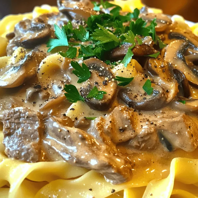 To make a delicious beef stroganoff, you need the following ingredients: - 500g beef sirloin, thinly sliced - 1 medium onion, finely chopped - 2 cloves garlic, minced - 250g mushrooms, sliced - 1 cup low sodium beef broth - 1 tablespoon Worcestershire sauce - 1 tablespoon soy sauce - 1 cup sour cream - 2 tablespoons all-purpose flour - 2 tablespoons olive oil - Salt and pepper, to taste - Fresh parsley, chopped (for garnish) - 300g egg noodles or fettuccine, cooked To prepare this dish, gather these tools: - Large skillet - Sharp knife - Cutting board - Measuring cups and spoons - Wooden spoon or spatula - Serving plates You can customize this recipe with these tips: - Use flank steak or tenderloin instead of sirloin for a different texture. - Swap sour cream for Greek yogurt for a lighter taste. - If you don’t have Worcestershire sauce, try balsamic vinegar as a substitute. - For a gluten-free option, use cornstarch instead of flour and gluten-free noodles. These notes help you adjust the recipe to fit your taste and needs. For a full recipe, check the link provided earlier. To make beef stroganoff, you need to follow a few simple steps. This dish comes together quickly. You will cook the beef, sauté the veggies, and make a creamy sauce. Each step builds flavor and texture. Start by heating 1 tablespoon of olive oil in a large skillet. Use medium-high heat. When the oil is hot, add 500g of thinly sliced beef. Season it with salt and pepper. Sear the beef for about 3-4 minutes. You want it to brown nicely. Once done, remove the beef from the skillet. Set it on a plate to keep warm. This step gives your stroganoff great flavor. In the same skillet, add 1 more tablespoon of olive oil. Toss in 1 medium chopped onion and 2 cloves of minced garlic. Sauté for about 2-3 minutes. You want the onion to be clear and fragrant. Next, add 250g of sliced mushrooms. Cook them for 5-6 minutes until they are soft. Now, sprinkle 2 tablespoons of flour over the onion and mushroom mix. Stir well to coat everything. Slowly pour in 1 cup of low sodium beef broth. Add 1 tablespoon each of Worcestershire sauce and soy sauce. Stir this mix continuously for about 5 minutes. You want it to thicken into a creamy sauce. Finally, return the seared beef to the skillet. Mix gently to coat it in the sauce. Lower the heat and stir in 1 cup of sour cream. Let it heat through. Adjust the seasoning with salt and pepper if needed. For the full recipe, you can refer back to the ingredients and instructions above. Enjoy your meal! To get the best beef in your stroganoff, follow these tips: - Use tender cuts like sirloin for a juicy bite. - Slice the beef thinly against the grain. This helps keep it tender. - Don’t overcrowd the pan when searing. This lets the beef brown well. - Sear the beef in batches if needed. This gives each piece its own space. Cooking beef well is key to a great dish. The sauce is what makes beef stroganoff special. Here are ways to boost its flavor: - Use low-sodium beef broth for a rich base. It keeps the salt level just right. - Add Worcestershire sauce for a savory depth. It brings out the umami. - A splash of soy sauce adds a nice touch of saltiness. - Always taste the sauce before serving. Adjust salt and pepper to your liking. These small tweaks make a big difference in flavor. Presentation matters for any meal. Here are some tips: - Serve the stroganoff hot, right from the skillet. - Garnish with chopped fresh parsley for a pop of color. - Use cracked black pepper on top for extra flavor. - Pair it with egg noodles or fettuccine for a hearty meal. These simple steps make your beef stroganoff look as good as it tastes. For the complete cooking process, check the Full Recipe. {{image_4}} You can make a great vegetarian or vegan stroganoff by swapping beef for mushrooms or lentils. Use hearty mushrooms like portobello or shiitake for that meaty texture. For a vegan option, replace sour cream with cashew cream or coconut cream. You can also use vegetable broth instead of beef broth. This gives you a creamy and rich sauce that everyone will love. If you want to try different proteins, chicken or turkey work well too. Simply replace the beef with thin slices of chicken breast or turkey. Cook them the same way and enjoy a lighter version of stroganoff. For a healthier twist, consider using tofu. Press and cube firm tofu, then sauté it until golden. This adds a great texture and absorbs the sauce flavors nicely. While egg noodles are classic, you can serve stroganoff on rice or mashed potatoes for a twist. Quinoa is another great option if you want something lighter. For a fun presentation, try serving it in baked potatoes. Just scoop out the insides, mix them into the stroganoff, and fill the skins. It makes for a hearty and satisfying meal. For the full recipe, check out the details above. To store your Beef Stroganoff leftovers, let the dish cool down. Place it in an airtight container. Make sure to keep it in the fridge. It will stay fresh for up to three days. If you think you won't eat it soon, consider freezing it. When you are ready to eat your leftovers, take them out of the fridge. You can reheat them on the stove or in the microwave. For the stove, place the stroganoff in a skillet over low heat. Stir it often until it is hot. If using the microwave, heat it in short bursts. Stir in between to make sure it warms evenly. If you want to freeze Beef Stroganoff, use a freezer-safe container. Leave some space at the top for expansion. You can freeze it for up to three months. Thaw it overnight in the fridge before reheating. This way, you get a tasty meal ready to enjoy anytime. For more details on making this delightful dish, check the Full Recipe. Beef Stroganoff came from Russia. It dates back to the 19th century. The dish features tender beef in a creamy sauce. It often includes mushrooms and onions. The name comes from a Russian noble family, the Stroganovs. They loved this dish, and it became popular. Over time, many countries added their own spin. You might find variations around the world today. Yes, you can make Beef Stroganoff ahead of time. This dish tastes great when reheated. Prepare the stroganoff and store it in the fridge for up to three days. When you want to eat, just reheat it on the stove. Add a splash of beef broth to keep it creamy. This way, you save time on busy days. Enjoy a homemade meal without the fuss! To make this recipe gluten-free, use gluten-free pasta or noodles. Replace all-purpose flour with gluten-free flour. You can also use cornstarch as a thickener. Make sure the beef broth and Worcestershire sauce are gluten-free. Many brands offer gluten-free options. With these simple changes, you can enjoy a tasty beef stroganoff that fits your needs! Check the Full Recipe for more details. In this post, we explored classic beef stroganoff. We covered ingredients, cooking tools, and helpful notes. I provided a step-by-step guide to cook your beef and creamy sauce. We also shared tips to improve taste and serve it well. For those wanting variety, vegetarian options and storage tips were included. Remember, practice makes perfect. With these steps, you can make a delicious stroganoff. Enjoy your cooking journey!