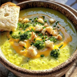 For this soup, fresh ingredients are key. You need: - 4 cups fresh broccoli florets - 1 medium onion, diced - 2 cloves garlic, minced Fresh broccoli gives your soup a bright flavor. The onion adds sweetness, while garlic gives it a warm kick. Each bite bursts with freshness. The creamy part makes this soup special. You will want: - 4 cups vegetable broth - 2 cups aged cheddar cheese, shredded - 1 cup heavy cream Vegetable broth brings depth. Aged cheddar adds a rich, tangy taste. Heavy cream makes it velvety and smooth, giving your soup that comforting feel. Seasoning brings all the flavors together. Include: - 2 tablespoons olive oil - 1 teaspoon salt - ½ teaspoon black pepper - ½ teaspoon smoked paprika Olive oil helps cook the aromatics. Salt and pepper enhance taste. Smoked paprika adds a unique smokiness, making your soup truly delightful. For the full process, check the Full Recipe and start cooking! Start by washing your broccoli florets well. This step is key for freshness. Next, dice the onion into small pieces. Mince the garlic cloves finely. These aromatics will add great flavor to your soup. In a large pot, heat the olive oil on medium heat. When the oil is warm, add the diced onion. Cook it for about 4-5 minutes. Stir often to keep it from browning. Once the onion is soft, add the minced garlic. Cook it for one more minute. You want it to smell great but not burn. Now, toss in the broccoli florets and pour in the vegetable broth. Let the soup simmer gently for about 15 minutes. The broccoli should become tender and bright green. After cooking, take the pot off the heat. Use an immersion blender to blend the soup. Blend until it is as smooth as you like. If you want chunks, leave some florets whole. Return the pot to low heat. Slowly stir in the heavy cream and then add the shredded cheddar cheese. Mix until the cheese melts and the soup is creamy. Lastly, season with salt, black pepper, and smoked paprika. Taste it and adjust if needed. Let it cool slightly before serving. For extra flair, check out the Full Recipe for presentation tips! To make your soup rich and smooth, use heavy cream. It adds depth and a velvety texture. Blend the soup well after cooking. An immersion blender is perfect for this job. If you want it extra creamy, add more cheese! Aged cheddar offers a deeper flavor, so don’t skimp on it. One common mistake is not cooking the broccoli long enough. Undercooked broccoli can ruin the soup's texture. Make sure to sauté the onions and garlic before adding broccoli. This step builds flavor. Also, avoid boiling the soup after adding cheese. This can cause it to become grainy. Keep the heat low to keep it smooth. To boost flavor, consider adding smoked paprika. It gives a nice, subtle smokiness. Fresh herbs, like chives, can brighten the dish. You can also sprinkle some red pepper flakes for heat. If you enjoy a tangy flavor, a splash of lemon juice works wonders. Serve it with croutons for crunch, and you have a delightful meal. For the complete process, check out the Full Recipe. {{image_4}} You can make a vegan version of this soup. Swap the heavy cream for coconut milk. This adds creaminess and a hint of sweetness. Use nutritional yeast instead of cheese for a cheesy flavor without dairy. Blend it well to ensure a smooth texture. Want to add some protein? Cooked chicken or crispy bacon works great. Simply stir in cooked, shredded chicken for a heartier dish. If you prefer bacon, fry it until crispy, then crumble it on top. Both options give the soup a lovely savory touch. You can also spice things up! A dash of hot sauce or cayenne pepper adds heat. Try adding fresh herbs like thyme or basil for extra flavor. For a smoky taste, include more smoked paprika. Experiment with your favorite spices to make it your own! Check out the Full Recipe to try these variations. After enjoying your cheddar broccoli soup, let it cool. Transfer it to an airtight container. You can keep it in the fridge for up to three days. Make sure to label the container with the date. This helps you know when to eat it. When you’re ready to enjoy the soup again, pour it into a pot. Heat it on low to medium heat. Stir it often to avoid sticking. If it seems too thick, add a little water or broth to thin it. You can also use a microwave for quick reheating. Just cover the bowl with a paper towel to prevent splatters. If you want to save the soup for later, freezing is a great option. Let the soup cool completely before freezing. Pour it into freezer-safe bags or containers. Leave some space at the top for expansion. It can last up to three months in the freezer. When you’re ready to eat it, thaw it in the fridge overnight. Then, reheat it as mentioned above. This way, you’ll have a warm, tasty meal ready when you need it! Yes, you can use frozen broccoli. It makes life easy. Frozen broccoli is often just as tasty. It cooks faster, too! Just add it to your pot like fresh broccoli. The soup will still be creamy and delicious. To thicken your soup, try a few methods. You can blend more of the soup. Use a potato masher for some chunks. Adding a cornstarch slurry works well, too. Mix cornstarch with cold water, then stir it in. Your soup will be thicker in no time! Cheddar broccoli soup pairs well with many sides. A warm, crusty bread is a great choice. You can also enjoy it with a fresh salad. For a fun twist, try it with grilled cheese sandwiches. These pairings make your meal even more special! This blog post covered all you need to make a great cheddar broccoli soup. We talked about fresh ingredients and the creamy base. You learned step-by-step how to prepare, cook, and blend the soup. Plus, I shared tips for the perfect creaminess and common mistakes to avoid. Experiment with variations like vegan options or adding proteins. Now, you can store and reheat leftovers easily. This soup is not only tasty but also fun to make. Enjoy your cooking adventures!